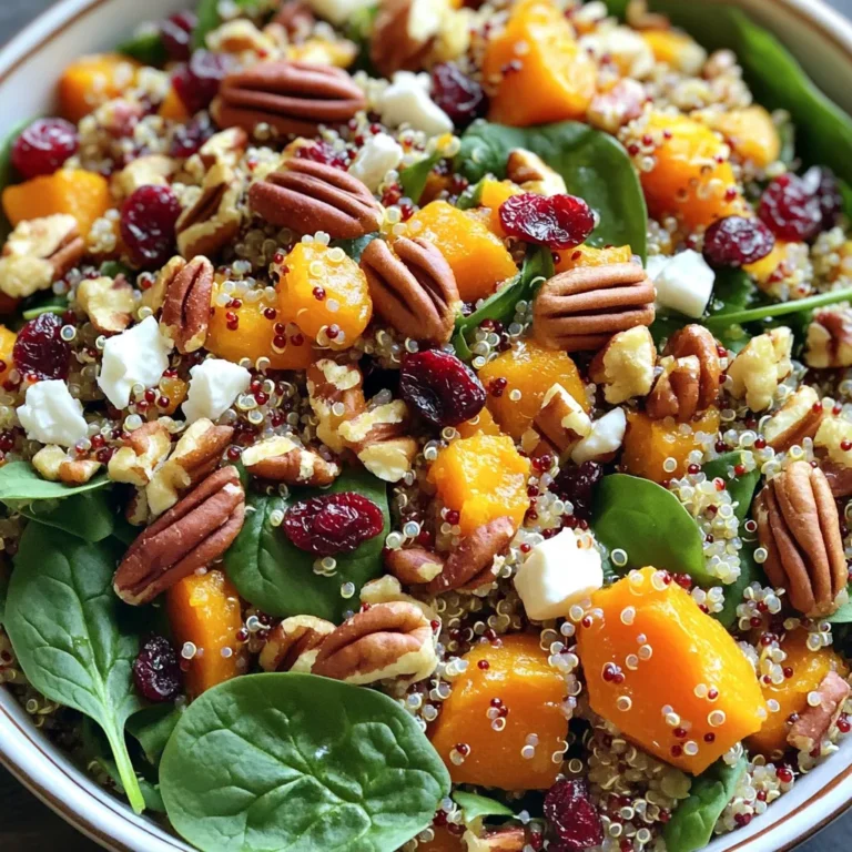 - 1 cup quinoa, rinsed - 2 cups vegetable broth - 1 small butternut squash, peeled and cubed - 2 tablespoons olive oil - Salt and pepper to taste - 1 teaspoon ground cinnamon - 1/2 cup dried cranberries - 1/2 cup feta cheese, crumbled - 1/4 cup chopped pecans, toasted - 1/4 cup red onion, finely chopped - 2 cups baby spinach - 2 tablespoons apple cider vinegar - 1 tablespoon maple syrup This hearty salad packs a nutritious punch. Each serving has about 350 calories. It has around 15 grams of fat, 10 grams of protein, and 50 grams of carbohydrates. The healthy fats come from olive oil and pecans, while quinoa boosts protein content. Add dried cranberries for a sweet touch and fiber. Eating this salad gives you a great mix of nutrients. Quinoa is a complete protein, meaning it has all nine essential amino acids. The butternut squash adds vitamins A and C. The spinach provides iron and calcium. This dish is perfect for a light lunch or dinner. 1. First, boil 2 cups of vegetable broth in a medium pot. 2. Once boiling, add 1 cup of rinsed quinoa. 3. Reduce the heat to low and cover the pot. 4. Let it simmer for about 15 minutes until all the liquid absorbs. 5. Fluff the quinoa with a fork and set it aside to cool. 1. Preheat your oven to 400°F (200°C). 2. Line a baking sheet with parchment paper. 3. Toss the cubed butternut squash with 1 tablespoon of olive oil, salt, pepper, and 1 teaspoon of ground cinnamon. 4. Spread the seasoned squash on the baking sheet in a single layer. 5. Roast the squash for 25 to 30 minutes. Toss it halfway for even cooking. 1. In a large bowl, mix the cooked quinoa with the roasted squash. 2. Add in 1/2 cup of dried cranberries, 1/2 cup of crumbled feta cheese, and 1/4 cup of chopped pecans. 3. Mix in 1/4 cup of finely chopped red onion and 2 cups of baby spinach. 1. In a small bowl, whisk together the remaining tablespoon of olive oil, 2 tablespoons of apple cider vinegar, and 1 tablespoon of maple syrup. 2. Pour the dressing over the quinoa salad. 3. Gently toss everything until well mixed. Adjust seasoning if needed. To make great quinoa, start by rinsing it well. Place the quinoa in a fine mesh strainer. Rinse it under cold water for about 1-2 minutes. This removes the bitter coating called saponin. After rinsing, it’s time to cook. Once the quinoa is cooked, fluff it for the best texture. Use a fork to gently stir the quinoa. This helps separate the grains, making them light and fluffy. Roasting the butternut squash brings out its natural sweetness. To achieve caramelization, cut the squash into even cubes. Toss the cubes with olive oil, salt, and cinnamon. Spread them in a single layer on the baking sheet. This allows them to roast evenly. For even roasting, toss the squash halfway through cooking. This ensures all sides get that perfect golden color. Keep an eye on them. You want them tender and slightly browned. Garnishing your salad makes it pop! Add extra pecans and a sprinkle of feta on top. This not only looks nice but adds more flavor. You can also add fresh spinach leaves for a splash of color. When serving, use a large, shallow bowl. This allows everyone to see the beautiful layers of the salad. Enjoy your Harvest Quinoa Salad fresh or after chilling for 30 minutes. This helps the flavors blend nicely. {{image_2}} You can easily swap ingredients in this harvest quinoa salad. Here are some fun ideas: - Substitute with other grains: Instead of quinoa, try farro, bulgur, or brown rice. Each grain adds a unique texture. - Cheese alternatives: If you want to skip feta, use goat cheese, or leave it out for a vegan option. Boost the flavor of your salad with these simple changes: - Spices and herbs to try: Add a dash of nutmeg or thyme for extra warmth. Fresh herbs like parsley or cilantro can also brighten the dish. - Switch up the dressing: Instead of apple cider vinegar, use balsamic vinegar for a sweet twist. You can also add a squeeze of lemon juice for freshness. To keep your Harvest Quinoa Salad fresh, refrigerate it right away. Place it in an airtight container. This helps lock in moisture and flavor. Make sure the salad cools before sealing the container. Glass or BPA-free plastic containers work best for storage. You can keep the salad in the fridge for up to three days. After that, the ingredients may lose freshness. Check for any signs of spoilage before eating. If it looks or smells off, throw it away. Freezing this salad is a bit tricky. Quinoa can freeze well, but the veggies may not. If you want to freeze it, separate the dressing and salad. Place the salad in a freezer-safe bag or container. Press out as much air as possible. To thaw, move it to the fridge overnight. When ready, mix in the fresh dressing for best taste. Yes, you can prepare this salad ahead of time. You can cook the quinoa and roast the butternut squash a day in advance. Store them in the fridge. When ready to serve, just mix everything together. This allows the flavors to meld beautifully. If you do not have butternut squash, you can use sweet potatoes or pumpkin. Both options add a sweet flavor. You can also try roasted carrots for a different twist. Yes, this salad is gluten-free. Quinoa is a great grain for those avoiding gluten. Just make sure to check your vegetable broth for gluten-free labeling. Absolutely! You can serve this salad warm or cold. If you prefer it warm, mix the roasted squash and quinoa right after cooking. It makes a cozy meal. To make this salad vegan, simply leave out the feta cheese. You can add more nuts or seeds for extra protein. Nutritional yeast can also give a cheesy flavor without dairy. This blog post covered a tasty quinoa salad with roasted butternut squash. We explored key ingredients, preparation steps, and tips for perfecting the dish. I shared ways to store leftovers and offered fun variations to mix it up. You can enjoy this salad warm or cold. Each bite is packed with flavor and nutrients. So grab your ingredients and try this recipe today. You won't regret it!