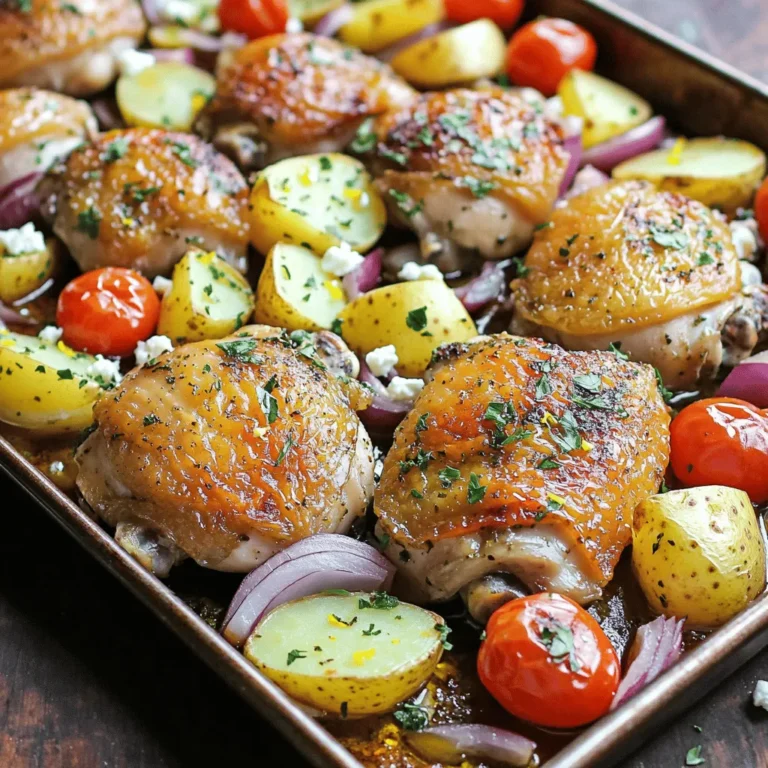 - Chicken and Potatoes - 4 chicken thighs, skin-on and bone-in - 4 medium Yukon Gold potatoes, cut into wedges - Vegetables and Seasonings - 1 red onion, cut into wedges - 1 cup cherry tomatoes, halved - 3 cloves garlic, minced - 2 tablespoons olive oil - 1 tablespoon dried oregano - 1 teaspoon smoked paprika - 1 teaspoon lemon zest - Salt and black pepper to taste - Optional Garnishes - Fresh parsley, chopped - 2 tablespoons feta cheese, crumbled Marinade Preparation To start, mix your marinade. Grab a large bowl and add: - 2 tablespoons olive oil - 3 cloves garlic, minced - 1 tablespoon dried oregano - 1 teaspoon smoked paprika - 1 teaspoon lemon zest - Salt and black pepper to taste Whisk these together until they blend well. This marinade packs a punch! Marinating Time Recommendations Add 4 chicken thighs to the bowl. Make sure each piece is coated. Let the chicken marinate for at least 15 minutes. For deeper flavor, marinate overnight in the fridge. Cutting and Seasoning Potatoes and Onions Now, let’s prepare the veggies. Take 4 medium Yukon Gold potatoes and cut them into wedges. Also, cut 1 red onion into wedges. Place them in a large bowl. Drizzle with a bit of olive oil, salt, and pepper. Toss them to coat. Arranging Ingredients on the Sheet Pan Spread the seasoned potatoes and onions evenly on a large sheet pan. This ensures they roast nicely. Place the marinated chicken thighs on top. Scatter 1 cup of halved cherry tomatoes around the chicken and potatoes for extra color and flavor. Oven Temperature Guidelines Preheat your oven to 425°F (220°C). A hot oven is key for crispy skin and tender potatoes. Cooking Time and Checking Doneness Bake the sheet pan for 35-40 minutes. Check the chicken's internal temperature; it should reach 165°F (75°C). The potatoes should be golden and soft. For extra crispy skin, broil for 2-3 minutes at the end. Let it rest for 5 minutes after baking. This step helps the juices settle. Marinade Variations You can change the marinade to fit your taste. Try adding lemon juice for more zing. You can also mix in yogurt for a creamy touch. For a kick, add crushed red pepper flakes. Each option gives the chicken a new life. Using Fresh vs. Dried Herbs Fresh herbs add bright notes to your dish. You can use fresh oregano, thyme, or parsley. If fresh herbs aren’t available, dried herbs work well too. Just remember to use less dried than fresh. Dried oregano is bold, so a little goes a long way. Broiling for Crispy Skin To get crispy chicken skin, broil it at the end. After baking, set your oven to broil. Watch it closely for 2-3 minutes. This step crisps up the skin, making every bite delicious. Ensuring Even Cooking For even cooking, cut the potatoes into similar sizes. Place them in a single layer on the pan. This ensures they cook through and become golden. Use a meat thermometer to check the chicken. It should reach 165°F (75°C) for safety. Plating Options You can serve this dish right from the sheet pan. It gives a rustic look that everyone loves. If you want a more formal look, transfer it to a large platter. Garnish with fresh herbs and lemon wedges for color. Accompaniments for a Complete Meal Pair this dish with a simple green salad. A light tzatziki sauce also complements the flavors well. For added carbs, serve with warm pita bread. This makes the meal feel complete and satisfying. {{image_2}} You can easily change the chicken cuts. Try chicken breasts or drumsticks. Both options work well and bring new textures. If you want leaner meat, use skinless chicken. You can also switch up the vegetables. Instead of Yukon Gold potatoes, try sweet potatoes or red potatoes. They add different flavors and colors. You can include bell peppers or zucchini for extra nutrients. For a Mediterranean twist, add Kalamata olives. They give a salty bite that pairs well with chicken. Just toss them on the sheet pan before baking. If you want some heat, sprinkle red pepper flakes on the chicken. This adds a nice kick. You could also use cayenne pepper for stronger spice. Adjust the amount to fit your taste. To keep your leftovers fresh, use proper storage containers. Airtight glass or plastic containers work best. This helps maintain flavor and prevents spills. For refrigeration, store the chicken and potatoes in the fridge. They stay good for about 3-4 days. If you want to keep them longer, freezing is a great option. You can freeze the cooked dish for up to 3 months. Just make sure to cool it first before freezing. When reheating, the best methods are the oven or skillet. These methods help keep the chicken juicy and the potatoes crispy. Avoid the microwave if you can. Microwaving can make the potatoes soggy. If you use the oven, set it to 350°F (175°C). Place the chicken and potatoes on a baking sheet. Heat for about 15-20 minutes, or until warmed through. For the skillet, add a little oil and heat over medium heat. This way, you can keep that savory flavor intact. You can marinate the chicken for at least 15 minutes. For more flavor, I suggest marinating it overnight. This longer time helps the spices soak into the meat. It makes every bite tasty and juicy. Yes, this recipe is naturally gluten-free. All the main ingredients, like chicken, potatoes, and veggies, do not contain gluten. Just check any additional ingredients, like spices, to be sure they are gluten-free. This meal goes well with many sides. Here are some ideas: - Greek salad for freshness - Tzatziki sauce for a creamy dip - Grilled veggies for extra color - Quinoa for a healthy grain option These sides add more flavor and balance to your meal. Yes, you can use skinless chicken thighs. They cook well and still taste great. Just keep in mind that skin-on thighs give more crispiness and flavor. If you use skinless, adjust the cooking time to avoid drying them out. Absolutely! You can use other types of potatoes, like red or fingerling potatoes. Just cut them into wedges similar to Yukon Gold. Each type adds its unique taste and texture. Enjoy experimenting with different potatoes! This blog covered an easy and tasty sheet pan recipe for Greek chicken and potatoes. You learned about ingredients, prep steps, and cooking tips. You also saw fun variations to keep your meals fresh. Remember, marinating adds flavor, and using fresh herbs boosts taste. Store leftovers properly to enjoy them later. With these steps, you can create a healthy and delicious meal every time. Now, it’s time to put what you learned into action and enjoy your cooking!