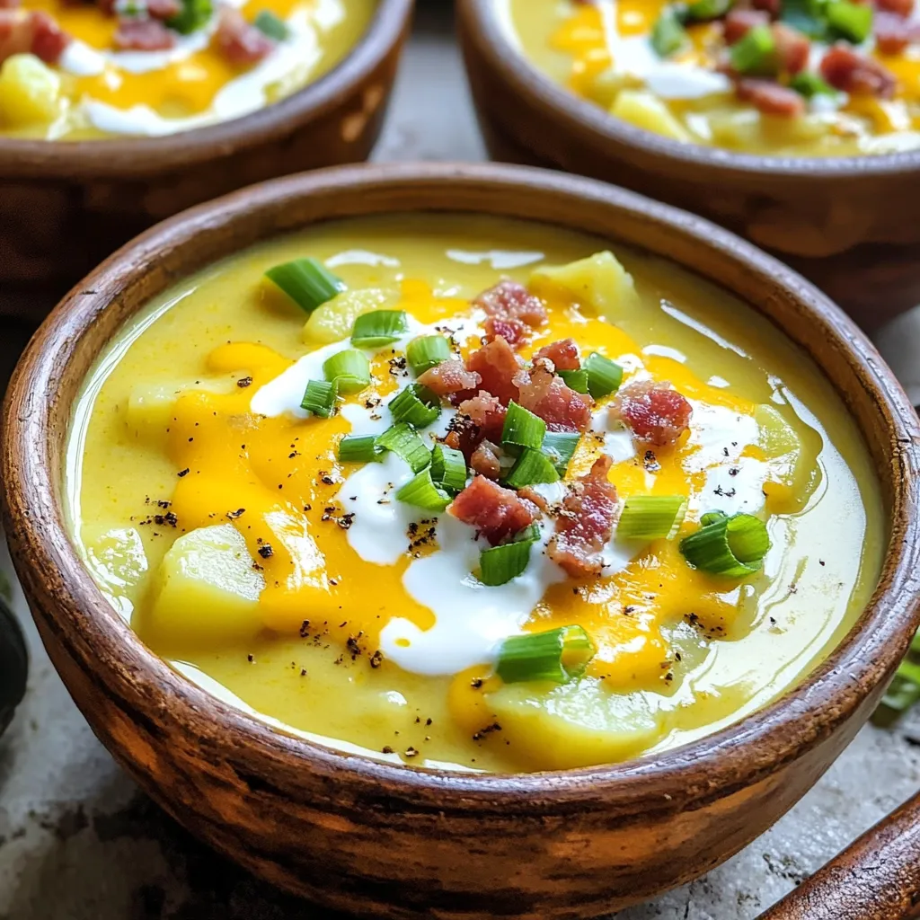 - 4 large russet potatoes, peeled and diced - 1 medium onion, chopped - 3 cloves garlic, minced - 4 cups vegetable broth - 1 cup shredded sharp cheddar cheese - 1 cup heavy cream (or coconut cream) - 6 slices of cooked turkey bacon, crumbled - 1/4 cup green onions, sliced - 1 teaspoon dried thyme - 1 teaspoon smoked paprika - Salt and pepper to taste The main ingredients form the heart of this loaded potato soup. I love using russet potatoes for their creamy texture. Peel and dice them into even pieces. This helps them cook evenly in the slow cooker. The chopped onion adds sweetness. Minced garlic gives a nice kick to the soup. Together, they create a flavor base that makes your soup shine. Don’t forget the vegetable broth! It brings everything together. The broth adds depth and richness. Now, let’s talk about cheese. Sharp cheddar cheese is my go-to. It melts perfectly, adding that creamy, cheesy goodness you crave. If you want a lighter option, go for coconut cream instead of heavy cream. It works well and keeps the soup rich. For those who love a little crunch, add crumbled turkey bacon on top. Green onions not only add flavor but also a pop of color. Finally, season with dried thyme and smoked paprika. They bring out the best in your soup. Add salt and pepper to taste, and you’re ready to cook! - Peel and dice the russet potatoes. - Chop the onion and mince the garlic. Start by peeling the russet potatoes. Use a sharp knife to cut them into small cubes. This helps them cook evenly. Next, chop the onion into small pieces. Then, mince the garlic. You want it fine to release its full flavor. - Add ingredients to the slow cooker. - Set cooking time on low or high. Now it’s time to build your soup. Take your slow cooker and add the diced potatoes, chopped onion, and minced garlic. Pour in the vegetable broth. This will be the base of your soup. Sprinkle in the dried thyme, smoked paprika, salt, and pepper. Stir it all well. Cover the slow cooker. If you’re in a hurry, set it on high for 3-4 hours. For a slow and cozy cook, choose low for 6-8 hours. - Mash or blend potatoes to desired consistency. - Stir in cream and cheddar until melted. Once the cooking time is up, it’s time to finish the soup. Use a potato masher or an immersion blender to mash some of the potatoes. You want some chunks for texture. Next, slowly stir in the heavy cream and shredded cheddar cheese. Mix until the cheese melts into the soup. Taste it and adjust the seasoning if needed. Your loaded potato soup is now ready to be served! Using an immersion blender makes the soup smooth and creamy. It is easy to use and clean. If you prefer a chunkier texture, use a potato masher instead. It lets you control the creaminess. Chop the potatoes, onion, and garlic into even sizes. This helps them cook evenly. Small, uniform pieces cook faster and blend well. Taste your soup before serving. Adjust the seasoning to fit your taste. If you like it spicier, add more smoked paprika or black pepper. For a milder flavor, reduce the spices. To make the soup creamier, add more heavy cream. If you want a lighter option, use coconut cream instead. It gives a nice flavor without the heaviness. Serve the soup in rustic bowls. Top with extra cheddar cheese and sliced green onions. This adds color and makes it look appetizing. Pair the soup with crusty bread. It’s perfect for dipping. You can also serve a side salad for a refreshing touch. Enjoy! {{image_2}} You can change the cheese in this soup. Instead of sharp cheddar, try gouda, mozzarella, or pepper jack. Each cheese brings a new taste and texture. If you want a lighter option, replace heavy cream with coconut cream or cashew cream. This keeps the soup creamy without the dairy. You can add more vegetables for extra flavor. Try carrots, celery, or even spinach. These add nutrients and color. If you want protein, shredded chicken works well. It makes the soup heartier. Cooked bacon or sausage can also add a smoky taste. For those who want a vegan or dairy-free soup, use vegetable broth and coconut cream. You can skip cheese or use a dairy-free cheese alternative. If you are following a low-carb diet, swap potatoes for cauliflower. This keeps the soup creamy while reducing carbs. After you enjoy your loaded potato soup, let it cool down. Pour it into an airtight container. This keeps your soup fresh. Store it in the fridge for up to four days. Check it for any signs of spoilage before you eat. To freeze the soup, pour it into freezer-safe bags. Remove as much air as you can before sealing. Label the bags with the date. You can freeze the soup for up to three months. When you’re ready to eat it, thaw the soup overnight in the fridge. For the best taste, reheat the soup on the stove. Use low heat and stir often. This helps it warm evenly. If you want to use a microwave, do it in short bursts. Stir between each burst to avoid hot spots. To prevent separation, add a splash of cream while reheating. This keeps the soup smooth and creamy. Yes, you can make this soup on the stovetop. The process is a bit faster. You’ll need to adjust the cooking time. In a pot, cook the soup over medium heat for about 30 to 40 minutes. Stir often and check if the potatoes are soft. You want them to be tender but not mushy. Once cooked, mash a few potatoes for texture. Then, stir in the cream and cheese. This method offers a quick way to enjoy your soup. If you want a thicker soup, there are a few options. First, you can mash more potatoes. This will add body without changing the taste. Another option is to add a slurry. Mix a tablespoon of cornstarch with cold water. Stir this mix into your soup and let it simmer until thickened. You can also reduce the amount of broth you use. Just remember to taste as you go. Keeping the flavor is key while thickening your soup. Absolutely! To make it dairy-free, you can swap the heavy cream for coconut cream. It gives a smooth texture and adds a hint of sweetness. For cheese, try using a dairy-free cheese alternative. There are many options available today. Just ensure they melt well. You can also add nutritional yeast for a cheesy flavor without dairy. These swaps will keep your soup creamy and delicious while meeting your dietary needs. This loaded potato soup is a simple and hearty meal. We covered the main ingredients, step-by-step instructions, and some handy tips. You can adapt the recipe to your taste. Consider adding toppings or trying different cheeses. Storing the soup is easy, too. Just follow the guidelines for refrigeration or freezing. Whether you’re cooking for family or yourself, this soup will warm your heart. Enjoy your cooking adventure, and don’t hesitate to make it your own.