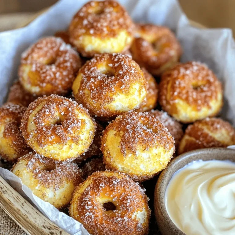 Here’s what you need to make air fryer cinnamon sugar pretzel bites: - 1 cup warm water (110°F/45°C) - 2 tablespoons granulated sugar - 2 teaspoons active dry yeast - 2.5 cups all-purpose flour - 1 teaspoon salt - ½ teaspoon baking soda - ¼ cup unsalted butter, melted - ½ cup granulated sugar (for coating) - 1 tablespoon ground cinnamon - Coarse sea salt (for sprinkling) These simple ingredients come together to create a delightful treat. The warm water helps activate the yeast. Sugar and yeast work together to make the dough rise. Flour forms the base of the pretzel, while salt enhances the flavor. Baking soda gives a nice texture. Butter adds richness, and the cinnamon sugar mixture makes it sweet and tasty. Finally, coarse sea salt gives a perfect finish. Gather your ingredients, and let’s start making these pretzel bites! To start, mix 1 cup of warm water at 110°F with 2 tablespoons of sugar and 2 teaspoons of active dry yeast. Stir gently and let it sit for about 5 to 10 minutes. You will see it froth up, which means the yeast is active and ready to go. This step gives your pretzel bites that nice rise. Next, add 2.5 cups of all-purpose flour and 1 teaspoon of salt to the yeast mix. Stir until the dough forms. Now, take the dough out and knead it on a floured surface for about 5 minutes. You want it smooth and elastic. This process helps develop the gluten, which gives the dough its chewy texture. Once kneaded, place the dough in a greased bowl. Cover it with a cloth and let it rise in a warm place for about 1 hour. You want it to double in size. This step is crucial for fluffy pretzel bites. While the dough rises, prepare the cinnamon sugar. In a small bowl, mix together ½ cup of granulated sugar with 1 tablespoon of ground cinnamon. Set this aside. This mix will add a sweet touch that makes your pretzel bites irresistible. After the dough has risen, punch it down to release the air. Divide it into 8 equal pieces. Roll each piece into a rope about 1 inch thick. Then, cut each rope into bite-sized pieces, around 1 to 2 inches long. This makes them perfect for snacking. Now, prepare a baking soda bath by mixing ½ teaspoon of baking soda with about 2 cups of warm water. Dip each pretzel bite in this solution for a few seconds. This step gives them that classic pretzel flavor and color. After that, place them on a plate. Brush each bite with melted butter, then sprinkle them with the cinnamon sugar mixture. Finally, preheat your air fryer to 350°F. Place the pretzel bites in the basket, leaving space for air to flow. Fry them for about 5 to 6 minutes, or until they turn golden brown. You may need to do this in batches. Once they are done, take them out and sprinkle with coarse sea salt while they are still warm. Enjoy these tasty treats! To knead dough well, use your palms. Push the dough, fold it, and turn it. Do this for about five minutes. The dough should feel smooth and elastic when ready. You will know it is ready when it springs back when poked. If it sticks to your hands, add a little flour. Always preheat your air fryer to 350°F before cooking. This step helps your pretzel bites cook evenly. Place the bites in the basket, but leave space between them. This space allows hot air to flow and cook all sides well. If you put too many in at once, they may not cook evenly. For a nice look, serve the pretzel bites warm in a basket. Line the basket with parchment paper for style. You can add a small bowl of cream cheese icing or chocolate sauce for dipping. This adds flavor and fun to your snack. Enjoy every bite! {{image_2}} You can jazz up these pretzel bites in fun ways. Try adding chocolate chips for a sweet twist. You can also toss in some nuts for extra crunch. Experiment with spices too. Adding nutmeg or cardamom can give your bites a unique flavor. Want a healthier version? Use whole wheat flour instead of all-purpose flour. It adds fiber and nutrients. You can also cut back on sugar in the coating. Try using just a quarter cup of sugar to still get that sweet taste. If you need gluten-free options, use a gluten-free flour blend. This will work great in the recipe. For vegan substitutions, swap regular butter with plant-based butter. You can also use coconut oil for a nice flavor. These changes keep the bites tasty for everyone! To keep your pretzel bites fresh, let them cool completely. Place them in an airtight container. This helps lock in moisture and keeps them tasty. You can store them in the fridge for up to three days. If you want to keep them longer, consider freezing them. Reheating pretzel bites is easy. The best method is to use an air fryer. Preheat the air fryer to 350°F. Place the bites in a single layer. Heat for about 3-4 minutes until warm and crispy. You can also use a microwave, but they may get soft. To keep them crispy, wrap them in a paper towel before microwaving. To freeze pretzel bites, let them cool completely first. Place them in a single layer on a baking sheet. Freeze for about an hour until firm. Then, transfer the bites to a freezer bag or container. They can stay frozen for up to three months. When ready to eat, thaw in the fridge overnight. Reheat in the air fryer for the best texture. Yes, you can make these pretzel bites ahead of time. After shaping them, place the bites on a baking sheet. Freeze them for about 1 hour until firm. Then, transfer them to a freezer bag. When you're ready to enjoy them, just air fry straight from the freezer. You may need to add a couple of minutes to the cooking time. If you don’t have an air fryer, you can bake them in an oven. Preheat your oven to 425°F (220°C). Place the pretzel bites on a greased baking sheet. Bake for 10-12 minutes or until golden brown. Remember to brush them with melted butter and sprinkle with cinnamon sugar right after baking for the best flavor. Your pretzel bites are done when they turn a nice golden brown color. They should feel firm to the touch and have a slight bounce back when pressed. Make sure to check them at the 5-minute mark. If they look close to being done, check every minute until they reach that perfect color. Serve your cinnamon sugar pretzel bites warm. Place them in a basket lined with parchment paper for a cozy look. You can add a small bowl of cream cheese icing or chocolate sauce on the side for dipping. This will take your pretzel bites to the next level! Yes, you can use instant yeast instead of active dry yeast. The amount is the same, so use 2 teaspoons. You don’t need to activate instant yeast in warm water. Just mix it directly with the flour and salt. This makes your prep even quicker! Making cinnamon sugar pretzel bites is fun and simple. You start with easy ingredients like flour, sugar, and yeast. Then, follow clear steps to make the dough and shape the bites. Activating the yeast and letting the dough rise is key. Air frying gives them a crispy finish. In the end, enjoy your tasty treats with dips of your choice. Don't forget to share your creations with friends. Cooking can be rewarding, and these pretzel bites are a perfect start!
