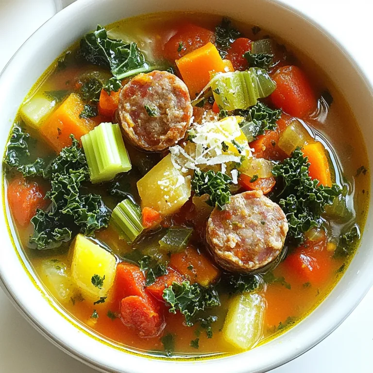 To make a tasty Tuscan Sausage Soup, you'll need these core ingredients: - 1 pound Italian sausage (mild or spicy) - 1 medium onion, diced - 2 cloves garlic, minced - 3 medium carrots, sliced - 2 celery stalks, diced - 4 cups vegetable broth - 1 can (14 oz) diced tomatoes with Italian herbs - 1 can (15 oz) cannellini beans, drained and rinsed - 2 cups kale or spinach, chopped - 1 teaspoon dried oregano - 1 teaspoon dried basil - Salt and pepper to taste - 2 tablespoons olive oil - 1 lemon, juiced - Grated Parmesan cheese for serving (optional) When choosing Italian sausage, look for high-quality ones. Fresh sausage will have a nice aroma and firm texture. Check the label for real herbs and spices. Avoid options with fillers or preservatives. You can add more veggies or proteins to the soup. Consider: - Bell peppers for sweetness - Zucchini for a mild taste - Potatoes for heartiness If you want to make it vegetarian, substitute sausage with plant-based options like lentils or mushrooms. You can also use vegetable broth instead of chicken broth for a rich flavor. To enhance the flavor, use these herbs and spices: - Fresh basil for a bright touch - Red pepper flakes for heat - Thyme for an earthy taste For garnishing, consider these options: - Grated Parmesan cheese to add creaminess - Chopped fresh parsley for color - A drizzle of olive oil for a rich finish These ingredients and tips help you create a hearty Tuscan Sausage Soup that warms your soul. Enjoy the cooking process and make it your own! First, gather all your ingredients. This makes cooking easier. Here’s how to prepare them: - Dice 1 medium onion. - Mince 2 cloves of garlic. - Slice 3 medium carrots. - Dice 2 celery stalks. - Rinse and drain 1 can (15 oz) of cannellini beans. - Chop 2 cups of kale or spinach. For knife skills, hold the knife firmly. Cut in a steady motion. Practice rocking the knife back and forth for faster cuts. Always keep your fingers tucked in to avoid cuts. Now, let’s start cooking! Follow these steps carefully: 1. Heat 2 tablespoons of olive oil in a large pot over medium heat. 2. Add the Italian sausage. Break it apart with a spoon. Cook for 6-8 minutes until it's browned. Remove it and set aside. 3. In the same pot, add the diced onion, carrots, and celery. Sauté for 5 minutes until they soften. 4. Add the minced garlic. Sauté for about 1 minute until fragrant. 5. Stir in the diced tomatoes (with juices) and 4 cups of vegetable broth. Add the cooked sausage back in. Bring to a gentle simmer. 6. Add the drained cannellini beans, 1 teaspoon of oregano, and 1 teaspoon of basil. Season with salt and pepper. Let it simmer for 15 minutes. 7. Stir in the chopped kale or spinach. Cook for another 5 minutes until the greens wilt. To finish the soup, squeeze in the juice of 1 lemon. This adds brightness and flavor. Taste the soup and adjust the seasoning as needed. Serve the soup hot. You can garnish with grated Parmesan cheese if you like. Enjoy this hearty dish! What are common mistakes to avoid while making Tuscan Sausage Soup? Avoid overcooking the vegetables. This can make them mushy. Sauté carrots and celery until just soft. Another mistake is using low-quality sausage. Good sausage adds rich flavor to the soup. Keep an eye on the seasoning too. Taste as you go. Adjust salt and pepper for best results. How do you ensure the soup has a deep flavor? Start by browning the sausage well. This step adds a lot of flavor. Use fresh garlic and herbs. Fresh ingredients really make a difference. Adding a squeeze of lemon juice at the end brightens the taste. Simmering the soup longer allows the flavors to meld beautifully. What are the best side dishes or breads to pair with the soup? Crusty bread is perfect for dipping. Try a warm baguette or focaccia. A simple green salad also balances the meal well. For an extra treat, serve with garlic bread. It adds flavor and texture to the soup. What are the ideal occasions or seasons for serving Tuscan Sausage Soup? This soup shines in fall and winter. It warms you up on chilly days. Serve it at family gatherings or cozy dinners. It’s also great for casual get-togethers. Everyone loves a hearty bowl of soup. How do you store leftover soup properly? Let the soup cool completely before storing. Transfer it to an airtight container. It will last in the fridge for up to three days. Always label the container with the date. What are the freezing guidelines and reheating methods? You can freeze the soup for up to three months. Use freezer-safe containers or bags. When ready to eat, thaw it overnight in the fridge. Reheat on the stove over low heat. Stir often to heat evenly. Enjoy your homemade soup anytime! {{image_2}} You can change the sausage in this soup. Try chicken or turkey for a lighter option. Plant-based sausage works well too if you prefer a meatless option. It adds great flavor without the fat. Switch up the greens as well. While kale is traditional, Swiss chard or collard greens can add a nice twist. Both bring a soft texture and a bit of sweetness. They also boost the soup's nutrients. Want to spice things up? Add red pepper flakes for a kick. Start with a small amount. You can always add more if you like heat. For a creamier soup, stir in some heavy cream or coconut milk. If you prefer chunkier textures, add more vegetables or reduce the broth a bit. Each choice changes the soup's feel without losing its heartiness. You can bring in flavors from other cuisines to make this soup unique. Try adding Mediterranean herbs like rosemary or thyme for a different taste. Some cultures have their own versions of Tuscan soup. For example, a Spanish twist might include smoked paprika or chorizo. Exploring these variations can give you a new favorite. Tuscan Sausage Soup is hearty and satisfying. Each serving has about 350 calories. The key ingredients in this soup provide great nutrition. The Italian sausage adds protein and flavor. Cannellini beans give fiber and help keep you full. Kale or spinach adds vitamins and minerals, making this soup a well-rounded meal. This soup offers many health benefits. It is rich in protein from the sausage and beans. Beans also support heart health with their fiber content. Leafy greens like kale or spinach are full of vitamins A, C, and K. These nutrients boost your immune system and keep your bones strong. The tomatoes add antioxidants, which help fight free radicals in your body. You can easily adapt this soup to fit many diets. For a gluten-free version, just ensure your broth is gluten-free. If you want a low-carb option, you can skip the beans or use fewer carrots. A good serving size for most diets is one bowl, about 1.5 cups. This portion keeps it satisfying without going overboard. What can I use instead of Italian sausage in this recipe? You can use other types of sausage, like chicken or turkey sausage. For a vegetarian option, try plant-based sausage. You could also use ground beef or pork if you prefer. These options will change the flavor but can still taste great in the soup. Can I make Tuscan Sausage Soup in a slow cooker? Yes, you can make this soup in a slow cooker! Brown the sausage first, then add all ingredients to the slow cooker. Cook on low for 6-8 hours or on high for 3-4 hours. It will be just as tasty! How long does it take to cook Tuscan Sausage Soup from start to finish? The total time to cook this soup is about 45 minutes. You will spend 15 minutes prepping and 30 minutes cooking. This includes simmering the soup to blend all the flavors. Can I prepare the soup in advance of serving? Yes, you can prepare the soup in advance. It tastes even better after sitting for a day. Just reheat on the stove or in the microwave before serving. How long will Tuscan Sausage Soup last in the fridge? Tuscan Sausage Soup will last about 3-4 days in the fridge. Make sure to store it in an airtight container to keep it fresh. Is it safe to freeze Tuscan Sausage Soup? Yes, it is safe to freeze this soup. Let it cool completely before freezing. Use freezer-safe containers or bags. It will stay good for about 2-3 months in the freezer. When ready to eat, thaw it in the fridge overnight and reheat on the stove. Tuscan Sausage Soup is rich in flavor and easy to make. We covered core ingredients, tips for selecting quality sausage, and options for dietary needs. I shared steps to prepare and cook the soup, along with ways to enhance its taste and serve it well. You can explore variations to fit your tastes and dietary restrictions. This soup holds many health benefits and can be adjusted for your needs. Enjoy trying this comforting dish, knowing you can make it your own.