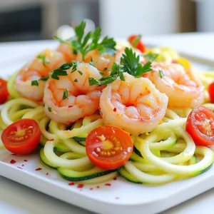 - 1 pound large shrimp - 4 medium zucchini - 1 lemon - 4 cloves garlic - Red pepper flakes - Olive oil - Salt and pepper - Fresh parsley - 1 cup cherry tomatoes - 1/2 teaspoon smoked paprika To make Lemon Garlic Shrimp with Zoodles, you need fresh ingredients. Start with 1 pound of large shrimp. I love using shrimp that is peeled and deveined for ease. Next, grab 4 medium zucchinis. These will be spiralized into zoodles, giving the dish a fun twist. A zesty lemon adds brightness. Use both the zest and juice for the best flavor. Then, you’ll need 4 cloves of garlic, minced finely. Garlic adds a lovely aroma and depth. For seasoning, gather red pepper flakes. They give a nice kick, but you can adjust the amount based on your taste. Olive oil is key to keeping everything moist. Don’t forget salt and pepper for basic seasoning. Fresh parsley adds a pop of color and flavor at the end. If you want to enhance the dish, I suggest 1 cup of halved cherry tomatoes. They add sweetness and juiciness. Lastly, 1/2 teaspoon of smoked paprika gives a subtle smokiness that pairs well with shrimp. With all these ingredients, you’re set to create a delightful and healthy meal! First, preheat your oven to 400°F (200°C). This ensures even cooking. Next, spiralize the zucchini into zoodles. You can use a spiralizer or a vegetable peeler. Set the zoodles aside. Now, take the shrimp. Make sure they are peeled and deveined for best results. In a large bowl, combine the shrimp with lemon juice, lemon zest, minced garlic, olive oil, red pepper flakes, smoked paprika, salt, and pepper. Mix well to coat the shrimp evenly. This step is key for flavor. Let the shrimp marinate for 10-15 minutes. This allows the flavors to sink in deeply. Spread the marinated shrimp on a large sheet pan. Make sure to arrange them in a single layer for even cooking. Next, add the halved cherry tomatoes around the shrimp. Roast this mixture in your preheated oven for 8-10 minutes. You want the shrimp to turn pink and opaque. Once the shrimp are nearly done, gently add the zoodles to the pan. Toss everything together. Roast again for 2-3 minutes. This will cook the zoodles just enough to stay vibrant and tender. Remove the pan from the oven and garnish with fresh parsley. Enjoy your meal! How to choose fresh shrimp When you pick shrimp, look for bright colors. They should smell like the ocean, not fishy. Firm shrimp feel good when you touch them. The shells should be smooth and shiny. If you can, buy shrimp that are wild-caught. They taste better and are better for the earth. Adjusting spice levels Want more heat? Add extra red pepper flakes. Start with a pinch and taste as you go. You can also use less if you prefer a milder dish. If you like it zesty, add more lemon juice. This will brighten the flavors and add a fresh kick. Best practices for even cooking Spread shrimp and tomatoes in a single layer on the pan. This helps them cook evenly. Make sure the oven is hot before you put the pan in. This way, you seal in the flavors quickly. Avoiding overcooked zoodles Zoodles cook fast, so timing is key. Add them to the pan with shrimp when the shrimp are almost done. Roast them for just 2-3 minutes. They should be tender but still bright green. Overcooking makes them mushy, and we want them to stay crisp! {{image_2}} You can use different veggies instead of zoodles. Here are some options: - Spaghetti squash - Carrots, julienned - Bell peppers, sliced - Broccoli florets Each adds a unique taste and texture. Experiment with what you have. For proteins, shrimp is fantastic, but you can swap it out. Try: - Chicken breast, diced - Firm tofu, cubed - Scallops, if you like seafood - Even chickpeas for a plant-based twist These changes keep the dish fun and new! Want to spice things up? Consider these herbs and spices: - Basil for a fresh touch - Oregano for warmth - Thyme for a hint of earthiness - Curry powder for a bold kick These will add depth to your dish. You can also switch your citrus. Use: - Lime juice for tang - Orange zest for sweetness - Grapefruit for a bitter note These choices brighten the flavor and make your dish pop! To store leftovers, place the shrimp and zoodles in an airtight container. This helps keep them fresh. Store in the fridge for up to three days. Make sure to cool the dish to room temperature before sealing. For meal prep, you can freeze the leftovers. Use freezer-safe bags or containers. This way, they last up to three months. Just remember to label your containers with the date. When you're ready to eat, thaw in the fridge overnight before reheating. I recommend reheating in a skillet over medium heat. This method keeps the shrimp tender and zoodles crisp. Add a splash of olive oil to help with this. Stir gently for about three to five minutes, until heated through. If you prefer the microwave, use a microwave-safe dish. Cover with a damp paper towel to keep moisture. Heat in short bursts of 30 seconds, stirring in between. This helps maintain flavor and texture. Is this dish keto-friendly? Yes, this dish is keto-friendly. The lemon garlic shrimp has no added carbs. Zoodles are low in carbs, making them a great pasta substitute. The healthy fats from olive oil also fit well in a keto plan. Can I use frozen shrimp? Yes, you can use frozen shrimp. Just make sure to thaw them first. Place the shrimp in cold water for about 15-20 minutes. Drain and pat them dry before marinating. This keeps your dish tasty and fresh. How long can I marinate the shrimp? You can marinate the shrimp for 10-15 minutes. This allows the shrimp to soak up the flavors. Do not marinate too long, as the lemon juice can start to cook the shrimp. Can I make this dish in advance? You can prep the shrimp and zoodles a few hours ahead. Store the marinated shrimp in the fridge. Keep the zoodles separate until you’re ready to cook. This helps keep everything fresh and tasty. What pairs well with lemon garlic shrimp? Lemon garlic shrimp pairs well with rice or quinoa. You can also serve it with crusty bread. Both options soak up the delicious garlic and lemon sauce. Can I serve this dish with a side salad? Yes, a side salad works great! A light salad with mixed greens and a simple vinaigrette balances the meal. You can also add avocado for creaminess and healthy fats. This blog post covered how to make a tasty lemon garlic shrimp dish with zoodles. We explored the main ingredients, step-by-step cooking instructions, and tips for perfecting the recipe. You learned about variations and storage options too. Creating meals like this is easy and fun. You can impress your family with delicious flavors while keeping it healthy. Enjoy experimenting and making this dish your own!