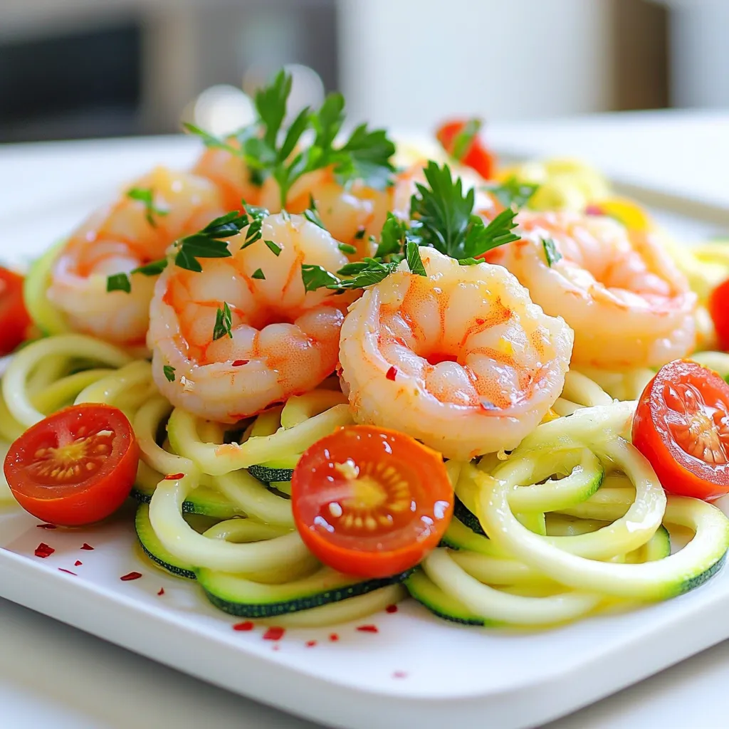 - 1 pound large shrimp - 4 medium zucchini - 1 lemon - 4 cloves garlic - Red pepper flakes - Olive oil - Salt and pepper - Fresh parsley - 1 cup cherry tomatoes - 1/2 teaspoon smoked paprika To make Lemon Garlic Shrimp with Zoodles, you need fresh ingredients. Start with 1 pound of large shrimp. I love using shrimp that is peeled and deveined for ease. Next, grab 4 medium zucchinis. These will be spiralized into zoodles, giving the dish a fun twist. A zesty lemon adds brightness. Use both the zest and juice for the best flavor. Then, you’ll need 4 cloves of garlic, minced finely. Garlic adds a lovely aroma and depth. For seasoning, gather red pepper flakes. They give a nice kick, but you can adjust the amount based on your taste. Olive oil is key to keeping everything moist. Don’t forget salt and pepper for basic seasoning. Fresh parsley adds a pop of color and flavor at the end. If you want to enhance the dish, I suggest 1 cup of halved cherry tomatoes. They add sweetness and juiciness. Lastly, 1/2 teaspoon of smoked paprika gives a subtle smokiness that pairs well with shrimp. With all these ingredients, you’re set to create a delightful and healthy meal! First, preheat your oven to 400°F (200°C). This ensures even cooking. Next, spiralize the zucchini into zoodles. You can use a spiralizer or a vegetable peeler. Set the zoodles aside. Now, take the shrimp. Make sure they are peeled and deveined for best results. In a large bowl, combine the shrimp with lemon juice, lemon zest, minced garlic, olive oil, red pepper flakes, smoked paprika, salt, and pepper. Mix well to coat the shrimp evenly. This step is key for flavor. Let the shrimp marinate for 10-15 minutes. This allows the flavors to sink in deeply. Spread the marinated shrimp on a large sheet pan. Make sure to arrange them in a single layer for even cooking. Next, add the halved cherry tomatoes around the shrimp. Roast this mixture in your preheated oven for 8-10 minutes. You want the shrimp to turn pink and opaque. Once the shrimp are nearly done, gently add the zoodles to the pan. Toss everything together. Roast again for 2-3 minutes. This will cook the zoodles just enough to stay vibrant and tender. Remove the pan from the oven and garnish with fresh parsley. Enjoy your meal! How to choose fresh shrimp When you pick shrimp, look for bright colors. They should smell like the ocean, not fishy. Firm shrimp feel good when you touch them. The shells should be smooth and shiny. If you can, buy shrimp that are wild-caught. They taste better and are better for the earth. Adjusting spice levels Want more heat? Add extra red pepper flakes. Start with a pinch and taste as you go. You can also use less if you prefer a milder dish. If you like it zesty, add more lemon juice. This will brighten the flavors and add a fresh kick. Best practices for even cooking Spread shrimp and tomatoes in a single layer on the pan. This helps them cook evenly. Make sure the oven is hot before you put the pan in. This way, you seal in the flavors quickly. Avoiding overcooked zoodles Zoodles cook fast, so timing is key. Add them to the pan with shrimp when the shrimp are almost done. Roast them for just 2-3 minutes. They should be tender but still bright green. Overcooking makes them mushy, and we want them to stay crisp! {{image_2}} You can use different veggies instead of zoodles. Here are some options: - Spaghetti squash - Carrots, julienned - Bell peppers, sliced - Broccoli florets Each adds a unique taste and texture. Experiment with what you have. For proteins, shrimp is fantastic, but you can swap it out. Try: - Chicken breast, diced - Firm tofu, cubed - Scallops, if you like seafood - Even chickpeas for a plant-based twist These changes keep the dish fun and new! Want to spice things up? Consider these herbs and spices: - Basil for a fresh touch - Oregano for warmth - Thyme for a hint of earthiness - Curry powder for a bold kick These will add depth to your dish. You can also switch your citrus. Use: - Lime juice for tang - Orange zest for sweetness - Grapefruit for a bitter note These choices brighten the flavor and make your dish pop! To store leftovers, place the shrimp and zoodles in an airtight container. This helps keep them fresh. Store in the fridge for up to three days. Make sure to cool the dish to room temperature before sealing. For meal prep, you can freeze the leftovers. Use freezer-safe bags or containers. This way, they last up to three months. Just remember to label your containers with the date. When you're ready to eat, thaw in the fridge overnight before reheating. I recommend reheating in a skillet over medium heat. This method keeps the shrimp tender and zoodles crisp. Add a splash of olive oil to help with this. Stir gently for about three to five minutes, until heated through. If you prefer the microwave, use a microwave-safe dish. Cover with a damp paper towel to keep moisture. Heat in short bursts of 30 seconds, stirring in between. This helps maintain flavor and texture. Is this dish keto-friendly? Yes, this dish is keto-friendly. The lemon garlic shrimp has no added carbs. Zoodles are low in carbs, making them a great pasta substitute. The healthy fats from olive oil also fit well in a keto plan. Can I use frozen shrimp? Yes, you can use frozen shrimp. Just make sure to thaw them first. Place the shrimp in cold water for about 15-20 minutes. Drain and pat them dry before marinating. This keeps your dish tasty and fresh. How long can I marinate the shrimp? You can marinate the shrimp for 10-15 minutes. This allows the shrimp to soak up the flavors. Do not marinate too long, as the lemon juice can start to cook the shrimp. Can I make this dish in advance? You can prep the shrimp and zoodles a few hours ahead. Store the marinated shrimp in the fridge. Keep the zoodles separate until you’re ready to cook. This helps keep everything fresh and tasty. What pairs well with lemon garlic shrimp? Lemon garlic shrimp pairs well with rice or quinoa. You can also serve it with crusty bread. Both options soak up the delicious garlic and lemon sauce. Can I serve this dish with a side salad? Yes, a side salad works great! A light salad with mixed greens and a simple vinaigrette balances the meal. You can also add avocado for creaminess and healthy fats. This blog post covered how to make a tasty lemon garlic shrimp dish with zoodles. We explored the main ingredients, step-by-step cooking instructions, and tips for perfecting the recipe. You learned about variations and storage options too. Creating meals like this is easy and fun. You can impress your family with delicious flavors while keeping it healthy. Enjoy experimenting and making this dish your own!