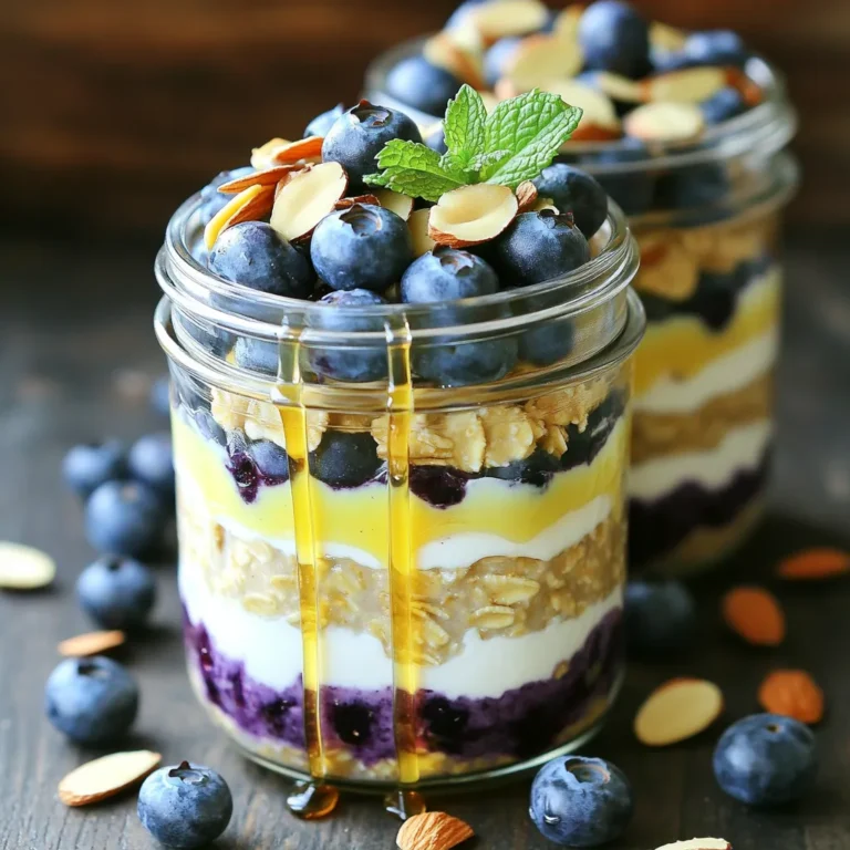- 1 cup rolled oats - 2 cups almond milk (unsweetened) - 1/2 cup Greek yogurt (plain) - 1 cup fresh blueberries (or frozen, thawed) - 1/4 cup almonds, chopped - 2 tablespoons maple syrup (or honey) - 1 tablespoon chia seeds - 1 teaspoon vanilla extract - A pinch of salt When you choose blueberries, look for firm, plump ones. They should be deep blue with a light bloom. This bloom shows they are fresh. If you can, buy organic blueberries for a cleaner taste. For almonds, select raw or lightly roasted ones. Check for freshness by ensuring they smell nutty, not stale. If you can, buy from local farmers' markets. This way, you support local farms and get the best flavor. Rolled oats give you fiber. This helps with digestion and keeps you full. Almond milk is low in calories and high in vitamin E. It is a great dairy-free option. Greek yogurt adds protein and probiotics, which are good for gut health. Blueberries are rich in antioxidants. They help fight free radicals in your body. Chia seeds add omega-3 fatty acids and more fiber. Almonds offer healthy fats and protein, which keep you satisfied. Together, these ingredients make a healthy, tasty breakfast. Start by taking a large bowl. Add 1 cup of rolled oats. Pour in 2 cups of almond milk. Add 1/2 cup of plain Greek yogurt. Mix in 1 teaspoon of vanilla extract. Stir everything well until it blends smoothly. Next, add 2 tablespoons of maple syrup and 1 tablespoon of chia seeds. Mix again to spread the sweet flavor evenly. Now, gently fold in 1 cup of fresh blueberries and 1/4 cup of chopped almonds. Save a few blueberries and almonds for later. Grab four mason jars or airtight containers. Divide the oat mixture evenly among the jars. Make sure to leave some space at the top for toppings. Seal the jars tightly. Place them in the fridge overnight, or for at least 4 to 6 hours. This soak time helps the oats absorb the liquid. If you’re short on time, allow the oats to soak for at least 4 hours. For creamier oats, soak them overnight. The longer they sit, the thicker they become. If you prefer a lighter texture, reduce the soaking time. Be sure to stir before serving. This makes sure everything is mixed well again. To make your overnight oats creamy, use rolled oats instead of quick oats. Rolled oats soak up more liquid and stay firm. I also like to add Greek yogurt. It adds creaminess and protein. Use almond milk for a nutty taste. Make sure to mix well to combine all the ingredients. Letting the oats soak overnight allows them to expand. This makes them softer and creamier in the morning. One common mistake is not using enough liquid. The oats need enough almond milk to soak properly. If you skip the chia seeds, your oats may be too runny. Another mistake is forgetting to stir the mixture before serving. This can leave clumps of oats at the bottom. Lastly, don't skip on the toppings. They add flavor and texture that make your breakfast special. You can easily boost the flavor of your overnight oats. Try adding a pinch of cinnamon or nutmeg. These spices pair well with blueberries. You can also use almond extract for a deeper nutty taste. If you like sweetness, a drop of vanilla extract works great, too. For a little zing, add a squeeze of lemon juice. It brightens up the dish and adds a fresh touch. {{image_2}} You can easily make Blueberry Almond Overnight Oats vegan. Simply swap Greek yogurt with coconut yogurt. This change keeps the creaminess while adding a light coconut flavor. Use maple syrup as your sweetener or agave syrup if you prefer. For the milk, stick with almond milk or try oat milk for a richer taste. These swaps keep the recipe plant-based and just as tasty. Toppings can change your oats. Besides blueberries and almonds, try sliced bananas, strawberries, or raspberries. They add fun colors and flavors. You can also mix in seeds like pumpkin or sunflower seeds for crunch. Another great option is nut butter. A dollop of almond or peanut butter adds creaminess and protein. You can even sprinkle some shredded coconut for a tropical vibe. Fruits can change with the seasons. In spring, fresh strawberries shine. In summer, peaches or mangoes are sweet and juicy. Fall calls for apples and cinnamon. In winter, use frozen berries or even pomegranate seeds. These swaps keep your oats fresh and exciting year-round! Always adjust the sweetener based on the fruit's natural sweetness. To keep your blueberry almond overnight oats fresh, store them in airtight containers. Mason jars work great for this. They not only seal well but also show off the layers. Always keep them in the fridge until you are ready to eat. This helps keep the oats creamy and the blueberries juicy. You can enjoy your overnight oats for up to five days. Make sure to check for any changes in smell or texture before eating. If they start to look or smell off, it's best to toss them. If you want to make a big batch, freezing is a smart choice. Portion your oats into individual jars, then seal them tightly. When you are ready to eat, move a jar to the fridge the night before. This allows it to thaw slowly and stay creamy. If you need it faster, you can microwave it for a short time. Just remember to remove the lid before heating. Yes, you can use instant oats. They will soak up the liquid faster. Your oats will be softer and creamier. Keep in mind, they may lose some texture. Try a smaller soaking time, like 4 hours or overnight. To make overnight oats gluten-free, choose certified gluten-free oats. Many oats are processed in places that handle gluten. Always check the label. This way, you can enjoy your oats without worry. Yes, you can reheat overnight oats. Just pop them in the microwave for 30 seconds. Stir well before eating. If they seem too thick, add a splash of almond milk. Enjoy them warm or cold, whichever you prefer! This blog post covered how to make tasty Blueberry Almond Overnight Oats. We began with key ingredients and their benefits, then moved on to simple preparation steps. Tips for creamy oats and flavors helped add deliciousness, while variations offered creative options. We discussed storage methods to keep your oats fresh and answered common questions. By following these steps, you can enjoy a healthy breakfast that is easy to prepare. Give it a try and customize it to your taste!