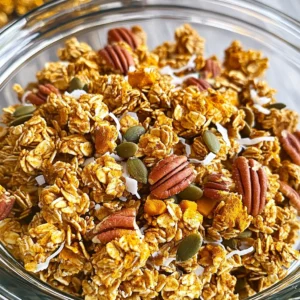 - 2 cups rolled oats - 1 cup pecans, chopped - 1/2 cup pumpkin seeds - 1/2 cup unsweetened shredded coconut The main ingredients in this pumpkin spice granola create a great base. Rolled oats give the granola its chewy texture. Chopped pecans add a nice crunch and rich flavor. Pumpkin seeds bring extra nutrition and a bit of saltiness. Lastly, unsweetened shredded coconut adds sweetness and a tropical twist. - 1/3 cup maple syrup - 1/4 cup coconut oil, melted - 1 cup pumpkin puree - 1 teaspoon vanilla extract The wet ingredients combine to bind everything together. Maple syrup adds a natural sweetness and a rich flavor. Coconut oil helps to crisp up the granola while adding a hint of coconut flavor. Pumpkin puree not only gives this granola its lovely orange color but also boosts the pumpkin flavor. Vanilla extract rounds out the taste with warmth. - 2 teaspoons pumpkin pie spice - 1/2 teaspoon salt - 1/4 cup brown sugar (optional, for added sweetness) Spices and sweeteners elevate the flavor of this granola. Pumpkin pie spice combines cinnamon, nutmeg, and ginger for a cozy taste. A bit of salt balances the sweetness. If you want your granola sweeter, you can add brown sugar. This optional ingredient makes the granola extra delicious. First, preheat your oven to 350°F (175°C). This helps the granola bake evenly. Line a large baking sheet with parchment paper. This makes cleanup easy and prevents sticking. In a big bowl, combine the rolled oats, chopped pecans, pumpkin seeds, and unsweetened shredded coconut. Add the pumpkin pie spice and salt. Mix everything well. This step is key for even flavor. In another bowl, whisk together the maple syrup, melted coconut oil, pumpkin puree, and vanilla extract. Make sure it is smooth. This mixture will add moisture and richness to your granola. Now, pour the wet mixture over the dry ingredients. Stir until all the dry ingredients are coated nicely. If you want sweeter granola, add the brown sugar now and mix until it dissolves. This will enhance the flavor. Spread the granola mixture evenly on the lined baking sheet. Press it down gently to form a compact layer. This helps create those crunchy clusters we all love. Bake in the oven for 25-30 minutes. Stir halfway through to promote even browning. Keep an eye on it, as it can brown quickly. Once the granola is golden and fragrant, take it out of the oven. Let it cool completely on the baking sheet. This step is important; it allows the granola to harden into clusters. After cooling, break it into pieces. Store the granola in an airtight container at room temperature. Enjoy it with yogurt, milk, or as a snack! To get those crunchy clusters, press down the mixture firmly on the baking sheet. This helps the granola stick together. Bake it at 350°F for 25 to 30 minutes. Stir halfway through to ensure even cooking. Watch it closely at the end. It can brown quickly. You can add dried fruits or seeds to make it your own. Consider raisins, cranberries, or sunflower seeds. You can also adjust the sweetness. If you want it sweeter, add more brown sugar. Just mix it in well before baking. Granola tastes great with yogurt or milk. You can layer it in a bowl for a parfait. For a fun presentation, serve it in a clear glass jar. Top with extra pumpkin seeds or a drizzle of maple syrup for added flair. Enjoy! {{image_2}} You can easily make this granola gluten-free. Just use gluten-free oats instead of regular rolled oats. This swap keeps the crunch while ensuring everyone can enjoy it. Gluten-free oats are widely available and just as tasty. They soak up the flavors well, making your granola just as delicious and satisfying. If you want a nut-free granola, swap out the pecans for seeds. Pumpkin seeds are a great choice. They add a nice crunch and keep the flavor rich. Sunflower seeds or even hemp seeds also work well. This change makes the granola safe for those with nut allergies while keeping it hearty. You can get creative with the spices in your granola. Try adding cinnamon or nutmeg for a different twist. You can also add a splash of almond or coconut extract for added flavor. This gives your granola a unique touch. Experimenting with spices can lead to fun new flavors you’ll love! Store your pumpkin spice granola in an airtight container. This keeps it fresh and crunchy. Glass jars work great, but any container that seals well will do. You want to avoid air exposure, which can make your granola stale quickly. When stored correctly, your granola will stay fresh for about two weeks. After that, it may lose some crunch and flavor. If you want to enjoy it longer, consider freezing it, which can extend its life for several months. To freeze your granola, first let it cool completely. Then, transfer it to a freezer-safe bag or container. Remove as much air as possible before sealing it. When you're ready to enjoy it, just take out a portion and let it thaw at room temperature. This keeps your granola tasty and crunchy for later use. Yes, you can use other nuts. Almonds, walnuts, or hazelnuts work well. Each nut adds a unique flavor and crunch. For a nut-free option, try sunflower seeds or pumpkin seeds. Just remember to chop the nuts into smaller pieces for even baking. Pumpkin puree gives the granola its flavor and moisture. You can skip it, but the granola might be less rich. If you want a different taste, try applesauce or mashed bananas. These alternatives add moisture and sweetness, keeping the granola tasty. Yes, this granola can be vegan. Use maple syrup instead of honey for sweetness. Make sure the coconut oil is refined if you want a neutral flavor. All other ingredients are plant-based, so you can enjoy this treat without any animal products. Granola is versatile and fun to use. You can eat it as a snack or breakfast. Sprinkle it on yogurt or oatmeal for extra crunch. Add it to smoothies for a boost. It also makes a great topping for desserts like ice cream or fruit salad. You learned how to make a tasty granola using simple ingredients and easy steps. We covered the main ingredients like oats, nuts, and seeds. I shared tips on getting the perfect clusters and ideas for serving. You can customize flavors and make variations to fit your needs. Now, enjoy your homemade granola! It’s a great snack or breakfast option. With proper storage, it stays fresh for weeks. I encourage you to experiment and find your favorite blend. Happy baking!