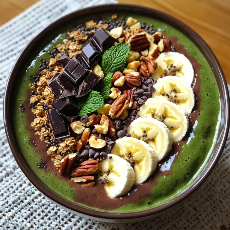 Here are the key ingredients for the High-Protein Mint Chocolate Smoothie Bowl. Each one adds unique flavor and nutrition. - 1 cup spinach - 1 ripe frozen banana - 1/2 cup Greek yogurt - 1 cup almond milk - 2 tablespoons cocoa powder - 1 tablespoon fresh mint leaves or 1 teaspoon peppermint extract - 1 scoop chocolate protein powder - 1 tablespoon chia seeds - Toppings: sliced banana, dark chocolate shavings, chopped nuts, fresh mint leaves, granola Each ingredient plays a role in making this smoothie bowl both tasty and healthy. Spinach adds vitamins and minerals. The frozen banana gives a creamy texture and natural sweetness. Greek yogurt boosts protein and creaminess. Almond milk keeps it light and dairy-free. Cocoa powder brings rich chocolate flavor. Mint adds a refreshing touch, while protein powder packs in extra nutrition. Chia seeds provide fiber and omega-3s. For toppings, you can customize with your favorites! First, you need to gather your ingredients. In a blender, combine the following: - 1 cup spinach - 1 ripe banana, frozen - 1/2 cup Greek yogurt - 1 cup almond milk Blend these items until smooth. This step creates a creamy and green base for your smoothie bowl. Next, it's time to enhance the flavors. Add these ingredients to your blender: - 2 tablespoons cocoa powder - 1 tablespoon mint leaves or 1 teaspoon peppermint extract - 1 scoop chocolate protein powder - 1 tablespoon chia seeds Blend again until all the ingredients are fully combined. This mixture should be rich and chocolatey with a hint of mint. Now, taste your smoothie. If you prefer it sweeter, you can optionally add honey or maple syrup. Pour the mixture into a bowl. Then, have fun with the toppings! Arrange sliced banana, dark chocolate shavings, chopped nuts, fresh mint leaves, and granola on top. This adds texture and makes your bowl look beautiful. Enjoy your creation right away with a spoon or a straw! To get a creamy texture in your smoothie bowl, start with frozen fruit. I suggest using a ripe banana. It adds sweetness and thickens the mix. Blend the spinach, banana, Greek yogurt, and almond milk first. This step ensures a smooth base. If you want to adjust the sweetness, taste the mix before adding extras. You can add honey or maple syrup if you like it sweeter. Start with a small amount and blend again. Toppings make your smoothie bowl fun and tasty. I love using sliced banana for extra creaminess. Dark chocolate shavings add a rich flavor. Chopped nuts give a nice crunch, while fresh mint leaves brighten the taste. Granola adds a great texture too. For seasonal variations, you can switch up the fruits. In summer, add berries for a fresh pop. In fall, try diced apples or pumpkin seeds. These changes keep the bowl exciting and new. Spinach is a superfood packed with vitamins. It adds fiber and helps keep you full. Greek yogurt is rich in protein and calcium. It helps build strong bones and muscles. Protein is key to feeling full longer. The chocolate protein powder in this recipe boosts your protein intake. This smoothie bowl can be a great meal or snack option. Enjoy the mix of taste and health benefits! {{image_2}} You can change the fruits in your smoothie bowl to mix things up. Try using berries or mango instead of banana. Berries add a tart flavor, while mango gives it a sweet twist. You can also switch up the protein powder. Use vanilla or berry-flavored protein for a new taste. This small change can make your bowl feel fresh and exciting. If you want a dairy-free or vegan option, swap Greek yogurt for coconut yogurt. This keeps it creamy without dairy. For a low-carb or low-sugar version, replace the banana with half an avocado. It still gives you a smooth texture, but with fewer carbs. You can also skip the honey or maple syrup to keep it lower in sugar. Using seasonal fruits can add a bright touch to your bowl. In summer, try adding fresh peaches or strawberries. In winter, pomegranates or citrus fruits work well. Herbs can also add a fun twist. Use fresh basil or lemon balm along with mint for a creative flavor mix. This keeps your smoothie bowl fresh and vibrant all year round. To store your smoothie bowl leftovers, use an airtight container. Glass or plastic containers work well. Make sure to seal them tightly. This keeps the flavors fresh. Place the container in the fridge. Consume within two days for the best taste and texture. If you notice the ingredients separating, give it a good shake before enjoying. Freezing your smoothie bowl is a great way to prep meals. To freeze, pour the leftover smoothie into ice cube trays or small containers. This way, you can take out just what you need. When you’re ready to eat, thaw the smoothie in the fridge overnight. You can also blend it again for a smooth texture. If you want to add toppings, do that right before serving. Your smoothie bowl stays fresh for about two days in the fridge. Look for any change in color or smell. If it smells sour or looks off, it’s best to toss it. Always trust your senses. Fresh food should look and taste good. Avoid eating any smoothie bowl that seems questionable. If you want to swap Greek yogurt, you have options. Here are some great substitutes: - Cottage cheese: This has a similar texture and is high in protein. Blend it smooth for a nice base. - Silken tofu: A dairy-free choice that's creamy and packed with protein. - Kefir: This is a drinkable yogurt with a tangy taste. It adds probiotics too. - Non-dairy yogurt: Look for options made from almond, coconut, or soy. Check for protein content. These choices help meet different diets. They keep your smoothie bowl tasty and creamy. Yes, you can make this smoothie bowl ahead of time! Here are some tips: - Blend and store: Prepare the smoothie base and store it in the fridge. Use an airtight container. - Toppings separate: Keep toppings in a separate container. This way, they stay fresh and crunchy. - Timing: Try to enjoy it within 24 hours for the best taste and texture. This method saves time on busy mornings while still giving you a delicious breakfast. Boosting protein in your smoothie bowl is simple. Here are some ideas: - Extra protein powder: Add another scoop of chocolate protein powder for an easy boost. - Nut butter: Stir in almond or peanut butter for creaminess and added protein. - Seeds: Sprinkle more chia seeds or add hemp seeds. They are rich in protein and nutrients. - Oats: Blend in rolled oats. They add fiber and protein while keeping you full. These additions make your smoothie bowl even more satisfying and nutritious. This blog post detailed how to create a tasty smoothie bowl packed with nutrients. You learned about simple ingredients and step-by-step blending instructions to get the perfect mix. I shared tips on customizing your bowl and ways to store leftovers. You can enjoy a healthy treat while staying creative with flavors. Smoothie bowls offer both satisfaction and nutrition, making them a great choice for any meal. Now, it’s time to blend and enjoy!