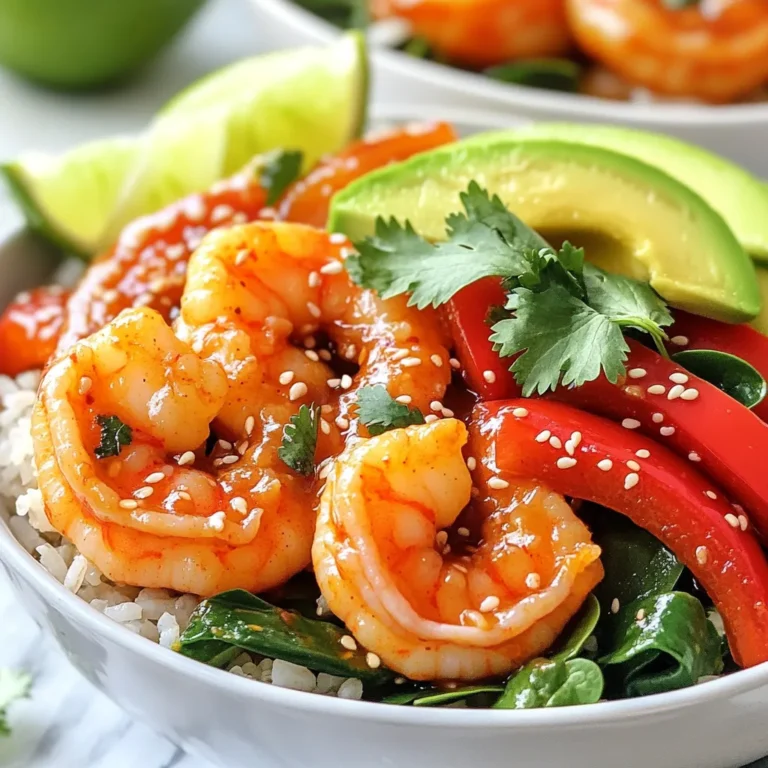 - 1 lb large shrimp - 2 tablespoons sweet chili sauce - 1 tablespoon soy sauce - 1 tablespoon sesame oil - 2 cups cooked jasmine rice - 1 red bell pepper - 1 cup baby spinach - 1 avocado - Chopped fresh cilantro - Lime wedges - Sesame seeds - Salt and pepper to taste Sweet Chili Shrimp Bowls are a delight to make. The main ingredients bring bold flavors that come together quickly. Shrimp is the star here, making the dish light and tasty. I use large shrimp for this dish. They soak up the sweet chili sauce well. This sauce adds a nice sweetness. It pairs perfectly with the soy sauce and sesame oil. Next, I add cooked jasmine rice as a base. It has a nice texture. The red bell pepper brings a crunch, and baby spinach adds color. I love how it wilts slightly when I mix it in. Avocado slices add creaminess. They balance the dish and add healthy fats. For garnishes, I like to sprinkle chopped cilantro. It adds a fresh taste. Lime wedges bring a zesty kick. Sesame seeds give a nice touch as well. All these ingredients make a colorful and tasty meal. You can easily customize it to your liking! Start by making a simple marinade. In a bowl, mix together: - 2 tablespoons sweet chili sauce - 1 tablespoon soy sauce - 1 tablespoon sesame oil - Salt and pepper to taste Add 1 pound of large shrimp to the bowl. Make sure each shrimp is well coated. Let the shrimp marinate for about 15 minutes. This helps the shrimp soak up all the tasty flavors. While the shrimp marinates, heat a large non-stick skillet or wok over medium-high heat. Add a little oil to the skillet. When the oil is hot, add the marinated shrimp. Cook for 2 to 3 minutes on each side. The shrimp should turn pink and opaque when done. Next, add 1 thinly sliced red bell pepper to the skillet. Cook for another 2 minutes. The bell pepper should be soft but still have some crunch. Finally, remove the skillet from heat. Stir in 1 cup of baby spinach. Let it wilt slightly with the heat from the shrimp and bell pepper. To build your sweet chili shrimp bowls, start with a base of 2 cups of cooked jasmine rice. Make sure to fill each bowl generously. Next, layer the sautéed shrimp and vegetables on top of the rice. For a beautiful finishing touch, add slices of 1 avocado on top. Sprinkle with fresh chopped cilantro and sesame seeds for extra flavor. Serve with lime wedges on the side for a zesty kick. Enjoy your colorful and tasty meal! How can you tell when shrimp is perfectly cooked? Look for a pink color and firm texture. When shrimp turns pink and opaque, it is ready to eat. This usually takes about 2-3 minutes on each side. To avoid overcooking, keep an eye on the shrimp as it cooks. If you cook shrimp too long, it can become tough and rubbery. Using high heat helps cook shrimp quickly. Remove it from the heat as soon as it is pink and opaque. What can you serve with sweet chili shrimp bowls? A side of steamed veggies works great. You can also add a fresh salad with a light dressing. For a heartier option, try serving with a side of crispy wontons. What beverages pair well with shrimp bowls? A chilled white wine, like Sauvignon Blanc, complements the flavors well. If you prefer non-alcoholic drinks, try iced green tea for a refreshing touch. How can you create an attractive bowl arrangement? Start with a base of jasmine rice. Layer the shrimp and vegetables on top in a colorful way. This adds visual appeal and makes the dish more inviting. Why is garnishing with lime and cilantro important? A lime wedge adds bright acidity, enhancing the dish's flavor. Fresh cilantro gives a burst of color and freshness. Together, they elevate your sweet chili shrimp bowl to a gourmet level. {{image_2}} You can swap shrimp for chicken or tofu. If you choose chicken, use boneless, skinless pieces. For tofu, use firm or extra firm. Cooking times change based on your choice. - Shrimp: 2-3 minutes per side - Chicken: 5-7 minutes per side or until cooked through - Tofu: 3-4 minutes per side until golden This way, everyone can enjoy a tasty bowl. Add spices or sauces to change the flavor. Try garlic powder for warmth or ginger for a fresh zing. You can also mix in a splash of sriracha for heat. - Sweetness: Add more sweet chili sauce for a sweeter dish. - Heat: For more spice, increase sriracha or add red pepper flakes. These tweaks let you create your own flavor adventure. Feel free to use other veggies that match well with sweet chili shrimp. Broccoli, snap peas, or carrots work great. Seasonal veggies like zucchini or asparagus can also shine in your bowl. - Spring: Use asparagus and peas - Summer: Try zucchini and bell peppers - Fall: Butternut squash fits nicely Experimenting with veggies adds color and nutrition to your meal. To keep your sweet chili shrimp bowls fresh, store them properly. First, let the bowls cool down to room temperature. Then, place them in airtight containers. This will help prevent any moisture loss. Glass or BPA-free plastic containers work best. Make sure to seal them tightly. Store in the fridge for up to three days for best quality. When you are ready to enjoy your leftovers, reheating is key. Use a microwave or a skillet to warm them up. If using a microwave, heat in short bursts. Stir the bowl in between to heat evenly. This helps maintain the shrimp's texture and flavor. If using a skillet, add a splash of water to keep it moist. Heat on low until warmed through. Leftovers can last in the fridge for three days. After that, they may lose taste and texture. If you want to save your shrimp bowls longer, freezing is a great option. Freeze the shrimp and rice separately from the veggies. This keeps everything fresh and tasty. Use freezer-safe bags or containers. Remove as much air as possible. When you want to eat, thaw the shrimp and rice in the fridge overnight. To reheat, warm them in a skillet until hot, then add the veggies. This way, your meal stays delicious! You can pair sweet chili shrimp bowls with many tasty sides. Here are some ideas: - Steamed broccoli for a crunchy bite. - Crispy spring rolls for a fun crunch. - Cucumber salad for a refreshing taste. - Mango slices to add sweetness. For drinks, try a light iced tea or a coconut water. Both will cool the spice! Yes, you can prep ahead! Here are some tips: - Marinate the shrimp a few hours before cooking. It adds flavor. - Cook the rice earlier in the day. Store it in the fridge. - Chop veggies like bell peppers and spinach in advance. Keep them fresh in a sealed container. Assemble the bowls just before serving for the best taste. If you need a substitute, try these options: - Sriracha mixed with honey for sweetness and heat. - Homemade sauce by mixing soy sauce, sugar, and vinegar. - Thai chili paste, which gives a similar kick. These will help you create a yummy flavor! Want more heat? Here are some ideas: - Add red pepper flakes to the shrimp while cooking. - Mix in sliced jalapeños with the bell peppers. - Drizzle extra sriracha on top before serving. These tips will turn up the heat and make your meal exciting! You now have all the tools to make delicious sweet chili shrimp bowls. We covered key ingredients, from shrimp to fresh veggies. You learned how to marinate, cook, and present your dish attractively. With tips on serving and storing, you can enjoy these bowls anytime. Remember, you can switch proteins or add spices for a twist. Try new ideas and make this dish yours. Happy cooking!