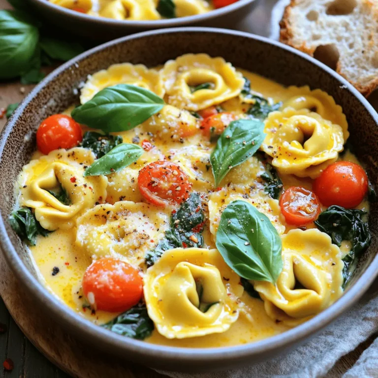 - 12 oz fresh cheese tortellini - 1 tablespoon olive oil - 3 cloves garlic, minced - 1 cup cherry tomatoes, halved - 1 cup spinach leaves - 1 teaspoon Italian seasoning - 1/4 teaspoon red pepper flakes - Salt and pepper to taste - 1/2 cup heavy cream - 1/2 cup grated Parmesan cheese - Fresh basil for garnish The main ingredients in this dish are simple yet fresh. You start with cheese tortellini, which adds a nice bite. The olive oil helps to sauté the garlic, making it fragrant. Cherry tomatoes bring sweetness, while spinach adds color and nutrition. Italian seasoning and red pepper flakes give a nice kick. Heavy cream makes the sauce rich and creamy, and Parmesan adds a salty touch. Finally, fresh basil brightens the dish. - Large skillet - Wooden spoon - Measuring cups and spoons Using the right tools makes cooking easier. A large skillet allows you to sauté and simmer all ingredients nicely. A wooden spoon is perfect for stirring without scratching your pan. Measuring cups and spoons help you get the right amounts of each ingredient. - Extra vegetables (e.g., bell peppers, zucchini) - Protein options (e.g., chicken, shrimp) - Different cheese options (e.g., mozzarella) You can customize this dish with optional ingredients. Adding bell peppers or zucchini boosts nutrition and flavor. For a heartier meal, consider adding chicken or shrimp. You can also experiment with different cheeses like mozzarella for a different taste. - Heat 1 tablespoon of olive oil in a large skillet over medium heat. - Add 3 minced garlic cloves and sauté for about 1 minute until fragrant. - Next, add 1 cup of halved cherry tomatoes. Cook for 3-4 minutes until they begin to soften. - Stir in 1 cup of fresh spinach leaves. Cook until they wilt, about 2 minutes. - Sprinkle in 1 teaspoon of Italian seasoning and 1/4 teaspoon of red pepper flakes. Add salt and pepper to taste. Mix well to blend the flavors. - Now, mix in 12 oz of fresh cheese tortellini and stir to combine. - Pour in 1/2 cup of heavy cream and bring the mixture to a gentle simmer. - Cook for 5-7 minutes until the tortellini is tender and heated through. - Stir in 1/2 cup of grated Parmesan cheese. This adds creaminess to the dish. - Taste the dish and adjust the seasonings if needed. Remove from heat and garnish with fresh basil before serving. To make your Tuscan Tortellini Skillet shine, adjust the seasoning to suit your taste. If you love bold flavors, add more salt or red pepper flakes. Try fresh herbs like basil or parsley for a bright twist. Fresh herbs bring more flavor than dried ones. You can use dried herbs, but reduce the amount by a third. This keeps the taste balanced. When you sauté vegetables, keep the heat medium. If it’s too high, garlic can burn quickly. Stir often to avoid sticking or browning too much. For creaminess, add heavy cream slowly. This helps create a smooth sauce. Make sure to stir well after adding the cream. This ensures even mixing with the other flavors. Fresh herbs can take your dish to the next level. A sprinkle of basil adds freshness and color. You can also try parsley or chives. Serve your tortellini in shallow bowls. Top with extra Parmesan for a cheesy touch. Pair it with crusty bread to soak up the sauce. This makes a complete and satisfying meal. {{image_2}} You can make this dish lighter. Substitute heavy cream with low-fat milk or Greek yogurt. This change cuts calories but keeps it creamy. Adding more vegetables also boosts nutrition. Consider bell peppers, zucchini, or broccoli for extra color and flavor. To enhance taste, try different Italian seasonings. Oregano, thyme, or basil can change the flavor profile. You can also add proteins for a heartier meal. Grilled chicken, shrimp, or sausage pairs well with the tortellini. If you need gluten-free, use gluten-free tortellini or alternative pasta. Rice or quinoa pasta works great too. Just remember to adapt cooking times. Follow the package instructions for best results. To keep your Tuscan tortellini skillet fresh, let it cool down first. Place it in an airtight container. This will help keep out air and bacteria. You can refrigerate it for up to three days. After that, the taste and texture may change. Always check for any signs of spoilage before eating. If you see mold or smell something off, toss it out. Remember, safety is key! When you're ready to enjoy your leftovers, you can reheat them easily. The best way is on the stove. Just add a splash of cream or broth to keep it creamy. Heat on low and stir often until warm. If you use a microwave, place it in a microwave-safe dish. Cover it to trap steam, which helps keep it moist. Heat in short bursts, stirring in between. This way, you keep the flavors intact. If you want to save some for later, freezing works well. Let the skillet cool completely. Then, portion it into freezer-safe bags. Squeeze out as much air as you can before sealing. Label the bags with the date. To thaw, place it in the fridge overnight. To reheat, use the stove or microwave like before. Just be sure to stir well for even heating. This keeps your meal tasty and enjoyable! It takes about 10 minutes to prep and 20 minutes to cook. In total, you will need about 30 minutes. This quick timing makes it perfect for busy weeknights. You can easily enjoy a fresh meal without spending hours in the kitchen. Yes, you can use frozen tortellini! If you choose frozen, just add a few extra minutes to the cooking time. Start by adding it straight into the skillet. Make sure to stir well. Cook until the tortellini is tender and heated through. This way, you can enjoy the dish without hassle. I suggest a few side dishes to go with your skillet. A simple green salad pairs well. You can also serve crusty bread to soak up the tasty sauce. Garlic bread adds a nice touch too. These sides will make your meal even more enjoyable and satisfying. This blog post covered how to make a Tuscan tortellini skillet. We explored the main ingredients, key tools, and step-by-step instructions. I shared tips to perfect the flavor and variations for healthier options. You learned about storage, reheating, and FAQs about the dish. Incorporating new flavors or ingredients can enhance your meal. Enjoy this dish as a quick and satisfying dinner or impress guests with ease. Happy cooking!