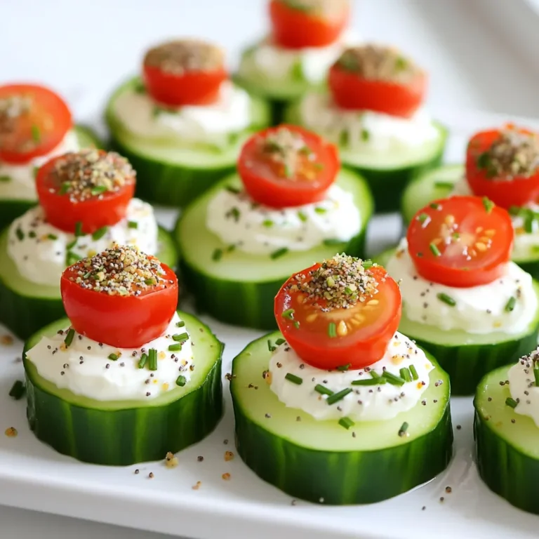 To make Everything Bagel Cucumber Bites, you need these items: - 1 large cucumber - 8 oz cream cheese, softened - 1 tablespoon sour cream - 1 tablespoon chopped fresh chives - 1 tablespoon chopped fresh dill - 1 teaspoon garlic powder - 1 teaspoon onion powder - 2 teaspoons everything bagel seasoning - Salt and pepper to taste - Cherry tomatoes, halved (for topping) - Extra everything bagel seasoning (for garnish) You can swap some ingredients if needed: - For a lighter spread, use Greek yogurt instead of cream cheese. - You can replace chives with green onions for a different taste. - Any fresh herb can work; parsley or basil are great options. - If you don’t have everything bagel seasoning, mix sesame seeds, poppy seeds, and garlic. Gather these tools for easy prep: - A cutting board for slicing the cucumber. - A sharp knife to cut the cucumber and tomatoes. - A mixing bowl for the cream cheese mixture. - A spatula or spoon for stirring. - A serving platter to display your bites. - Optionally, toothpicks for easy serving at parties. These ingredients and tools will help you create a delicious and fun snack for your next gathering! Start by washing the cucumber well. Use a clean knife to cut it into thick slices. Aim for pieces about 1 inch in size. Set these cucumber slices aside on a plate. This step makes them ready for the tasty filling. In a mixing bowl, add the softened cream cheese and sour cream. Use a spatula to mix them until smooth. Next, add chopped chives and dill for a fresh taste. Sprinkle in garlic powder and onion powder for depth. Then, add everything bagel seasoning, salt, and pepper. Mix until all the ingredients blend well. This filling should be creamy and packed with flavor. Take a cucumber slice and spread the cream cheese mixture on top. Be generous with the spread for the best taste. Now, take a halved cherry tomato and place it on each cucumber slice. Finish by sprinkling a little extra everything bagel seasoning on top of the tomatoes. This adds a nice touch and even more flavor. Arrange the cucumber bites on a serving platter. Enjoy your colorful and tasty snack! When cutting cucumbers, choose a large one for best results. Wash it well to remove dirt. Cut the cucumber into thick slices, about 1 inch wide. This thickness adds crunch and holds the toppings well. For a fun twist, you can cut them into rounds or half-moons. The key is to keep them thick so they don’t fall apart. You can boost flavor by adding more seasonings to your mix. Try adding a splash of lemon juice for zest. A pinch of cayenne pepper can add a nice kick. Fresh herbs like parsley or basil can brighten the taste. Experiment with these to find your favorite blend. Remember, balance is key. You want the cream cheese to shine, not the spices. To impress your guests, presentation matters. Arrange the cucumber bites on a colorful platter. Garnish with extra herbs for a fresh look. You can even place toothpicks in each bite for easy eating. Serve them chilled for the best taste. This snack is not only tasty but also visually appealing. It’s a great way to show off your culinary skills! {{image_2}} You can customize your cucumber bites with different toppings. Try adding smoked salmon for a savory twist. Crumbled feta cheese also works well for a tangy flavor. You can use thinly sliced radish for a crunchy bite. Fresh herbs like basil or cilantro can add extra freshness. Experiment with what you love! Mix up the cream cheese filling to suit your taste. For a spicy kick, add jalapeño or sriracha to the mix. If you like sweet, a touch of honey or maple syrup can balance the flavors. You can also try adding sun-dried tomatoes or olives for a Mediterranean flair. The options are endless! Making these bites vegan is simple. Use a plant-based cream cheese instead of dairy. You can also skip the sour cream or use a vegan version. For gluten-free options, just ensure your everything bagel seasoning is gluten-free. These adjustments let everyone enjoy these tasty snacks! To store leftover cucumber bites, place them in an airtight container. Make sure each bite is separate. This keeps them fresh longer. If they touch, the cucumbers may get soggy. Store them in the fridge for up to two days. They taste best when eaten fresh, so try not to store them too long. The best container for refrigeration is a glass or plastic food storage box. Choose one with a tight lid to keep air out. If you don’t have a lid, cover the container with plastic wrap. This helps to keep the cucumber bites crisp. Avoid metal containers, as they can affect the taste. Freezing cucumber bites isn’t the best idea. Cucumbers have high water content. When frozen, they can become mushy when thawed. If you must freeze them, store only the cream cheese mixture. Use a freezer-safe bag or container. When ready, spread the mixture on fresh cucumber slices. This way, you can enjoy the crispness of the cucumber! Yes, you can prepare these bites ahead of time. I suggest making the cream cheese mix first. Store it in the fridge for up to two days. Slice the cucumber fresh on the day you serve. This keeps the bites crunchy and tasty. You can assemble the bites a few hours before your party. Just keep them chilled until it’s time to serve. Cucumber bites pair well with various snacks. Here are some great options: - Crackers with cheese - Fresh vegetable sticks - Hummus or dip - Fruit skewers - Charcuterie boards These options add variety to your spread. They also make your party more fun and colorful. Absolutely! Everything bagel seasoning is a star in many dishes. Here are some ideas: - Sprinkle on avocado toast for extra flavor - Add to scrambled eggs or omelets for a tasty twist - Use on roasted vegetables for a savory touch - Mix into homemade dips for added crunch - Season popcorn for a unique snack These ideas make everything bagel seasoning a versatile spice in your kitchen. It enhances many meals and snacks, bringing joy to your cooking! This article covered the fun and tasty world of Everything Bagel Cucumber Bites. You learned about the ingredients, tools, and step-by-step instructions for making them. I shared tips for cutting cucumbers and enhancing flavors too. You can even try variations to fit your dietary needs. In the end, making these bites is easy and rewarding. They are a great snack for any gathering. Enjoy creating your own unique twist on this recipe!