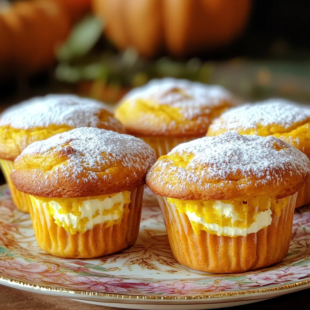 - 1 ¾ cups all-purpose flour - 1 teaspoon baking soda - 1 teaspoon baking powder - ½ teaspoon salt - 1 teaspoon ground cinnamon - ½ teaspoon ground nutmeg - ¼ teaspoon ground ginger The dry ingredients create the muffin's base. All-purpose flour gives structure. Baking soda and baking powder help the muffins rise. Salt enhances flavor, while spices add warmth and a lovely aroma. - ½ cup granulated sugar - ½ cup brown sugar, packed - ½ cup vegetable oil - 2 large eggs - 1 cup canned pumpkin puree - 1 teaspoon vanilla extract The wet ingredients bring moisture and flavor. The sugars sweeten the muffins. Vegetable oil keeps them soft. Eggs bind everything together. Canned pumpkin puree adds rich taste and color, while vanilla extract brightens the flavor. - 8 oz cream cheese, softened - ¼ cup granulated sugar - 1 teaspoon vanilla extract - 1 egg yolk The cream cheese filling is the star of these muffins. Softened cream cheese makes it smooth. Sugar adds sweetness, while the egg yolk helps it set. Vanilla extract gives the filling a tasty kick. Each ingredient plays a key role. Together, they create a warm, spiced muffin with a creamy surprise inside. 1. Preheat your oven to 350°F (175°C). This step is crucial for even baking. 2. Line your muffin tin with paper liners. You can also grease it with cooking spray. This keeps the muffins from sticking. 1. In a large bowl, whisk together the flour, baking soda, baking powder, and salt. 2. Add spices like cinnamon, nutmeg, and ginger. These will bring warm flavors to the muffins. 1. In another bowl, mix the granulated sugar, brown sugar, vegetable oil, eggs, pumpkin puree, and vanilla extract. 2. Stir until the mixture is smooth and creamy. This will make your muffins moist. 1. Gradually add the dry ingredients to the wet mixture. 2. Stir gently until just combined. Don't worry about lumps; overmixing can make muffins tough. 1. In a separate bowl, beat the cream cheese until it’s smooth. 2. Add sugar, vanilla extract, and egg yolk. Mix until creamy and well combined. This filling adds a rich taste. 1. Spoon about 1 tablespoon of pumpkin batter into each muffin cup. 2. Add a heaping teaspoon of cream cheese filling on top. 3. Cover with another tablespoon of pumpkin batter. Make sure the filling is fully covered. 1. Place the muffin tray in the preheated oven. Bake for 18-20 minutes. 2. Check doneness with a toothpick; it should come out clean from the muffin part. 3. Let the muffins cool in the tin for 5 minutes. Then, transfer them to a wire rack to cool completely. To get the best muffins, avoid overmixing the batter. This keeps your muffins light and fluffy. When you combine the wet and dry ingredients, stir just until mixed. A few lumps are okay! Check if your muffins are done by using a toothpick. Insert it into the muffin part, not the filling. If it comes out clean, your muffins are ready! You can add more flavor with spices. Consider using allspice or cloves for a warm taste. You could also mix in nuts, like walnuts or pecans, for added crunch. Chocolate chips are a great option too, if you want a sweet surprise! For a cozy look, serve your muffins on a decorative plate. Dust the tops lightly with powdered sugar for a sweet touch. This makes them look extra special and inviting! {{image_2}} You can easily swap ingredients to fit your needs. If you want a gluten-free muffin, try using a gluten-free flour blend. This option works well and keeps the taste delightful. For those who need dairy-free options, use a dairy-free cream cheese. Brands like Tofutti or Kite Hill offer great alternatives. Add a fun twist to your muffins! Toss in some dried cranberries or raisins for a burst of sweetness. These fruits pair well with pumpkin. If you want more spice, increase the pumpkin spice mix. This small change brings extra warmth to the muffins. Feeling creative? You can make mini muffins or jumbo muffins. For mini muffins, fill each cup only halfway. Bake them for 12-15 minutes. For jumbo muffins, fill the cups completely and bake for 25-30 minutes. Always use a toothpick to check if they are done. Adjusting the size lets you enjoy these treats just how you like them. To keep your pumpkin cream cheese filled muffins fresh, store them in an airtight container. You can also wrap them in plastic wrap. At room temperature, they last about 2 to 3 days. Make sure they are in a cool, dry place away from direct sunlight. This helps maintain their soft texture. If you want to keep your muffins longer, put them in the fridge. Place them in a container or a resealable bag. They will stay fresh for about a week. Remember that refrigeration may change their texture slightly, making them a bit denser. To enjoy them, warm them briefly in the microwave. Freezing muffins is a great option if you want to save some for later. First, let them cool completely. Then, wrap each muffin tightly in plastic wrap. Place them in a freezer-safe bag or container. They can last up to 3 months in the freezer. When you’re ready to eat them, thaw them overnight in the fridge or at room temperature. You can reheat them in the microwave for a few seconds. This helps to bring back their lovely, fresh taste. Yes, you can use fresh pumpkin. Fresh pumpkin has a different taste and texture than canned. Canned pumpkin is smooth and dense. Fresh pumpkin can be watery and needs more prep time. To use fresh pumpkin, roast or steam it. Then, blend it until smooth. Measure it out for your recipe just like you would with canned pumpkin. Dense muffins can happen for a few reasons. Overmixing the batter is a common cause. When you mix too much, it makes the muffins tough. Another reason could be too much flour. Make sure to spoon the flour into your measuring cup. Avoid packing it down. Lastly, check your baking powder and baking soda. If they are old, they may not work well. Making these muffins vegan is easy. You can replace eggs with flaxseed meal or applesauce. Use 1 tablespoon of flaxseed meal mixed with 2.5 tablespoons of water for each egg. Swap the cream cheese with a vegan cream cheese. For sugar, use a vegan option if needed. Check labels to ensure they are vegan-friendly. If your cream cheese filling is lumpy, there are simple fixes. First, make sure your cream cheese is soft. Let it sit out for a bit before mixing. If it's still lumpy, beat it longer with a mixer. You can also add a splash of milk to help smooth it out. Mixing it well will give you a creamy filling. Yes, you can make the batter ahead. Prepare the batter and store it in the fridge. Use it within 24 hours for the best results. When you are ready to bake, just stir it gently before filling the muffin cups. This keeps the muffins fresh and helps you save time on busy days. These pumpkin cream cheese muffins combine simple ingredients for a delightful treat. You start with dry and wet ingredients, then mix them smoothly. Adding a cream cheese filling takes them to the next level. Remember, don’t overmix to keep your muffins light. You can store them at room temperature, in the fridge, or even freeze them. Enjoy experimenting with flavors and variations too! This recipe is a fun way to bake delicious muffins that everyone will love. Happy baking!