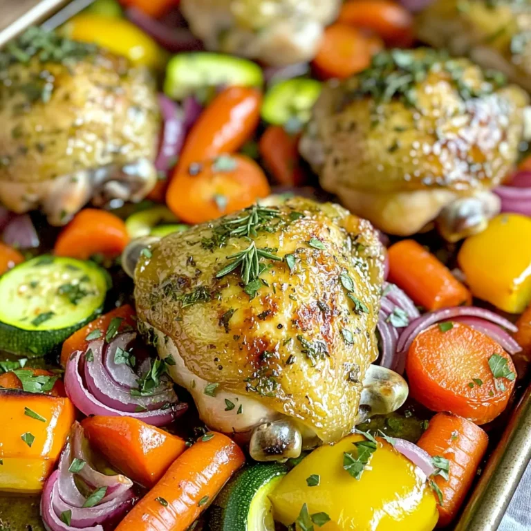 - 4 boneless, skinless chicken thighs - 2 tablespoons olive oil - 4 cloves garlic, minced - 1 tablespoon fresh rosemary, chopped - 1 tablespoon fresh thyme, chopped - 1 teaspoon paprika - Salt and pepper to taste - 1 cup baby carrots - 1 bell pepper (any color), sliced - 1 zucchini, sliced - 1 red onion, cut into wedges - Fresh parsley, chopped (for garnish) This recipe shines with a few key ingredients. First, you need chicken thighs. They stay juicy and tender while cooking. Olive oil adds richness and helps with browning. Garlic gives a strong flavor that compliments the chicken well. Rosemary and thyme bring a fresh taste to the dish. Paprika adds a bit of color and warmth. Salt and pepper are essential to enhance all the flavors. For veggies, baby carrots, bell peppers, zucchini, and red onion add color and crunch. Each veggie cooks well, creating a lovely mix. You can also use fresh parsley as a garnish for a bright finish. Gather these ingredients, and you are ready to make a delightful meal. Each bite will be packed with flavor and nutrition. First, mix the olive oil, minced garlic, rosemary, thyme, paprika, salt, and pepper in a large bowl. This garlic herb mixture is key for flavor. Add the chicken thighs to the bowl and coat them well. Let the chicken marinate for 15 minutes. This short time helps the flavors seep into the meat. Choose colorful veggies like baby carrots, bell peppers, zucchini, and red onions. Wash and cut them into pieces. For the bell pepper, slice it into strips. Toss all the veggies in another bowl with a drizzle of olive oil, salt, and pepper. Make sure they are well-coated. This seasoning enhances their natural taste. Preheat your oven to 425°F (220°C). On a large baking sheet, place the marinated chicken in the center. Arrange the seasoned veggies around the chicken. This setup allows the chicken juices to flavor the vegetables. Bake for 25-30 minutes. Check that the chicken reaches an internal temperature of 165°F (74°C). The chicken should be golden brown, and the veggies should be tender and slightly caramelized. Using high-quality ingredients makes a big difference. Fresh herbs bring bright flavor. Choose organic chicken for better taste. For extra tenderness, marinate your chicken longer. Fifteen minutes is good, but thirty minutes is better. The garlic herb mix seeps in, making every bite juicy and full of flavor. To avoid overcooking your veggies, cut them into similar sizes. This helps them cook evenly. Keep an eye on them as they roast. Using a meat thermometer ensures your chicken is safe to eat. The internal temperature should reach 165°F (74°C). This tool takes the guesswork out of cooking. Garnish your dish with fresh parsley for a pop of color. It adds a nice touch and flavor. For a complete meal, serve this dish with crusty bread or a simple salad. This adds texture and balances the meal. You can also pair it with rice or quinoa for added heartiness. {{image_2}} You can switch out the veggies based on what you have. In summer, use fresh tomatoes or corn. In winter, try root veggies like sweet potatoes or Brussels sprouts. This keeps your dish colorful and tasty. For protein, chicken thighs are great, but chicken breasts work too. If you want a meat-free meal, tofu is a solid choice. Just cube it and marinate like the chicken. This keeps the dish light and healthy. To change the flavor, mix in different herbs and spices. Basil or oregano can give a fresh taste. You can also try cumin or chili powder for a warmer flavor. If you like spice, add red pepper flakes or sliced jalapeños. This will give your dish a nice kick. Adjust the spice to suit your taste. These changes make your meal fun and unique! To keep your sheet-pan garlic herb chicken and veggies fresh, follow these steps: - Cool Down: Let the dish cool to room temperature first. - Use Airtight Containers: Place the chicken and veggies in airtight containers. This helps prevent moisture loss and keeps them fresh. - Refrigerate: Store the containers in the fridge. Leftovers can last up to 3-4 days. Always check for any signs of spoilage before eating. If you notice any odd smells or changes in color, it’s best to toss them out. When it’s time to enjoy those leftovers, reheating properly is key. Here are some tips: - Oven Method: Preheat your oven to 350°F (175°C). Place the chicken and veggies on a baking sheet. Bake for about 15-20 minutes. This helps keep the chicken juicy and the veggies tender. - Microwave Method: If you're short on time, place the leftovers on a microwave-safe plate. Heat them for 1-2 minutes, checking halfway. Stir the veggies to ensure even heating. Always use a food thermometer to ensure the chicken reaches 165°F (74°C) for safe eating. Enjoy your meal! Yes, you can use frozen chicken thighs. Just remember to thaw them first. You can do this safely in the fridge overnight. For a quicker method, submerge them in cold water for about an hour. This method keeps the chicken safe and helps it cook evenly. Cooking from frozen might lead to uneven cooking, so thaw for the best taste and texture. Cut your vegetables into similar sizes. This helps them cook at the same rate. For baby carrots, you can leave them whole. Slice bell peppers and zucchini into pieces about the same thickness. Aim for 1-inch chunks for onions. Uniform cuts ensure that every bite is tender and delicious. Yes, you can prepare this dish ahead of time. Marinate the chicken and chop the veggies a day before. Store them in the fridge in separate containers. When you're ready to cook, just arrange them on the baking sheet and roast. This saves time and makes dinner a breeze. If you have leftovers, they store well too! This blog post covered how to make a tasty chicken and veggie dish. You learned about key ingredients and how to prepare them for the best flavor. I shared tips for marinating chicken and perfecting your cooking time. Remember to use fresh ingredients for rich taste and keep your veggies colorful. You can also swap ingredients for variety and store leftovers safely. This dish is simple and fun to make, so enjoy creating your meal with the steps provided!