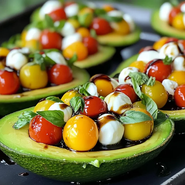Caprese stuffed avocados are simple to make. You need fresh, high-quality ingredients to get the best flavor. Here’s what you'll need: - Ripe avocados - Cherry tomatoes - Fresh mozzarella - Fresh basil leaves - Balsamic glaze - Olive oil - Salt and pepper Using ripe avocados is key. They should feel slightly soft when you press them. Cherry tomatoes add sweetness, while mozzarella gives a creamy texture. Fresh basil brings a bright flavor. Balsamic glaze adds a tangy sweetness that ties it all together. Make sure to use good olive oil for drizzling. Salt and pepper enhance all the flavors. When you gather these ingredients, you set the stage for a tasty and fresh delight. - Start by slicing the avocados in half. Hold the avocado steady with one hand. Use a sharp knife to cut down through the middle. - Next, remove the pit. You can carefully twist the two halves apart. The pit should stay in one half. - If you want more filling space, scoop out a little flesh. Use a spoon to gently remove some avocado, but keep the skin intact. - In a large mixing bowl, combine the halved cherry tomatoes and mozzarella. This mix adds a fresh taste to the dish. - Add the chopped basil leaves to the bowl. Then, drizzle in olive oil and balsamic glaze. These ingredients will enhance the flavor. - Season with salt and pepper to taste. Mix everything gently to combine. You want all the flavors to blend well. - Using a spoon, carefully fill each avocado half with the Caprese mixture. Make sure to pack the filling in well. - Drizzle a little balsamic glaze over the top. This adds a nice touch and extra flavor. - Serve immediately for the best taste. If you like them cold, chill in the fridge for about 10 minutes. Enjoy your tasty creation! To make perfect Caprese stuffed avocados, you need ripe avocados. Look for avocados that are dark green and feel slightly soft when you press gently. If they are hard, they need more time to ripen. To speed up ripening, place them in a paper bag with a banana or apple. The ethylene gas from these fruits helps avocados ripen faster. You can boost the flavor of your dish with some spices and herbs. Try adding a pinch of garlic powder or a dash of crushed red pepper for a kick. Fresh herbs like oregano or thyme also work well. If you want a twist on the dressing, consider using a lemon vinaigrette instead of balsamic glaze. This adds a bright, zesty taste. Caprese stuffed avocados pair nicely with various dishes. Serve them alongside grilled chicken or a fresh green salad. For a fun touch, add crusty bread or crispy crackers to the plate. When plating, arrange the avocados on a colorful platter. Drizzle some balsamic glaze over the top for a beautiful finish. {{image_2}} You can make Caprese stuffed avocados even better. Here are some ideas: - Adding more vegetables: Try adding diced bell peppers, cucumbers, or even spinach. These veggies add crunch and color. Mix them in with the tomatoes and cheese for extra flavor. - Using different cheese: If you want a twist, use feta or goat cheese. They will change the taste and make it more exciting. You can also try vegan cheese if you like. Want to make this dish heartier? Here are some protein options: - Grilled chicken or shrimp: Cook them until they are nice and juicy. Chop them into small pieces and mix them with the Caprese filling. This will add protein and make it more filling. - Vegan alternatives: For a plant-based option, use chickpeas or black beans. They are great for adding protein without meat. You can also add tofu for a different texture. If you have special dietary needs, you can still enjoy this dish. - Gluten-free options: The ingredients in Caprese stuffed avocados are naturally gluten-free. Just make sure any added products are also gluten-free. - Low-carb version: If you want to cut carbs, skip the balsamic glaze. You can use lemon juice instead for a fresh taste. This keeps the dish light and healthy. To store leftovers, place the stuffed avocados in an airtight container. This helps keep them fresh. If you can, cover them with plastic wrap. This extra layer can slow down browning. Keep them in the fridge for up to two days. To keep them fresh, add a little lemon juice to the exposed avocado. This will help slow down oxidation. You can also cover the top with more balsamic glaze for added flavor. Freezing stuffed avocados is not recommended. The texture of the avocado will change. Instead, prepare the filling and freeze it. This way, you can fill fresh avocados later. If you have to reheat, use a microwave. Warm the filling gently. Avoid heating the avocado halves directly. This will help maintain their texture and taste. To tell if an avocado is ripe, feel it gently in your palm. A ripe avocado will yield slightly to pressure. Check the color too; it should be dark green or almost black. If the avocado is too firm, it needs more time. You can place it in a paper bag to speed up ripening. Yes, you can prepare Caprese Stuffed Avocados ahead of time. Mix the filling and store it in the fridge. Keep the avocados whole until ready to serve. This way, they stay fresh and do not brown. If you must fill them early, add a bit of lemon juice. This helps keep them green longer. Caprese Stuffed Avocados pair well with grilled chicken or a fresh salad. A light pasta dish also works nicely. For drinks, try a crisp white wine or sparkling water with lemon. These choices enhance the fresh flavors of the dish and create a balanced meal. Caprese stuffed avocados are a fresh and tasty dish. We covered the key ingredients, like ripe avocados, cherry tomatoes, and fresh mozzarella. I shared step-by-step instructions for preparing and assembling the dish. You learned tips for selecting avocados and enhancing flavors. Variations let you customize this meal to fit diet needs. Lastly, storage tips help keep leftovers fresh. Enjoy making this simple, healthy dish and impress your family and friends!