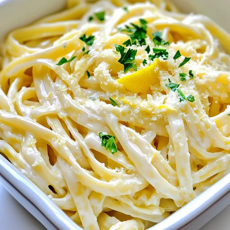 - 8 oz fettuccine or spaghetti - 2 tablespoons olive oil - 4 cloves garlic, minced - 1 cup heavy cream - 1 cup grated Parmesan cheese - Zest of 1 lemon - Juice of 1 lemon - Salt and pepper to taste This dish starts with either fettuccine or spaghetti. Both types work well, but I love the way fettuccine hugs the sauce. I always use good olive oil for flavor. Fresh garlic adds a lovely aroma and taste. Heavy cream makes the sauce rich and smooth. Parmesan cheese gives it a savory depth. Lemon zest and juice brighten the dish and add freshness. Don't forget salt and pepper! These basic seasonings bring all the flavors together. - Fresh parsley - Extra Parmesan cheese - Lemon wedges Garnishes make your dish look beautiful. Fresh parsley adds color and a hint of freshness. Extra Parmesan cheese gives a nice finishing touch. Lemon wedges are great on the side. They let you add a little extra zing if you want. Garnishing makes a simple dish feel special! Start by boiling a large pot of salted water. Use a good amount of salt; it helps flavor the pasta. Once the water is at a rolling boil, add your 8 oz of fettuccine or spaghetti. Cook the pasta according to the package instructions until it is al dente. This usually takes about 8-10 minutes. When it's ready, reserve 1 cup of the pasta water. Then, drain the pasta and set it aside. In the same pot, heat 2 tablespoons of olive oil over medium heat. Add 4 cloves of minced garlic to the pot. Sauté the garlic for 1-2 minutes until it is fragrant but not browned. Lower the heat to low, and pour in 1 cup of heavy cream. Stir to combine the cream with the garlic. Let it simmer gently for about 2 minutes. Gradually add 1 cup of grated Parmesan cheese. Stir until the cheese melts and the sauce becomes creamy. If the sauce is too thick, add some reserved pasta water a little at a time until you reach your desired consistency. Now, stir in the zest and juice of 1 lemon. Season with salt and pepper to your taste. Add the drained pasta to the creamy sauce. Toss the pasta well to coat it fully. If the sauce seems too thick, add more reserved pasta water until it is just right. This helps the sauce cling to the pasta better. Serve the pasta right away, garnishing with chopped fresh parsley for a nice touch. Enjoy your delicious dish! To keep your sauce from getting grainy, use fresh Parmesan cheese. Grate it yourself for the best results. If the cheese clumps, it can ruin the smooth texture. Make sure to stir continuously when adding the cheese to the cream. If your sauce is too thick, use the reserved pasta water. Add a little at a time until you reach your desired smoothness. This water adds flavor and helps blend the sauce with the pasta. You can add spices or herbs to make your dish pop. A pinch of red pepper flakes gives heat. Fresh basil or thyme adds a nice twist, too. Don't forget about the lemon zest; it boosts the lemon flavor. Use a microplane to get fine shavings for a bright taste. For plate presentation, serve the pasta in shallow bowls. Drizzle some extra olive oil on top for shine. Add a sprinkle of extra Parmesan and a lemon wedge for color. Pair the pasta with a simple salad or garlic bread. These sides balance the creamy sauce and enhance your meal. {{image_2}} You can easily add protein to Minute Creamy Garlic Lemon Pasta. Grilled chicken works great. It adds a nice texture and taste. Just slice it up and toss it in with the pasta. Shrimp or scallops are also fantastic choices. They cook quickly and soak up the garlic-lemon sauce. Simply sauté them in olive oil until pink and tender, and combine them with your pasta for a tasty meal. If you need gluten-free options, use gluten-free pasta. It cooks just like regular pasta and tastes great. There are many brands available, so you can find one that fits your needs. For a vegan version, swap the heavy cream for coconut milk or cashew cream. Use nutritional yeast instead of Parmesan cheese. This will still give you that rich, creamy flavor without any dairy. You can change up the flavors by adding vegetables. Spinach or peas are excellent choices. They add color and nutrients. Just toss them in with the pasta during the last minute of cooking. For cheese, you can try alternatives like goat cheese or vegan cheese. These options can add a new twist to this dish, giving it a unique flavor while still being creamy and delicious. After making Minute Creamy Garlic Lemon Pasta, let it cool. Store it in an airtight container. This keeps the pasta fresh and tasty. It will last in the fridge for about 3-4 days. When you are ready to eat, reheat it in a pan over low heat. Add a splash of water or cream to help bring back the creamy texture. Stir gently to warm it up. You can also use a microwave. Heat for 1-2 minutes, stirring halfway through. To freeze this dish, first let it cool completely. Portion it into freezer-safe bags or containers. Be sure to remove as much air as possible. This helps prevent freezer burn. The pasta can last in the freezer for about 2-3 months. When you want to enjoy it again, thaw it overnight in the fridge. For a quick thaw, place the sealed bag in warm water. Once thawed, reheat as mentioned before. Understanding how long the pasta lasts is key. In the fridge, it stays fresh for 3-4 days. In the freezer, it lasts 2-3 months. Always check for any signs of spoilage before eating. If it smells off or looks strange, it’s best to throw it away. Enjoy your creamy garlic lemon pasta with confidence! This dish takes just 15 minutes to make. You spend about 5 minutes getting ready and 10 minutes cooking. First, boil the pasta while you prep the sauce. This quick method makes it perfect for busy days. Yes, you can use other pasta types! Fettuccine and spaghetti work well. You can also try penne, linguine, or even gluten-free pasta. Just remember to adjust the cooking time as needed. Enjoy experimenting with your favorites! Absolutely! You can easily double or triple the recipe. Just make sure to adjust your pot size for cooking. If you have more guests, this dish will still be quick and tasty. It’s a perfect choice for gatherings or family dinners! This blog post covered how to make a creamy garlic lemon pasta dish. We explored key ingredients like fettuccine, garlic, and heavy cream. Each step, from cooking the pasta to combining it with the sauce, is straightforward and simple. You can make adjustments based on your taste and dietary needs. Try adding proteins or veggies to suit your preferences. With these tips, you’ll create a delicious meal every time. Enjoy cooking and sharing this easy dish!