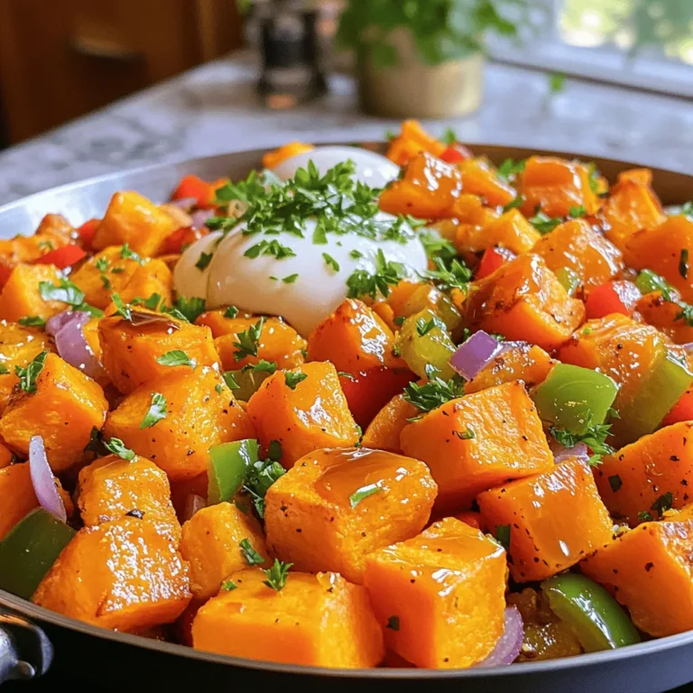 - 2 medium sweet potatoes, peeled and diced - 1 red bell pepper, diced - 1 green bell pepper, diced - 1 small red onion, chopped - 3 tablespoons olive oil - 2 tablespoons pure maple syrup - 1 teaspoon smoked paprika - ½ teaspoon garlic powder - ½ teaspoon salt - ¼ teaspoon black pepper - 4 large eggs (optional for topping) - Fresh parsley for garnish You need these simple ingredients to make your Maple Sweet Potato Breakfast Hash. Sweet potatoes give a sweet and creamy base. You can use red and green bell peppers for color and crunch. A small red onion adds a nice flavor. Olive oil helps cook everything evenly. Maple syrup sweetens the dish. Use pure maple syrup for the best taste. The smoked paprika adds a unique flavor. Garlic powder, salt, and black pepper make the dish pop. If you want to add protein, use eggs. They make a great topping. Fresh parsley adds a burst of color and freshness to your plate. Gather all these ingredients and get ready to cook! Start by peeling the sweet potatoes. Use a sharp peeler for easy work. Once peeled, dice them into small cubes. Aim for even sizes to ensure they cook well. Heat 3 tablespoons of olive oil in a large skillet over medium heat. Add the diced sweet potatoes to the skillet. Sauté them for about 8-10 minutes. Stir occasionally until they start to soften. You want a little browning for great flavor. Next, it’s time to add more color and flavor. Chop one small red onion and dice both red and green bell peppers. Add these veggies to the skillet with the sweet potatoes. Sauté for another 5-7 minutes. Cook until the vegetables become tender and slightly caramelized. This adds sweetness and depth to your hash. Now, let’s make it tasty! Sprinkle in 1 teaspoon of smoked paprika, ½ teaspoon of garlic powder, ½ teaspoon of salt, and ¼ teaspoon of black pepper. Stir well to mix the spices evenly. This gives the hash a warm, smoky flavor. Drizzle 2 tablespoons of pure maple syrup over the mixture. Stir gently to combine everything. Cook for another 2-3 minutes. This helps the flavors meld beautifully. If you want to add eggs, this step is for you. Create small wells in the hash using a spoon. Crack one large egg into each well. Cover the skillet with a lid. Cook for about 5-7 minutes. Check until the eggs reach your desired doneness. You can enjoy runny yolks or fully cooked eggs. When done, remove from heat and garnish with fresh parsley. Stirring your hash is key. It helps cook everything evenly. As the sweet potatoes soften, stir them every few minutes. This keeps them from sticking to the pan and burning. You want a nice, crispy edge. Achieving the right texture is important. Your sweet potatoes should be tender yet slightly crisp. This takes about 8-10 minutes for the potatoes and 5-7 minutes after adding the other veggies. Garnishes can make your meal pop. I love using fresh parsley. It adds color and freshness. You can also try avocado slices or a sprinkle of cheese. Pair the hash with toast for a complete meal. A slice of whole grain or sourdough bread adds great crunch. You can spread a little butter or avocado on top for added flavor. Feel free to swap in different vegetables. Zucchini, carrots, or spinach work well too. You can also change the peppers to add more heat. For a vegan option, skip the eggs. Instead, try using tofu or chickpeas for protein. This keeps your meal hearty and delicious without animal products. {{image_2}} You can easily change the flavor of your breakfast hash. Adding bacon or sausage gives it a nice, savory touch. The salty richness of bacon pairs well with the sweet potatoes. If you want a heartier meal, try adding cooked sausage. Just chop it up and mix it in for added protein. You can also use different syrups or sweeteners. Maple syrup works great, but agave syrup or honey can also add a new twist. Each sweetener brings its own flavor, which can change the whole dish. Experimenting with different options is part of the fun. If you need gluten-free options, this hash is already perfect! All the ingredients are naturally gluten-free. Just make sure the syrup you use is labeled gluten-free. For low-carb substitutions, replace sweet potatoes with cauliflower. Cauliflower gives a similar texture without the carbs. It’s a great way to enjoy this dish while sticking to your diet. You can also cut down on the amount of syrup used or skip it altogether if you prefer. To store leftovers, let the hash cool first. Place it in an airtight container. You can keep it in the fridge for up to three days. This keeps the flavors fresh and prevents spoilage. Use glass or plastic containers with tight seals. They help keep moisture in and odors out. For reheating, the best method is to use a skillet. Heat it over medium-low heat. Add a splash of olive oil to keep it from sticking. Stir the hash as it warms up. This helps maintain the texture and flavor. You can also use the microwave. Place the hash in a microwave-safe dish and cover it. Heat in short bursts, stirring in between, until warmed through. To make this dish vegan, skip the eggs. You can add more veggies for flavor and texture. Try using chickpeas or mushrooms as a protein boost. They both work well with sweet potatoes. Yes, you can prepare this hash in advance. Cook the sweet potatoes and veggies and store them in the fridge. When ready to eat, just reheat in a skillet. For best taste, eat within three days. This hash pairs well with many items. You can serve it with toast, avocado, or fresh fruit. For protein, add some turkey bacon or sausage. A smoothie or yogurt on the side works nicely too. To cut the sweetness, use less maple syrup. You can try adding more spices, like cayenne or black pepper. Adding a splash of vinegar can also balance the flavors and tone down the sweetness. This blog post covered how to make Maple Sweet Potato Breakfast Hash. We discussed the key ingredients, which include sweet potatoes, bell peppers, and seasonings. You learned step-by-step instructions for preparing and cooking the hash. I shared tips to enhance your dish and variations to suit different diets. In conclusion, this hearty hash is easy to make and fun to adapt. Enjoy your cooking and feel free to get creative!