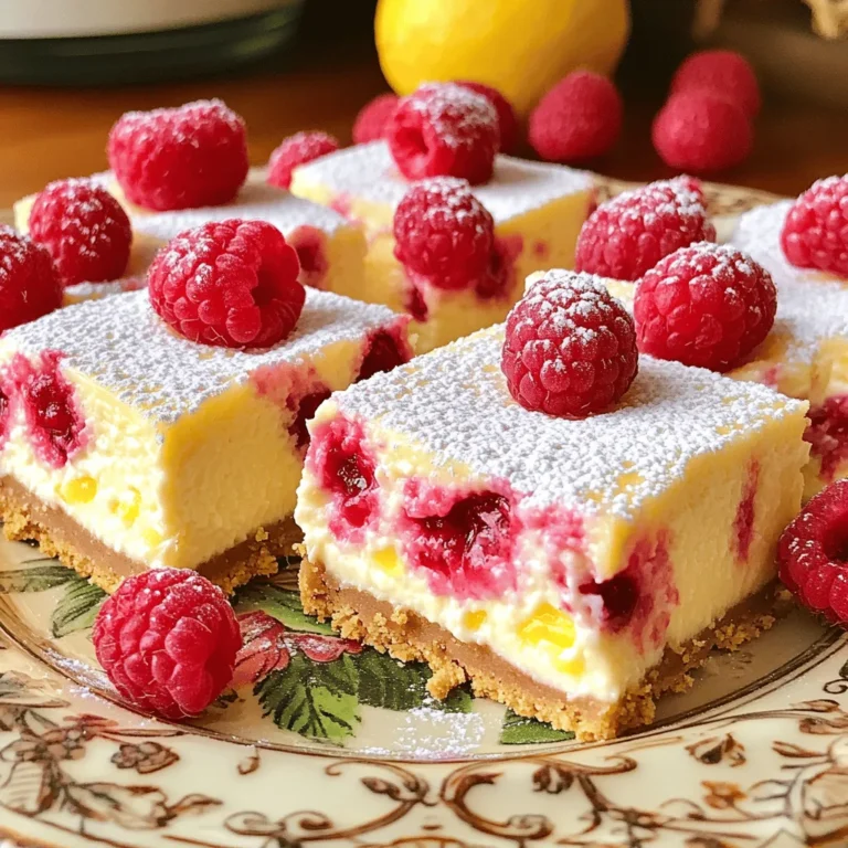 To make the Raspberry Lemon Cheesecake Bars, you need the following ingredients: - 1 ½ cups graham cracker crumbs - ½ cup unsalted butter, melted - 2 tablespoons granulated sugar - 16 oz cream cheese, softened - 1 cup granulated sugar - 2 large eggs - 1 teaspoon vanilla extract - Zest and juice of 2 lemons - 1 cup fresh raspberries - 1 tablespoon cornstarch (optional) These ingredients come together to create a creamy, zesty filling with a crunchy crust. The graham cracker crumbs form the base, while the cream cheese gives that rich texture. The lemon zest and juice add a bright flavor, and the fresh raspberries give a burst of sweetness. Make sure to use fresh ingredients for the best taste. The cornstarch is optional but can help thicken the filling if you prefer a firmer texture. You can always adjust the amount of sugar to suit your taste. Enjoy the process of mixing and baking! First, set your oven to 325°F (160°C). Next, line an 8x8 inch baking pan with parchment paper. Make sure to leave some paper hanging over the edges. This will help you lift the bars out later. In a bowl, mix together the graham cracker crumbs, melted butter, and 2 tablespoons of sugar. Stir until everything is well mixed. Press this mixture evenly into the bottom of your prepared baking pan. This will form a nice crust. Put the crust into the preheated oven and bake for 10 minutes. After that, take it out and let it cool a bit. This is important before adding the filling. In a large bowl, beat the softened cream cheese and 1 cup of sugar. Mix until the mixture is smooth and creamy, which should take about 3-4 minutes. Next, add the eggs to the bowl one at a time. Mix well after each egg. Then, add the vanilla extract, lemon zest, and lemon juice. Stir everything until it is smooth and well combined. Now, gently fold in the fresh raspberries. Be careful not to break them. If you want a thicker filling, sprinkle in 1 tablespoon of cornstarch and mix it in carefully. Pour the cheesecake mixture over the cooled crust. Spread it out using a spatula. Bake in the oven for 30-35 minutes. The center should be set but still have a slight jiggle. Once baked, let the cheesecake cool at room temperature. After it cools, put it in the fridge for at least 4 hours. If you can, chill it overnight for the best taste. When ready to serve, lift the cheesecake out of the pan using the parchment paper. Cut it into squares. For a pretty touch, add extra fresh raspberries on top. Using room temperature ingredients is key. It helps the cream cheese mix smoothly. Cold cream cheese can create lumps in your filling. Leave your cream cheese out for about an hour before use. This small step makes a big difference in texture. You can add even more flavor to your cheesecake bars. Try mixing in a bit of almond extract for a nutty twist. Fresh herbs like mint can add a nice touch, too. For toppings, consider adding lemon zest, whipped cream, or more fresh raspberries. A sprinkle of powdered sugar adds a lovely finish. Avoid overbaking your cheesecake bars. When they are done, the center should jiggle slightly. This means they are still creamy inside. Cracks often happen with overbaking. To help prevent this, bake at a lower temperature. A water bath can also help keep the bars moist. {{image_2}} You can switch up the fruit in these cheesecake bars. Try using blueberries, strawberries, or blackberries. Each fruit brings a unique taste. For a tropical twist, mango or pineapple can be great too. Just keep the same amount as the raspberries. This way, you still have that yummy fruit flavor. To make the crust gluten-free, use gluten-free graham cracker crumbs. You can find these at most stores. If you don't have them, crushed nuts or oats work too. Just follow the same steps to mix with melted butter and sugar. Press it into the pan like you do with regular crumbs. For a vegan version, swap the cream cheese with a plant-based cream cheese. Use flax eggs instead of real eggs. You can make flax eggs by mixing 1 tablespoon of ground flaxseed with 2.5 tablespoons of water. Let it sit for a few minutes until thick. This will help your bars stay together. Substitute the butter with coconut oil or a vegan butter. Enjoy a tasty dessert without dairy! Store your raspberry lemon cheesecake bars in the fridge. Use an airtight container. Make sure to cover the bars well. This keeps them fresh and tasty. Leftovers can last up to a week. To freeze the bars, first let them cool completely. Cut them into squares. Wrap each piece in plastic wrap. Then place them in a freezer-safe bag. Label the bag with the date. You can freeze them for up to three months. When ready to eat, thaw them in the fridge overnight. These cheesecake bars can last about one week in the fridge. If frozen, they stay good for three months. Always check for any signs of spoilage before eating. Store them properly to enjoy their best taste and texture. Yes, you can use frozen raspberries. They work well in this recipe. Here are some tips: - Thaw the raspberries first. Drain any excess liquid to keep your filling thick. - Gently fold them into the batter. This prevents breaking them too much. - Expect a slightly softer texture, but the flavor remains delicious. Look for a few key signs: - The edges should be set and firm. - The center should jiggle slightly when you shake the pan. - A toothpick inserted should come out mostly clean. Cracks can happen, but you can prevent and fix them. Here are some tips: - Bake at a lower temperature. This helps the cheesecake cook evenly. - Avoid opening the oven door while baking. This keeps the heat steady. - If cracks form, you can cover them with toppings like whipped cream or fruit. Creating cheesecake bars is simple and fun. You learned to gather ingredients, prepare the crust, and bake the filling with fresh raspberries. I shared tips for texture and flavor, along with variations for different diets. Remember, using room-temperature ingredients helps prevent cracks. You can store these bars easily and they freeze well. Enjoy making and sharing these delicious treats! Keep experimenting with flavors and have fun in the kitchen.