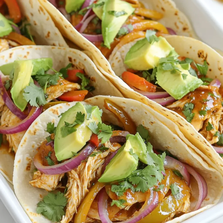 For these tasty tacos, you will need fresh and simple ingredients. Here’s what to gather: - 1.5 lbs boneless, skinless chicken thighs - 1 red onion, sliced - 1 bell pepper (any color), sliced - Corn tortillas - Fresh cilantro, chopped (for garnish) - Avocado, sliced (for serving) The marinade brings bold flavor to the chicken. Here’s what you need for it: - 2 tablespoons olive oil - 2 teaspoons chili powder - 1 teaspoon paprika - 1 teaspoon cumin - 2 limes (zested and juiced) - 4 cloves garlic, minced - 1 teaspoon salt - ½ teaspoon black pepper Toppings can enhance your tacos. Consider these options: - Salsa or pico de gallo (optional for serving) With these ingredients ready, you can enjoy a delicious meal that’s easy to make. Get your prep started, and let the flavors shine! First, gather your ingredients. You need olive oil, chili powder, paprika, cumin, lime zest, lime juice, minced garlic, salt, and black pepper. In a large bowl, mix these together. Stir until you see a smooth blend. The marinade adds flavor and moisture to the chicken. Now, take your chicken thighs and place them in the bowl. Toss the chicken in the marinade. Make sure every piece is coated well. Let it sit for at least 15 minutes. If you have more time, you can marinate it longer for a deeper flavor. Preheat your oven to 400°F (200°C). While it heats, prepare your sheet pan. Spread the marinated chicken on the pan. Add sliced red onion and bell pepper around the chicken. This mix will roast well together. Place it in the oven for 25-30 minutes. The chicken should reach 165°F (75°C) when done. The veggies will turn tender and slightly brown. Once the chicken is cooked, take it out and let it rest for 5 minutes. Use two forks to shred the chicken into bite-sized pieces. In a dry skillet, warm the corn tortillas over medium heat. Once soft, fill each tortilla with shredded chicken and roasted veggies. Finish with fresh cilantro and sliced avocado. If you like, add salsa or pico de gallo for extra taste. Enjoy your delicious tacos! To get the most flavor, use fresh ingredients. Fresh limes add bright zest. Always choose ripe avocados for creaminess. Marinate the chicken for at least 15 minutes. If you have more time, let it sit longer. This steps helps the chicken absorb all the spices. Cooking at 400°F (200°C) works best for this recipe. Roast the chicken and veggies for 25-30 minutes. Chicken should reach 165°F (75°C) internally. Use a meat thermometer for accuracy. This ensures juicy chicken and soft veggies. Let the chicken rest for 5 minutes after cooking. This helps keep it moist. Use two forks to shred the chicken. Pull the meat apart slowly for nice strands. Shredded chicken mixes well with the veggies in tacos. This way, every bite has great flavor. {{image_2}} You can swap chicken for other proteins. Try using pork or shrimp. Both options work well with the chili lime flavors. For pork, I suggest using tenderloin or shoulder cuts. These meats soak up the marinade nicely. Cook them the same way as chicken. For shrimp, use large, peeled shrimp. They cook quicker, so watch them closely in the oven. If you want a vegetarian taco, switch chicken for chickpeas or black beans. Both add protein and fiber. You can also use roasted veggies like zucchini or sweet potato. These options bring a hearty feel to your tacos. Just toss them in the same marinade and roast them on the sheet pan. Another great option is using grilled or sautéed mushrooms for a meaty texture. Tacos are fun to serve in many ways. You can create a taco bar for a party. Lay out the tortillas, chicken, and toppings. Let everyone build their own. For a twist, try taco bowls instead. Use rice or quinoa as a base and top with chicken and veggies. You can also use lettuce leaves instead of tortillas for a low-carb version. After you enjoy your tacos, store any leftovers in an airtight container. Place the shredded chicken and veggies together. Keep the corn tortillas separate. This helps them stay soft. You can store them in the fridge for up to three days. To reheat the chicken and veggies, use a skillet over medium heat. Heat for about five minutes, stirring often. This keeps the flavors fresh. If you're warming tortillas, heat them in a dry skillet for about 30 seconds on each side. This makes them soft again. If you want to save tacos for later, freeze the chicken and veggies. Place them in a freezer-safe bag or container. They can last up to three months. When you're ready to eat, thaw them overnight in the fridge. Reheat the same way as before. Enjoy your tasty meal anytime! Yes, you can use chicken breasts. They will work well in this dish. However, chicken thighs stay juicy and tender. If you choose breasts, watch the cooking time closely. They may cook faster, so check for doneness at 20 minutes. You have many options if you want to swap corn tortillas. Flour tortillas are a common choice. Lettuce wraps make a fun, low-carb option. You could also use whole wheat tortillas for a healthier twist. Each option will change the flavor and texture a bit. To add heat, use a spicier chili powder. You can also add fresh jalapeños or serrano peppers to the mix. Hot sauce can spice things up, too. If you like it really hot, try adding red pepper flakes to the chicken marinade. Adjust according to your taste! Chili lime chicken tacos are easy to make and full of flavor. We covered the key ingredients, from the marinade to the perfect toppings. I shared steps to marinate, roast, and assemble your tacos. You learned tips to boost flavor and ideal cooking times. Plus, there are tasty variations and storage tips for leftovers. With these ideas, you can enjoy great tacos any time. Cooking should be fun and simple. Enjoy your cooking journey!