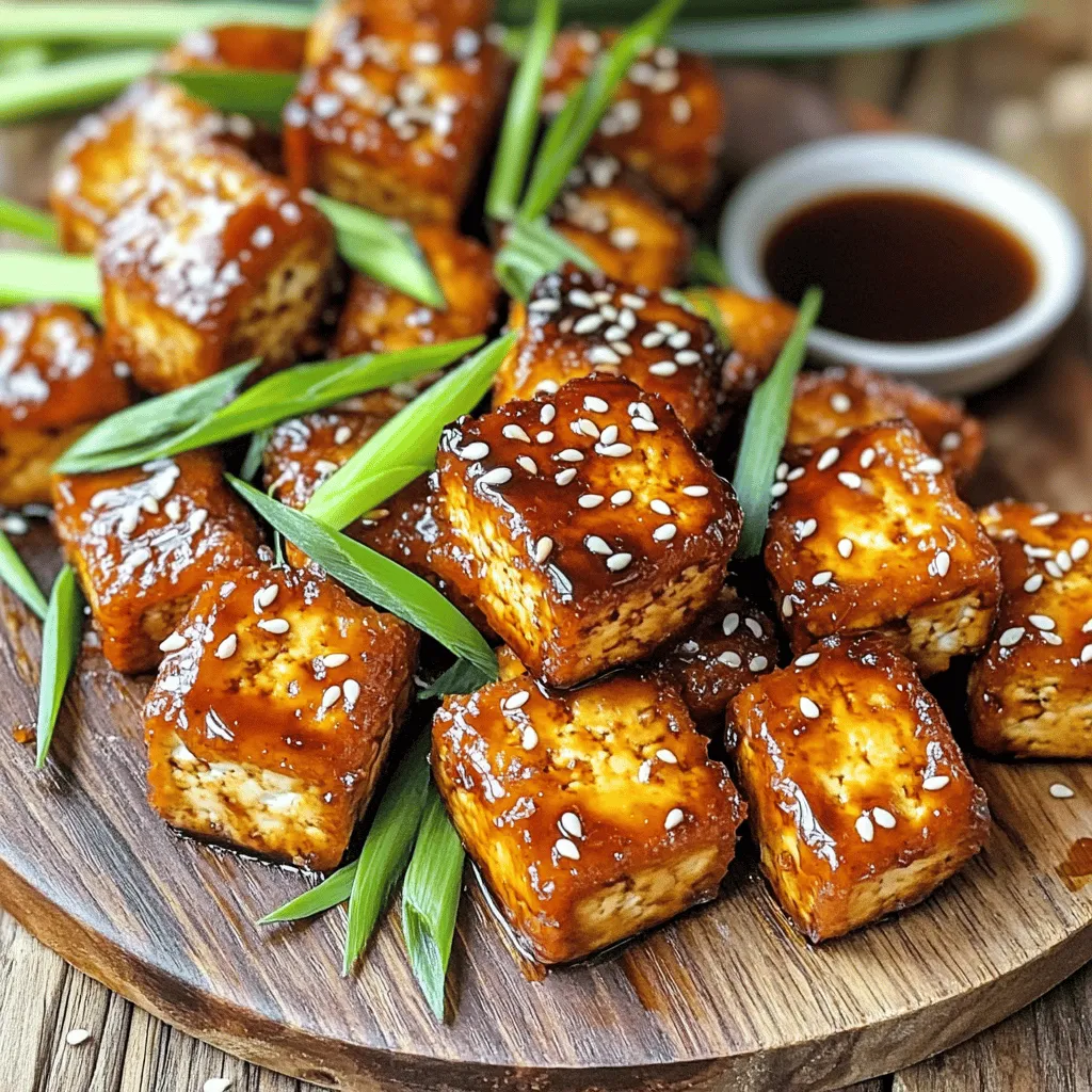 - 14 oz firm tofu, drained and pressed - 1/4 cup soy sauce (or tamari for gluten-free) - 2 tablespoons maple syrup - 2 tablespoons rice vinegar - 1 tablespoon sesame oil - 1 tablespoon grated fresh ginger - 2 cloves garlic, minced The main ingredients are key for flavor. Tofu is the star here. Choose firm tofu for the best texture. You want it drained and pressed to remove excess water. This helps it soak up the marinade. For the teriyaki marinade, you need soy sauce. Use tamari if you want a gluten-free option. Maple syrup adds sweetness, while rice vinegar brings tang. Sesame oil gives a rich flavor. Fresh ginger and garlic add warmth and depth. This blend creates a tasty sauce that makes every bite special. - 1 tablespoon cornstarch - 1 tablespoon sesame seeds (for garnish) - 2 green onions, sliced (for garnish) Cornstarch is vital for that crispy outside. It coats the tofu before air frying. This step makes a huge difference in texture. For garnishing, sesame seeds and sliced green onions add color and crunch. They make the dish look great and taste even better. Use these ingredients to finish your teriyaki tofu bites. They elevate the whole dish. Start by cutting the pressed tofu into bite-sized cubes. Aim for pieces about 1 inch wide. This size helps the tofu cook evenly. Next, press the tofu well to remove extra water. You can use a tofu press or place the tofu between two plates with a weight on top. This step is key for a firm texture. In a mixing bowl, combine the following ingredients: - 1/4 cup soy sauce (or tamari for gluten-free) - 2 tablespoons maple syrup - 2 tablespoons rice vinegar - 1 tablespoon sesame oil - 1 tablespoon grated fresh ginger - 2 cloves garlic, minced Mix these well to create a flavorful teriyaki marinade. You can enhance the flavor by using fresh ingredients. Fresh ginger and garlic add a special touch. Now, place the tofu cubes into the bowl with the marinade. Toss gently until all pieces are coated. Let the tofu marinate for at least 15 minutes. For a deeper flavor, you can marinate it for up to 1 hour. This soaking time allows the tofu to absorb the tasty marinade. First, preheat your air fryer to 375°F (190°C) for about 5 minutes. Lightly spray the air fryer basket with cooking oil. This prevents the tofu from sticking. Next, arrange the marinated tofu cubes in a single layer. Avoid overcrowding the basket for even cooking. Air fry the tofu at 375°F for 15-20 minutes. Be sure to shake the basket halfway through cooking. This helps the tofu cook evenly and become golden brown. Once they look crispy, remove the tofu from the air fryer. Enjoy the delightful texture and flavor of your teriyaki tofu bites! Cornstarch is key for crispy tofu bites. It helps create a crunchy outer layer that contrasts with the soft inside. After marinating the tofu, sprinkle cornstarch over it. Toss gently to coat all sides. This small step makes a big difference in texture. To prevent sticking in the air fryer, lightly spray the basket with cooking oil. This keeps your tofu bites from clinging to the surface. Make sure to arrange the tofu in a single layer. Avoid overcrowding the basket for even cooking. Want to kick up the flavor? Try adding chili flakes or smoked paprika to the marinade. These spices give your dish an extra layer of taste. You can also mix in a splash of lime juice for a zesty touch. Pair your teriyaki tofu bites with steamed rice or quinoa. Both options soak up the teriyaki sauce well. For a fun twist, serve them with a side of sweet chili sauce or peanut sauce. These dips add a delightful contrast to the savory bites. {{image_2}} If you want to switch things up, try tempeh or seitan instead of tofu. Both are great options for flavor and texture. Tempeh has a nutty taste and a firmer bite. Seitan, made from wheat gluten, has a chewy texture that many love. To prepare tempeh, slice it into cubes like tofu. Cook it in the air fryer just like the tofu bites. For seitan, you can use pre-cooked strips. Adjust cooking time to about 10-15 minutes, as it cooks faster. If you're looking for gluten-free options, use tamari instead of soy sauce. Tamari tastes similar but lacks gluten. This small change allows everyone to enjoy the dish. For vegan adjustments, this recipe is already vegan-friendly. Just stick to the ingredients listed. Be sure to check the maple syrup to ensure it's vegan. Get creative with marinades! You can make them spicy or sweet. For a spicy kick, add sriracha or chili paste to the marinade. If you want a sweeter flavor, try adding pineapple juice. Experiment with different herbs, like cilantro or basil, for a fresh twist. Each change can give your tofu bites a whole new taste. Enjoy the process of finding your favorite flavor! To keep your teriyaki tofu bites fresh, store them in the fridge. Use an airtight container to avoid moisture. They will last for about 3 to 5 days. If you have a lot, try dividing them into smaller portions. This makes it easy to grab a snack later. To keep your tofu bites crispy, the air fryer is the best option. Preheat it to 375°F (190°C) and air fry for about 5 to 7 minutes. This helps them regain their crunch. If you use a microwave, you may lose some crispiness. Heat them for about 1 to 2 minutes but expect a softer texture. For the best flavor, marinate the tofu for at least 15 minutes. This short time helps the tofu soak up the sauce. If you have more time, marinate for up to 1 hour. The longer it sits, the bolder the flavor becomes. You can even prepare the marinade a day ahead. Letting tofu sit overnight allows deep flavor absorption. Yes, you can use other sauces. Some great options include soy sauce with some honey or miso. Each sauce brings a unique taste to the tofu. You might try a spicy sauce for heat or a sweet chili sauce for a different twist. Just remember to adjust the marinating time if you switch sauces. Pair your teriyaki tofu bites with steamed rice or quinoa. These grains soak up the sauce well. You can also serve them with a fresh salad for crunch. Roasted veggies add color and flavor to the plate. Consider adding a light dipping sauce for extra zest. Enjoy mixing and matching sides to create a full meal! In this post, we explored making delicious air fryer teriyaki tofu bites. We covered the key ingredients, how to prepare and marinate the tofu, and tips for getting that perfect texture. You can also get creative with variations and storage methods. With the right techniques, you can enjoy tasty and healthy bites that fit your needs. I encourage you to try this recipe and enjoy the results. Your cooking will be better and more fun!