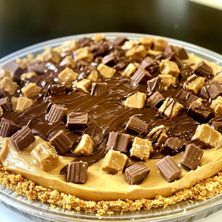 To make the No-Bake Peanut Butter Cup Pie, you will need the following ingredients: - 1 ½ cups graham cracker crumbs - ½ cup unsalted butter, melted - 1 cup creamy peanut butter - 1 cup powdered sugar - 8 oz cream cheese, softened - 1 tsp vanilla extract - 1 cup whipped cream (or whipped topping) - 6-8 mini peanut butter cups, chopped (plus extra for garnish) - Chocolate sauce for drizzling Each ingredient plays a key role in crafting a rich and creamy pie. The graham cracker crumbs create a crunchy base. Unsalted butter helps bind the crumbs together. Creamy peanut butter gives the pie its signature flavor. Powdered sugar adds sweetness and smoothness to the filling. Cream cheese makes the filling rich and creamy. Vanilla extract enhances the overall taste. Whipped cream lightens the texture. Mini peanut butter cups add fun bites of chocolate. Finally, chocolate sauce gives a beautiful finish. Gather your ingredients before starting. This makes the process smooth and fun. To start, gather your ingredients. In a medium bowl, combine 1 ½ cups of graham cracker crumbs with ½ cup of melted butter. Mix until it looks like wet sand. Next, press this mixture tightly into the bottom and sides of a 9-inch pie plate. Make sure it’s even. Now, chill the crust in the fridge for at least 15 minutes. This helps it set and hold its shape. Now, let's make the filling. In a large mixing bowl, beat together 1 cup of creamy peanut butter, 1 cup of powdered sugar, 8 oz of softened cream cheese, and 1 tsp of vanilla extract. Mix until you achieve a smooth texture with no lumps. This step is key for a creamy pie. It's time to assemble the pie! Gently fold in 1 cup of whipped cream into the peanut butter mixture. Be careful not to deflate the whipped cream; we want a light texture. After that, fold in 6-8 chopped mini peanut butter cups. This adds a nice crunch and flavor. Next, pour the peanut butter filling into the chilled crust. Smooth the top with a spatula for a nice finish. Now, cover the pie with plastic wrap and place it in the fridge. Chill for at least 4 hours or overnight for the best results. Before serving, drizzle chocolate sauce over the top and add extra chopped peanut butter cups for garnish. Enjoy your delicious creation! To avoid a crumbly crust, mix the graham cracker crumbs and melted butter well. You want it to feel like wet sand. Press this mixture tightly into your pie plate. This helps it hold together when you slice it. Chill the crust for at least 15 minutes. This step makes it firm and ready for filling. For even butter distribution, drizzle the melted butter slowly into the crumbs. Use a fork to mix it in. This ensures every crumb gets coated. If you skip this, some areas may crumble when you cut the pie. Folding in whipped cream is key to a light pie. Gently add the whipped cream to the peanut butter mix. Use a spatula and make slow, sweeping motions. This keeps the air in the whipped cream and gives your pie a nice lift. Avoid overmixing after you fold in the whipped cream. Overmixing can make the pie dense. You want a fluffy texture, so mix just until you see no streaks. For a stunning presentation, smooth the top of the pie with a spatula. Drizzle chocolate sauce over the top for a nice finish. You can also sprinkle extra chopped peanut butter cups for a fun look. Pair the pie with toppings like whipped cream or chocolate shavings. These add more flavor and make it look extra special. Enjoy your pie with a side of fresh fruit for a refreshing touch. {{image_2}} You can easily change the flavor of your pie. Adding chocolate pudding makes it richer. Simply layer it under the peanut butter filling. Another fun twist is using different nut butters. Almond or cashew butter gives a unique taste. Each nut butter adds its own fun twist. Try them all and find your favorite! If you want to make this pie gluten-free, use gluten-free graham crackers. They work just like regular ones. You can also use cookie crusts, like Oreos. Crush them and mix with melted butter. This gives the pie an extra chocolatey kick. It’s a great way to switch it up! You can make this pie special for the seasons. In fall, add a hint of pumpkin spice. In summer, top it with fresh berries. For the holidays, use festive garnishes like crushed candy canes or seasonal sprinkles. These little changes keep the pie fun and fresh all year round! To keep your no-bake peanut butter cup pie fresh, you need to cover it well. Use plastic wrap to cover the pie tightly. This helps to keep it from drying out. You can also use a pie keeper if you have one. Store it in the fridge, where it will stay good for 3 to 5 days. Chilling time is key for this pie. I recommend chilling it for at least 4 hours. For the best taste and texture, chill it overnight. This allows the flavors to blend and the filling to set properly. Yes, you can freeze no-bake peanut butter cup pie! Freezing is a great way to save extra pie for later. To freeze, wrap it tightly in plastic wrap and then foil. This prevents freezer burn. You can freeze it for up to 2 months. When you are ready to enjoy your pie, take it out of the freezer. Put it in the fridge for a few hours to thaw. For best results, let it thaw overnight. After it’s soft, you can slice and serve. Drizzle with chocolate sauce for a tasty touch! The pie needs to chill for at least 4 hours. This step allows the filling to set properly. If you want the best texture, chill it overnight. This gives the flavors time to blend well. Your pie will be firmer and easier to slice after a long chill. Yes, you can use crunchy peanut butter. This will change the texture of your pie. You will get a nice crunch in every bite. The flavor will stay rich and delicious. It may also give your pie a more rustic look. You can use Greek yogurt or silken tofu as a substitute. Both options will lighten the pie. Greek yogurt adds a tangy taste, while silken tofu keeps it mild. These swaps can make your dessert healthier and still tasty. This blog post guides you through making a delicious no-bake peanut butter cup pie. We covered the key ingredients, step-by-step instructions, and helpful tips to ensure your pie turns out perfect every time. Remember, choosing the right crust and technique can make all the difference. Feel free to explore variations and customize this dessert to suit your taste. By following these steps, you'll create a treat that everyone will love. Enjoy your tasty pie and the smiles it brings!