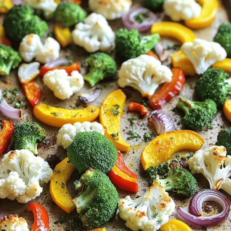 To make this simple and tasty dish, gather these fresh ingredients: - 2 cups broccoli florets - 2 cups cauliflower florets - 1 red bell pepper, cut into strips - 1 yellow squash, sliced - 1 red onion, cut into wedges - 6 cloves garlic, minced - 3 tablespoons olive oil - 1 teaspoon dried oregano - 1 teaspoon dried thyme - 1 teaspoon smoked paprika - Salt and pepper to taste - Fresh parsley for garnish You will need some basic kitchen tools to prepare this dish: - Large mixing bowl - Small mixing bowl - Baking sheet - Spatula or wooden spoon - Knife and cutting board Choosing fresh veggies makes a big difference. Look for bright colors and firm texture. Here are some tips: - For broccoli and cauliflower, check for firm florets without brown spots. - Pick bell peppers that feel heavy for their size and have smooth skin. - Choose squash that is firm and has no soft spots. - Red onions should have a shiny skin and feel solid. Fresh vegetables enhance the flavor of your roasted garlic herb veggies. Always select the best for a great meal! Start by washing all your veggies well. You’ll need 2 cups of broccoli florets and 2 cups of cauliflower florets. Next, cut 1 red bell pepper into strips. Slice 1 yellow squash and cut 1 red onion into wedges. Place all these veggies into a large mixing bowl. This mix brings great colors and flavors. In a small bowl, mix 6 cloves of minced garlic with 3 tablespoons of olive oil. Add 1 teaspoon of dried oregano, 1 teaspoon of dried thyme, and 1 teaspoon of smoked paprika. Season with salt and pepper to taste. Stir it well to combine. This marinade gives your veggies a burst of flavor. Preheat your oven to 425°F (220°C). Pour the garlic herb marinade over the veggies in the bowl. Toss them well, so every piece is coated. Spread the veggies in a single layer on a large baking sheet. Roast them for 20 to 25 minutes. Stir halfway through for even cooking. When done, they should be tender and lightly caramelized. Once out of the oven, let them cool a bit. Garnish with fresh parsley before serving. Enjoy your tasty Roasted Garlic Herb Veggies! To get the best roasted veggies, spread them out on the pan. If they crowd each other, they will steam instead of roast. Stir them halfway through to ensure even cooking. You want crispy edges and soft centers. The right oven temperature is key. Always preheat to 425°F (220°C). This temperature helps caramelize the sugars in the veggies, giving them a sweet flavor. You can mix and match your veggies based on what you like. Try using carrots, zucchini, or asparagus. Just keep the total amount the same. You can also adjust the marinade. If you love spice, add red pepper flakes. For a sweeter touch, use balsamic vinegar instead of olive oil. Get creative with what you have! Fresh herbs can brighten up your dish. Try adding basil, rosemary, or dill. Toss them in just before serving to keep their fresh flavor. You can also use herb blends, like Italian seasoning, to add depth. Remember, herbs can change the whole taste. Don’t be afraid to experiment and find what you love! {{image_2}} You can easily change the veggies based on what’s fresh. Try using green beans or Brussels sprouts in the spring. In the fall, sweet potatoes or carrots add great flavor. Just keep the same roasting time for best results. You can boost this dish by adding protein. Chickpeas are a great choice for a plant-based option. Just toss them in with the veggies before roasting. If you prefer tofu, cut it into cubes and marinate it the same way. For meat lovers, add chicken pieces to the mix. It all roasts well together and makes a full meal. You can change the taste by adding different spices. If you like heat, add cayenne pepper or chili flakes to the marinade. This gives the dish a nice kick. For a sweeter flavor, try adding a bit of honey or maple syrup. This will caramelize while roasting and taste amazing. After you enjoy your roasted garlic herb veggies, let them cool first. Place leftovers in an airtight container. This helps keep them fresh. Store them in the fridge for up to three days. If you want to keep them longer, consider freezing them. To reheat, use your oven for the best taste. Preheat your oven to 350°F (175°C). Spread the veggies on a baking sheet. Heat for about 10-15 minutes. This method keeps them crispy and tasty. You can also use a microwave if you're short on time. Just heat in short intervals, stirring often. Freezing roasted veggies is simple. First, cool them completely. Then, spread them on a baking sheet in a single layer. Freeze for about an hour. Once frozen, transfer them to a freezer bag. Remove as much air as you can. Label the bag with the date. They can last up to three months in the freezer. When ready to eat, reheat directly from frozen. This method locks in the flavor and nutrients. Yes, you can use fresh herbs! Fresh herbs bring bright flavors. Use three times the amount of fresh herbs. For example, if the recipe calls for one teaspoon of dried oregano, use three teaspoons of fresh oregano. Fresh herbs add a nice touch to your roasted veggies. They can make your dish taste even better. Roasted Garlic Herb Veggies pair well with many dishes. You can serve them with grilled chicken, fish, or tofu. They also work well with grains like rice or quinoa. Try them as a side for pasta dishes, too. You can even toss them into salads for extra flavor. Their taste adds depth to any meal. Check the veggies after 20-25 minutes in the oven. They should be tender and slightly browned. Use a fork to poke them; they should be easy to pierce. If they feel soft and look caramelized, they are ready to eat. Stir them halfway through the cooking time for even roasting. Enjoy the tasty results! Roasted garlic herb veggies are simple and tasty. We covered the best ingredients and equipment. I shared tips on choosing fresh veggies, making a garlic herb marinade, and roasting. You learned how to customize your dish and even add protein. Don’t forget to store leftovers properly for later. Remember, cooking is flexible. You can swap ingredients to suit your taste. Enjoy creating delicious meals that bring joy to your table!