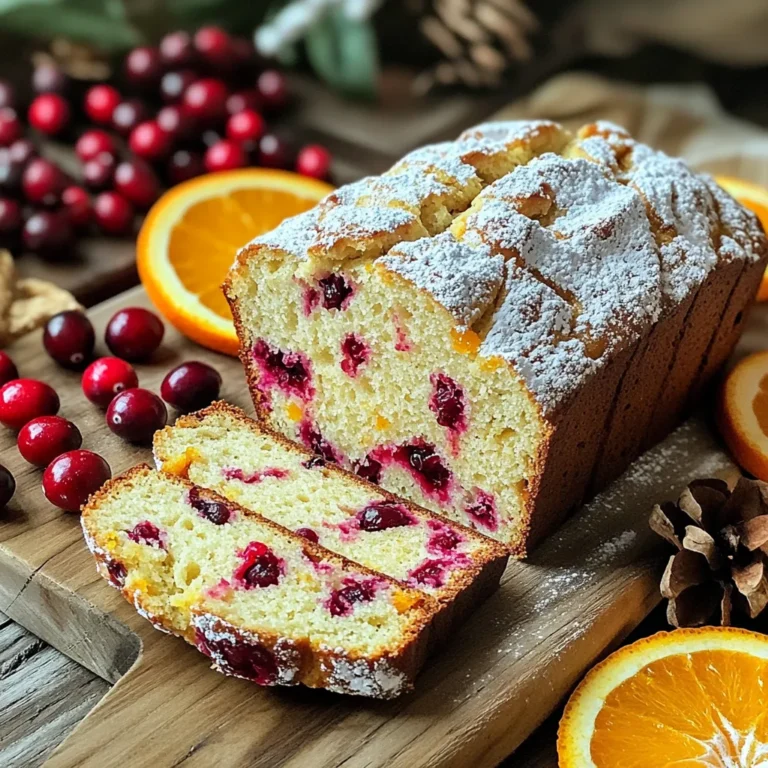 - 2 cups all-purpose flour - 1 cup fresh cranberries, chopped - 1/2 cup sugar - 1 tablespoon baking powder - 1/2 teaspoon salt - 1/2 teaspoon ground cinnamon - 1/4 teaspoon ground nutmeg - 1/2 cup unsalted butter, melted - 2 large eggs - 1/2 cup orange juice, freshly squeezed if possible - Zest of 1 orange - 1 teaspoon vanilla extract - 1/2 cup chopped walnuts (optional) Gathering these ingredients is fun. The mix of sweet and tart will make your bread shine. Fresh cranberries add a pop of color and flavor. The orange juice and zest bring a bright note that pairs well. If you like nuts, walnuts add crunch and depth. Using all-purpose flour gives the right texture. Baking powder helps the bread rise. Sugar balances the flavors and gives a nice crust. Ground cinnamon and nutmeg add warmth, making every bite cozy. I recommend using fresh ingredients. They make a big difference in taste. When you bake with care, your kitchen fills with delicious scents. This recipe is all about easy steps and tasty results. Prepare to enjoy a delightful breakfast! 1. Preheat your oven to 350°F (175°C). Grease a 9x5 inch loaf pan with butter or cooking spray. 2. In a large mixing bowl, whisk together the dry ingredients. This includes 2 cups of all-purpose flour, 1/2 cup of sugar, 1 tablespoon of baking powder, 1/2 teaspoon of salt, 1/2 teaspoon of ground cinnamon, and 1/4 teaspoon of ground nutmeg. Make sure they are well mixed. 3. In a separate bowl, combine the wet ingredients. Beat together 1/2 cup of melted unsalted butter, 2 large eggs, 1/2 cup of freshly squeezed orange juice, the zest of 1 orange, and 1 teaspoon of vanilla extract. Mix until smooth. 4. Pour the wet mixture into the dry ingredients. Gently mix until just combined. Be careful not to overmix, as this can make the bread tough. 1. Fold in the chopped cranberries (1 cup, chopped) and walnuts (1/2 cup, optional) until they are evenly distributed throughout the batter. 2. Pour the batter into the prepared loaf pan. Use a spatula to smooth the top. 3. Bake in the oven for 50-60 minutes. Check doneness by inserting a toothpick into the center. It should come out clean when the bread is done. - Avoiding overmixing the batter: Mix just until the flour disappears. Overmixing makes the bread tough. It’s okay if small lumps remain. They will bake out. - Ensuring even baking: Place the loaf pan in the center of the oven. This helps hot air circulate around it. Check your bread a few minutes before the timer goes off. If the top is browning too fast, cover it with foil. - The importance of using fresh ingredients: Fresh cranberries bring great flavor and bright color. Use fresh orange juice for the best taste. Old ingredients can change the texture and flavor of your bread. - Ideal serving temperatures: This bread is best warm or at room temperature. If it cools too much, you can warm it slightly in the oven. - Toppings and accompaniments: A smear of butter is classic. Cream cheese adds a nice tang. You could even try a drizzle of honey for extra sweetness. - Presentation ideas: Slice into thick pieces and arrange on a platter. Dust with powdered sugar for a sweet touch. Garnish with fresh cranberries and orange slices for a pop of color. {{image_2}} You can make this bread even more fun by adding other fruits. Blueberries add a sweet burst, while chopped apples give great texture. Mix and match the fruits you love best! You can also swap or add nuts in this recipe. Pecans bring a rich, buttery flavor. Almonds add a nice crunch and a hint of sweetness. Choose whatever nuts you enjoy most. If you are gluten-free, you can use gluten-free flour. Look for blends that work well in baking. They can give you a light and fluffy texture similar to regular flour. For a healthier option, try using sugar substitutes. Stevia or coconut sugar will work well. They can help cut down on calories while keeping your bread sweet and tasty. To keep your Cranberry Orange Breakfast Bread fresh, store it in an airtight container. This helps prevent it from drying out. You can also wrap it tightly in plastic wrap. Place the wrapped bread in a cool, dark place. For best results, eat the bread within three days. If you want to keep it longer, consider freezing it. To freeze the breakfast bread, let it cool completely first. Wrap each loaf tightly in plastic wrap. Then, place the wrapped bread in a freezer bag. Remove as much air as possible before sealing. You can freeze it for up to three months. When ready to eat, take it out and let it thaw overnight in the fridge. To restore its texture, warm it in the oven for a few minutes before serving. Enjoy each slice as if it were fresh-baked! Yes, you can use frozen cranberries. Just thaw them first. This helps the bread stay moist and flavorful. Frozen cranberries work well in this recipe, too. This bread can last about 3 to 5 days at room temperature. Make sure to store it in an airtight container. It can also last up to a week in the fridge. Yes, you can prepare the batter a day ahead. Just mix it and store it in the fridge. Bake it fresh the next morning for a warm breakfast treat. If your bread turns out dry, try adding a splash of orange juice. This can help moisten it. You can also serve it with butter or cream cheese to add richness. In this blog post, we explored making delicious Cranberry Orange Breakfast Bread. We covered key ingredients and a clear step-by-step guide. I shared useful tips for great baking and serving. You can also try fun variations and keep leftovers fresh. Baking this bread adds joy to your mornings. Enjoy it now and share it with others!
