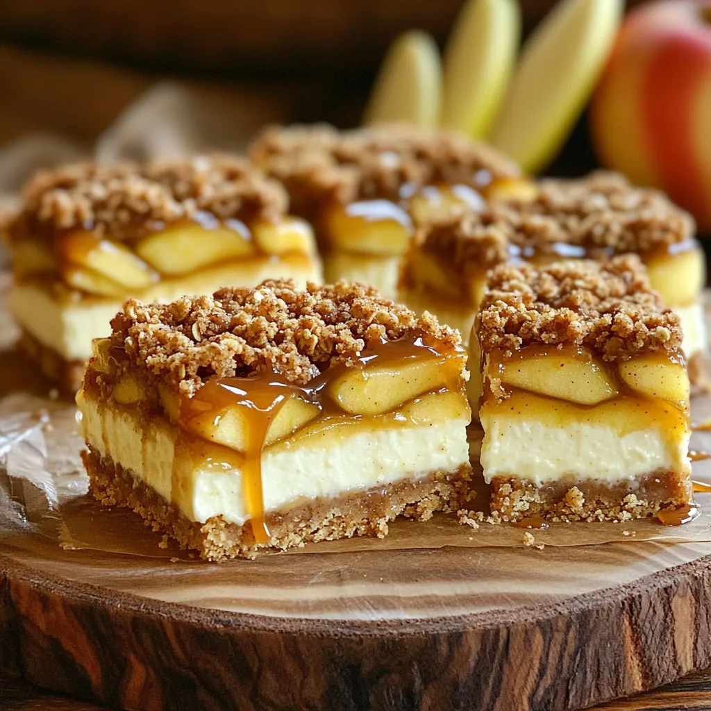 - 1 ½ cups graham cracker crumbs - ½ cup unsalted butter, melted - ¼ cup granulated sugar I use graham cracker crumbs for a crunchy base. The melted butter helps bind the crumbs. Granulated sugar adds a bit of sweetness. - 3 medium apples, peeled and diced (preferably Granny Smith) - ¼ cup brown sugar - 1 teaspoon cinnamon - 1 tablespoon lemon juice For the apple filling, I like Granny Smith apples. They are tart and hold their shape well. Brown sugar adds depth, while cinnamon brings warmth. Lemon juice keeps the apples bright and fresh. - 8 oz cream cheese, softened - ½ cup granulated sugar - 1 teaspoon vanilla extract - 1 large egg The cream cheese gives this layer its rich and creamy texture. Sugar sweetens it, and vanilla enhances the flavor. The egg helps set the cheesecake when baked. - 1 cup all-purpose flour - ½ cup brown sugar - ½ teaspoon cinnamon - ½ cup unsalted butter, cold and cubed - ½ cup rolled oats I love a crumbly streusel topping. Flour and brown sugar create the base, while cinnamon adds flavor. Cold butter makes it crumbly. Oats give it a nice texture. - ½ cup caramel sauce (store-bought or homemade) A drizzle of caramel sauce adds the final touch. It enhances the sweet flavors and adds a rich contrast. You can use store-bought, but homemade is easy and fun! Start by preheating your oven to 350°F (175°C). This step is key for a good bake. Next, line an 8x8-inch baking dish with parchment paper. Leave some paper hanging over the sides. This helps you lift out the bars later. In a medium bowl, mix together 1 ½ cups of graham cracker crumbs, ½ cup of melted unsalted butter, and ¼ cup of granulated sugar. Stir until it looks crumbly. Press this mixture evenly into the bottom of your baking dish. Bake for 10 minutes and let it cool. Take 3 medium apples, peel, and dice them. I prefer Granny Smith apples for their tartness. In a large bowl, toss the diced apples with ¼ cup of brown sugar, 1 teaspoon of cinnamon, and 1 tablespoon of lemon juice. Make sure all pieces are well coated. Set this aside. In a separate bowl, beat 8 oz of softened cream cheese with ½ cup of granulated sugar until smooth. Add 1 teaspoon of vanilla extract and 1 large egg. Mix until combined but don’t overmix. This will keep your cheesecake light and fluffy. Pour the cheesecake layer over the cooled crust. Spread it out evenly. Next, layer the apple filling on top of the cheesecake. Make sure to distribute the apples evenly so each bite has flavor. In another bowl, mix together 1 cup of all-purpose flour, ½ cup of brown sugar, and ½ teaspoon of cinnamon. Add ½ cup of cold cubed butter and ½ cup of rolled oats. Use your fingers or a pastry cutter to blend until it looks like coarse crumbs. Sprinkle this streusel topping over the apples. Put the dish back in the oven. Bake for about 35-40 minutes. You want the streusel to turn golden brown and the cheesecake layer to set. Keep an eye on it! Once baked, take the dish out and let the bars cool completely at room temperature. After that, refrigerate for at least 2 hours. When ready, lift the bars out using the parchment paper. Drizzle with ½ cup of caramel sauce before slicing into squares. Enjoy the sweet reward! For a great flavor, I love using Granny Smith apples. They are tart and firm. Their taste contrasts well with the sweet cheesecake and caramel. You can also try Honeycrisp for a sweeter twist. Always peel and dice the apples for even cooking and easy bites. To create a smooth cheesecake layer, start with softened cream cheese. This makes mixing easy and helps avoid lumps. Mix the cream cheese and sugar until creamy, then add the egg gently. Overmixing adds air and can make the cheesecake puff up. For a perfect streusel topping, keep the butter cold. This helps it form crumbs. Use your fingers to mix the butter with flour, sugar, and oats. Don't worry about being too neat; a few larger clumps make for a nice texture. Serve the bars chilled for the best taste. A drizzle of caramel sauce on top adds extra sweetness. You can also add fresh apple slices for a pop of color. Present them on a beautiful platter to impress your guests. {{image_2}} You can swap apples for other fruits. Pears work great, too. They bring a soft bite and sweet taste. You may also try berries, like blueberries or raspberries. Just remember to adjust the sugar. Berries are sweeter, so you might need less sugar. To make these bars gluten-free, choose gluten-free graham cracker crumbs. You can find these in most stores. For the flour in the streusel, use almond flour or a gluten-free blend. The taste stays rich, and the texture remains smooth. For a vegan version, use plant-based cream cheese. You can also replace the egg with a flax egg. Mix one tablespoon of ground flaxseed with three tablespoons of water. Let it sit until it thickens. Use maple syrup or agave instead of sugar to keep it plant-based. These changes keep your bars tasty and plant-friendly. Store any leftover bars in an airtight container. Keep them in the fridge for up to five days. This keeps the flavors fresh and the texture nice. Make sure to separate layers with parchment paper to avoid sticking. If you want to save these bars for later, freezing works well. Wrap each bar tightly in plastic wrap. Then, place them in a freezer bag or container. They can stay in the freezer for up to three months. When you're ready to enjoy them, simply thaw overnight in the fridge. To enjoy these bars warm, reheat them gently. Place a bar on a microwave-safe plate. Heat for 10-15 seconds. Check to see if it's warm enough. If you like, drizzle more caramel sauce on top before serving. This adds extra flavor and a nice touch! Yes, you can use different apples. Granny Smith apples work best for their tartness. However, you can try Honeycrisp or Fuji apples for a sweeter taste. Mixing different apples can add fun flavors and textures. Look for a golden-brown streusel topping and a slight jiggle in the center. The cheesecake layer should be set but still soft. If you insert a toothpick, it should come out mostly clean. This shows the bars are ready to cool. You can substitute cream cheese with mascarpone or a vegan cream cheese. These options will change the flavor slightly. If you want a lighter option, try ricotta cheese, but it may alter the texture. To cut the bars neatly, use a sharp knife. Warm the knife under hot water, then dry it before cutting. This helps make clean lines. Cut the bars while they are chilled for easier slicing. You can store these bars in the fridge for up to five days. Keep them in an airtight container for the best results. They can also be frozen for up to three months if you want to save some for later. We explored the main components of this delicious dessert, from the crust to the caramel drizzle. You learned how to prepare each layer step by step and some helpful tips to make it perfect. Remember, you can switch up fruits and even go gluten-free. Storing leftovers is easy, making this a treat you can savor. Enjoy experimenting with variations and sharing it with friends! This dessert is sure to impress. Happy baking!