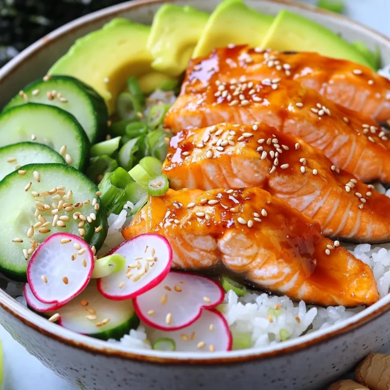 To make your TikTok Salmon Rice Bowl, gather these fresh ingredients: - 1 cup sushi rice - 1 1/4 cups water - 2 fillets of fresh salmon (about 6 oz each) - 2 tablespoons soy sauce - 1 tablespoon sesame oil - 1 tablespoon rice vinegar - 1 avocado, sliced - 1 small cucumber, thinly sliced - 2 radishes, thinly sliced - 2 tablespoons sesame seeds (toasted) - 2 green onions, chopped - Seaweed sheets (nori), cut into strips (optional) - Pickled ginger (for garnish) Sometimes, you might not have all the ingredients. Here are some easy swaps: - Use brown rice instead of sushi rice for a healthy twist. - Swap salmon for tuna or shrimp for a different flavor. - For a vegan option, replace fish with marinated tofu. - Use tamari instead of soy sauce for a gluten-free dish. - If you lack sesame oil, olive oil gives a nice touch too. Keeping salmon fresh is key for taste and safety. Here are my tips: - Buy salmon that smells fresh, not fishy. Look for bright, clear eyes if buying whole fish. - Always check the sell-by date on the package. - Store salmon in the coldest part of your fridge. - If you won’t use it soon, freeze it. Wrap it tightly to avoid freezer burn. - Use salmon within two days of purchase for best flavor. First, rinse the sushi rice well. Use cold water until it runs clear. This step is key to removing extra starch. Next, put the rinsed rice and water in a medium saucepan. Heat it until it boils. Cover the pot and lower the heat. Let it simmer for about 15 minutes. After that, take it off the heat. Keep it covered for another 10 minutes. This helps the rice become fluffy and perfect. While your rice cooks, it's time to marinate the salmon. In a small bowl, mix the soy sauce, sesame oil, and rice vinegar. Whisk until combined. Place the salmon fillets in a shallow dish. Pour the marinade over them. Let the salmon soak in the flavors for about 15 to 20 minutes. This will make the fish taste amazing. Now, heat a non-stick skillet over medium-high heat. Once hot, add the salmon skin-side down. Cook it for about 4 to 5 minutes. You want the skin to become crispy. After that, carefully flip the salmon. Cook for an additional 2 to 3 minutes. It should be just cooked through. Remove it from the heat and let it rest for a moment. To build your rice bowl, fluff the cooked sushi rice with a fork. Lightly season it with a pinch of salt. In serving bowls, divide the rice as a base. Place the salmon fillets on top. Next, arrange the avocado, cucumber, and radish slices around the salmon. This adds color and crunch. Sprinkle toasted sesame seeds and chopped green onions on top. If you like, add nori strips for extra texture. Serve with pickled ginger on the side. This gives a nice zing and completes your meal! To make perfect sushi rice, rinse it well. Rinse the rice with cold water until clear. This helps to wash away extra starch. Starch makes rice sticky, and we want it tender and fluffy. Use a medium saucepan for cooking. Combine one cup of sushi rice with one and a quarter cups of water. Bring it to a boil, then cover and lower the heat. Let it simmer for about 15 minutes. Once the water is absorbed, let it sit covered for ten more minutes. Fluff with a fork before serving. Start with fresh salmon fillets. Marinate them for 15-20 minutes in a mix of soy sauce, sesame oil, and rice vinegar. This adds great flavor. Heat a non-stick skillet over medium-high heat. Place the salmon skin-side down in the hot skillet. Cook it for 4-5 minutes until the skin is crispy. Flip the salmon carefully and cook for another 2-3 minutes. The salmon should be just cooked through. Let it rest for a moment to keep it juicy. Make your salmon rice bowl bright and colorful. Start with a base of fluffy sushi rice. Top it with the cooked salmon fillet. Arrange sliced avocado, cucumber, and radish around the salmon. This adds color and crunch. Sprinkle toasted sesame seeds and chopped green onions on top. For extra flair, add strips of nori. Serve with pickled ginger on the side for a zing. This bowl not only tastes great but looks amazing too! {{image_2}} If you want to switch things up, try different proteins. Tuna is a great choice. It has a similar taste and texture. Just marinate it like the salmon. You can also use tofu for a plant-based option. Firm tofu works best. Cut it into cubes and marinate it too. Both options keep the bowl fresh and tasty. Feel free to mix in various vegetables. Carrots add a nice crunch. Bell peppers can bring sweet flavor. You can also try edamame for a protein twist. Steamed broccoli is a great choice too. Use any veggies you like. This makes the bowl colorful and healthy. Want some extra flavor? Try spicy tuna! Just mix sriracha with the tuna. This gives a great kick. You can also add mango salsa. Dice mango with onion, lime juice, and cilantro. This adds sweetness and brightness to your dish. These twists keep your bowl exciting and new. Storing leftovers is easy. First, let your salmon rice bowl cool down. Use an airtight container to keep it fresh. Place your salmon, rice, and veggies in separate sections. This way, the flavors stay right. You can store it in the fridge for up to two days. Reheating requires care to keep it tasty. For the rice, add a splash of water before microwaving. Cover it to trap steam. Heat for 1-2 minutes until warm. For the salmon, place it in a skillet over low heat. Heat for about 3-5 minutes until hot. This helps keep the salmon moist. Freshness matters for your ingredients. Salmon lasts in the fridge for 1-2 days after cooking. Avocado and cucumber should be used within 1 day for best taste. Store radishes in a cool place to keep them crisp for about 3 days. Sesame seeds can last weeks if kept dry and cool. Yes, you can use regular rice. However, sushi rice has a sticky texture. This helps it hold together better. If you use regular rice, you may need to adjust the water. It might not clump as well, but it will still taste good. You can tell when salmon is cooked by checking its color. Cooked salmon turns from bright pink to a lighter shade. It should flake easily with a fork. The internal temperature should reach 145°F. If you have a meat thermometer, it is a helpful tool. You can serve many things with a salmon rice bowl. Here are some ideas: - Steamed broccoli - Edamame - Miso soup - A simple green salad These sides add color and extra nutrients to your meal. Yes, the TikTok Salmon Rice Bowl is a healthy choice. Salmon is rich in omega-3 fatty acids. These are good for your heart. The veggies add fiber and vitamins. Using sushi rice gives you carbs for energy. Overall, this meal balances protein, healthy fats, and carbs. This blog detailed how to create a delicious salmon rice bowl. We covered the ingredients, cooking methods, and tips for perfect results. I shared variations for different tastes and how to store your leftovers. Remember, fresh ingredients make a big difference. Try different proteins and veggies to mix things up. Cooking should be fun and creative. Enjoy making your own special bowl and impress your friends!