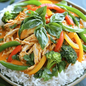 - 2 lbs chicken thighs, boneless and skinless - 1 can (14 oz) coconut milk - 2 tablespoons red curry paste - 1 tablespoon fresh ginger, grated - 3 cloves garlic, minced - 1 tablespoon soy sauce (or tamari for gluten-free) - 1 tablespoon brown sugar - 1 bell pepper (red or yellow), sliced - 1 cup snap peas - 1 cup broccoli florets - Fresh basil leaves for garnish - Juice of 1 lime - Salt and pepper to taste For this dish, I prefer chicken thighs. They stay juicy and tender. Boneless and skinless thighs work best. You can also use chicken breast, but it may dry out. Coconut milk gives a rich and creamy base. If you want a lighter option, try light coconut milk. For a nutty flavor, almond milk can work too, but it changes the taste. The herbs and spices are key. Red curry paste adds heat and depth. Fresh ginger wakes up the dish, while garlic gives warmth. Always taste as you go. I recommend using red curry paste. It has a balanced heat. You can try green or yellow curry paste for a different twist. Fresh ingredients like bell peppers, snap peas, and broccoli add crunch and color. They help make the dish vibrant and fresh. You can add other veggies like carrots or zucchini if you like. For extra nutrition, consider adding carrots, spinach, or mushrooms. These can boost flavor and texture. For garnishing, fresh basil leaves are a must. They add a pop of flavor. You can also use lime wedges for a zesty kick. A sprinkle of chopped cilantro can provide freshness too. 1. Start with the chicken thighs. Remove any skin and bones. Rinse them under cold water. Pat them dry with paper towels. This helps the chicken absorb flavors. 2. In your slow cooker, add the chicken thighs. Pour in the coconut milk. Add the red curry paste. Stir it all together until mixed well. 3. Next, grate fresh ginger and mince garlic. Add them to the slow cooker along with soy sauce and brown sugar. Mix until the curry paste dissolves. 1. Now, it's time to layer the vegetables. Slice the bell pepper into thin strips. Place the bell pepper, snap peas, and broccoli florets on top of the chicken. This keeps the veggies crisp and colorful. 2. Cover the slow cooker. Set it on low for 6-7 hours or high for 3-4 hours. The chicken should be tender and easy to shred. 1. Once cooked, taste the curry. Adjust with salt, pepper, and lime juice for balance. This brightens the flavors. 2. Use two forks to shred the chicken right in the slow cooker. This adds flavor to the sauce. 3. Serve the curry over steamed jasmine rice or rice noodles. Top with fresh basil leaves for a pop of color and taste. - Best practices for using a slow cooker: Always place the chicken at the bottom. This helps it cook evenly. Layer vegetables on top for the best texture. Don't peek too often. Lifting the lid lets heat escape. - Adjusting spice levels: If you like it mild, use less red curry paste. You can add more later if needed. Taste as you go to find the right balance for you. - Ideal sides to serve with the dish: Serve your curry with jasmine rice or rice noodles. These sides soak up the sauce well. Fresh lime wedges add a nice zing too. - Creative ways to use leftovers: Use leftover curry in a wrap. You can also add it to a salad for extra flavor. It makes great filling for tacos, too! - Pitfalls when cooking with coconut milk: Avoid cooking on high too long. Coconut milk can separate and lose creaminess. Stir gently to keep it smooth and rich. - Avoiding overcooked vegetables: Add delicate veggies like snap peas near the end. They cook fast and stay crisp. Overcooked veggies turn mushy and lose their bright color. {{image_2}} You can easily swap ingredients to suit your needs. If you want to change the chicken thighs, try using chicken breasts. They work well too but may cook faster. For a vegan option, replace the chicken with chickpeas or tofu. Both options soak up the curry flavor nicely. Add more depth to the curry by using different spices or herbs. Fresh cilantro and lime zest can brighten the dish. You can also add a pinch of cumin or coriander for a twist. If you want to change the heat level, try different curry pastes. Green curry paste adds a fresh kick, while yellow curry paste is milder. If you don’t have a slow cooker, try using an Instant Pot. Cook on high pressure for about 15 minutes. You can also make this dish on the stovetop. Just simmer everything in a pot for about 30 minutes. Serve the curry over rice or noodles. You can also serve it in a bowl with crunchy toppings like peanuts or crispy shallots. To keep your Slow Cooker Thai Coconut Curry Chicken fresh, follow these tips: - Refrigerating leftovers: Let the dish cool completely. Store it in an airtight container. It will stay fresh for up to 4 days. - Freezing: Use a freezer-safe container or bag. Label it with the date. It will last for up to 3 months in the freezer. When you want to enjoy your curry again, here’s how to reheat it: - Stovetop method: Place the curry in a pot. Heat it over low heat. Stir often to keep it from sticking. - Microwave method: If using a microwave, transfer it to a microwave-safe bowl. Heat in short bursts, stirring in between. This helps it heat evenly. Avoid overheating, as it can change the flavors and texture. It's important to know how long your dish will last: - In the fridge: The curry will last for up to 4 days. - In the freezer: You can keep it for up to 3 months. Watch for spoilage signs like off smells or changes in color. If anything seems off, it's best to toss it. How long does it take to cook in a slow cooker? The cooking time depends on your slow cooker setting. Cook on low for 6 to 7 hours. If you’re short on time, you can cook on high for 3 to 4 hours. The chicken will be tender and full of flavor. Can I use frozen chicken for this recipe? Yes, you can use frozen chicken! Just add an extra hour to the cooking time. Be sure to check that the chicken is fully cooked before serving. Nutritional breakdown per serving Each serving has about 350 calories. It includes roughly 25 grams of protein, 20 grams of fat, and 15 grams of carbs. This dish provides a good balance of nutrients. Tips for making it healthier To lighten this dish, use light coconut milk. You can also add more vegetables, like zucchini or spinach, to boost fiber. Serve it with brown rice instead of white for added health benefits. Can I make this dish spicier? Absolutely! To make it spicier, add more red curry paste. You can also toss in some sliced jalapeños or red pepper flakes. Adjust it to your taste for a kick. How to adjust for smaller servings? If you need smaller servings, cut the recipe in half. Use 1 pound of chicken and reduce the other ingredients too. This will help keep the flavors balanced while making enough for two to three people. This article covered the essential parts of making Slow Cooker Thai Coconut Curry Chicken. We discussed key ingredients, from chicken thighs to spices. You learned how to layer flavors and avoid common cooking mistakes. I shared tips for storage and reheating to keep your dish tasty. Remember, cooking is about experimenting, so don’t hesitate to try variations. Enjoy your cooking adventure and make this dish your own!