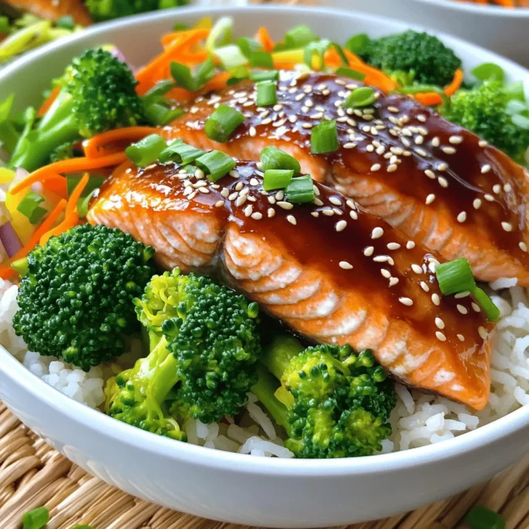 To make tasty teriyaki salmon rice bowls, you need: - 2 salmon fillets - 1/4 cup soy sauce - 2 tablespoons honey - 1 tablespoon rice vinegar - 1 garlic clove, minced - 1 teaspoon fresh ginger, grated - 2 cups cooked jasmine rice These main ingredients create a flavor-packed dish. The salmon is rich and buttery, while the teriyaki sauce adds a sweet and savory kick. For a colorful finish, add these toppings: - 1 cup steamed broccoli florets - 1/2 cup shredded carrots - 1/4 cup sliced green onions - Sesame seeds for garnish These toppings provide texture and freshness. The broccoli adds crunch, while the carrots bring a pop of color. Green onions and sesame seeds finish the dish nicely. You can also serve with: - Pickled ginger for extra flavor Pickled ginger gives a nice contrast to the rich salmon. It adds zing to each bite, enhancing the overall experience. To make the teriyaki sauce, gather your ingredients first. You need: - 1/4 cup soy sauce - 2 tablespoons honey - 1 tablespoon rice vinegar - 1 garlic clove, minced - 1 teaspoon fresh ginger, grated In a small bowl, whisk these ingredients together. This mix gives your salmon a sweet and savory flavor. Next, take the salmon fillets and place them in a shallow dish. Pour half of the teriyaki sauce over the salmon. Let it marinate for about 20 minutes. This step helps the salmon soak up all that great flavor. You can cook the salmon using a skillet or a grill. I recommend a non-stick skillet for easy cooking. Heat it over medium heat. After the salmon has marinated, remove it from the dish. Cook the salmon for about 4-5 minutes on each side. While it cooks, baste it with the leftover marinade. This adds a nice glaze and helps caramelize the salmon. You want it to be golden and flavorful. Now it's time to put everything together. Start with a scoop of jasmine rice at the bottom of each bowl. The rice acts as a base, soaking up all the flavors. Next, add steamed broccoli and shredded carrots on top. Finally, place the cooked salmon fillet right in the center. Drizzle it with more teriyaki sauce. To finish, sprinkle sliced green onions and sesame seeds on top. If you like, add pickled ginger on the side for extra flavor. Enjoy your delicious teriyaki salmon rice bowl! - To cook salmon perfectly, aim for 4-5 minutes per side. Use medium heat. - Baste the salmon with leftover teriyaki sauce to add flavor and shine. - Check for doneness by ensuring the salmon flakes easily with a fork. - For the best flavor, let the sauce marinate the salmon for 20 minutes. - Pair your bowls with steamed edamame or a crisp cucumber salad. - A light, fruity drink like iced green tea complements the flavors well. - For presentation, stack the rice and toppings in layers for a vibrant look. - Use colorful bowls to enhance the visual appeal of your meal. - If you like it spicy, add a dash of sriracha to the teriyaki sauce. - Feel free to swap salmon for chicken or tofu for a different taste. - If you're gluten-free, use tamari instead of soy sauce in the marinade. - For a lighter meal, reduce the amount of rice and add more veggies. {{image_2}} You can swap salmon for chicken or tofu. Both options work well in this dish. Chicken gives a hearty bite, while tofu adds a nice texture. If you use chicken, cook it for about 6-7 minutes on each side. For tofu, pan-fry for about 3-4 minutes until golden. The teriyaki sauce will still shine with these proteins. Feel free to get creative with your veggies! You can add seasonal choices like bell peppers or snap peas. Mixing in leafy greens, like spinach or kale, boosts the nutrition. These veggies add color and crunch. You can also top the bowl with avocado for extra creaminess. Try making your own teriyaki sauce for a unique flavor. Combine soy sauce, honey, garlic, and ginger for a fresh twist. You can also use different marinades, like a spicy chili sauce or a citrus glaze. Each sauce will change the flavor profile and keep things fun. Experiment and find your favorite! To keep your teriyaki salmon rice bowls fresh, store them in airtight containers. This helps prevent moisture loss and keeps flavors intact. Place the salmon, rice, and veggies together in the container. You can also store the components separately if you prefer. Leftovers will stay good in the fridge for up to three days. When reheating, use a microwave or skillet. If you choose a microwave, heat the rice and salmon separately. This helps avoid overcooking the salmon. In a skillet, heat everything on low. Add a splash of water or extra teriyaki sauce for moisture. This keeps the rice fluffy and salmon tasty. You can freeze these bowls, but it’s best to freeze the components separately. Salmon and rice freeze well. Store them in freezer-safe bags. They stay fresh for about two months. When ready to eat, thaw in the fridge overnight. Reheat as mentioned above for the best results. Yes, you can prepare these bowls ahead of time. Cook the salmon and rice, then store them separately in the fridge. This way, they stay fresh. When ready to eat, just reheat the salmon and rice. Add vegetables and sauce right before serving for the best taste. You can use many vegetables with teriyaki salmon rice bowls. Here are some great options: - Bell peppers - Snap peas - Zucchini - Baby corn - Cauliflower These veggies add color and nutrition. Feel free to mix them based on your taste. While not strictly necessary, marinating the salmon makes a big difference. It infuses flavor and keeps the fish moist. Even a short marinade of 20 minutes can enhance the taste. If you're short on time, you can skip this step, but I highly recommend it. Absolutely! Brown rice is a healthy option. It has more fiber and gives a nutty flavor. Just remember that brown rice takes longer to cook than jasmine rice. Adjust your cooking time accordingly to ensure it’s tender and fluffy. To make the teriyaki sauce sweeter, add more honey or use maple syrup. If you want it spicier, mix in some red pepper flakes or sriracha. Start with a little and taste as you go. You can always add more to reach your perfect flavor! In this blog post, we explored how to create delicious teriyaki salmon rice bowls. We covered the main ingredients, from salmon to jasmine rice, and discussed various toppings like steamed broccoli and shredded carrots. I provided step-by-step instructions on preparing the teriyaki sauce, cooking the salmon, and assembling the bowls. You learned valuable tips for perfecting your dish and discovered fun variations and storage methods. Enjoy making this meal your own, and don’t hesitate to experiment! You’ll have a tasty dish you can share and enjoy anytime.