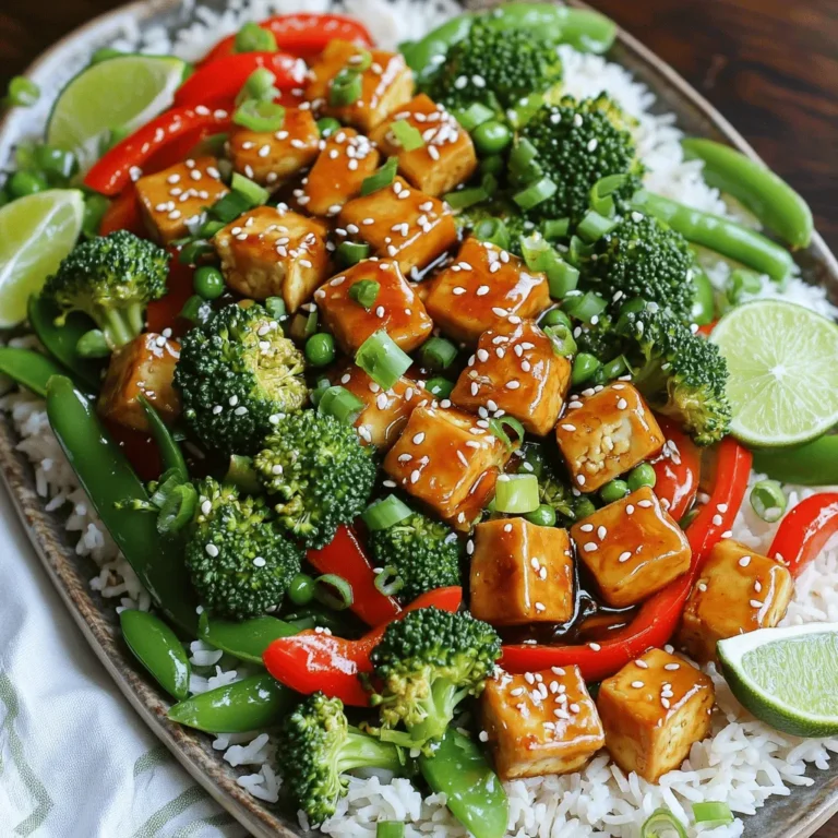 - 14 oz firm tofu, pressed and cubed - 2 tablespoons honey - 3 tablespoons soy sauce - 3 cloves garlic, minced - 1 tablespoon fresh ginger, minced - 1 red bell pepper, sliced - 1 cup broccoli florets - 1 cup snap peas - 2 tablespoons vegetable oil - 1 teaspoon sesame oil - 2 green onions, chopped (for garnish) - Sesame seeds (for garnish) I love using firm tofu in this dish. It holds its shape well and absorbs flavors. Honey adds sweetness, while soy sauce brings saltiness. Garlic and ginger give depth and warmth to the stir fry. For vegetables, I choose bright red bell pepper, crisp broccoli florets, and sweet snap peas. They add color and texture to the meal. I use vegetable oil for frying. It has a high smoke point, perfect for stir frying. Sesame oil adds a nutty flavor at the end. I finish with green onions and sesame seeds for a nice touch. 1. Pressing the tofu First, we need to press the tofu. Take a block of firm tofu and place it between two plates. Then, add a weight on top. Let it sit for about 15 minutes. This step removes extra water. It helps the tofu soak up flavor later. 2. Cutting into cubes After pressing, cut the tofu into bite-sized cubes. Aim for even pieces so they cook at the same rate. This makes each bite enjoyable and consistent. 3. Coating with cornstarch Next, take a small bowl. Add 1 tablespoon of cornstarch. Toss the cubed tofu in the cornstarch until each piece is coated. This coating helps create a crispy texture when we fry the tofu. 1. Frying the tofu Heat 2 tablespoons of vegetable oil in a large skillet or wok. Get the oil hot over medium-high heat. Once hot, add the tofu cubes. Fry them for about 8-10 minutes. Make sure they turn golden brown on all sides. After frying, remove the tofu and set it aside. 2. Sautéing the vegetables In the same skillet, add more oil if needed. Now, toss in the sliced red bell pepper, broccoli florets, and snap peas. Sauté these vegetables for about 4-5 minutes. Cook until they are tender but still crisp. This keeps their bright colors and crunch. 3. Combining the ingredients and sauce Return the crispy tofu to the skillet. Pour the honey garlic sauce over the tofu and veggies. Stir gently to mix everything. Cook for an additional 2-3 minutes. This allows the sauce to thicken and coat all the ingredients. 1. Adding sesame oil Once everything is mixed, drizzle 1 teaspoon of sesame oil over the stir fry. This adds a rich flavor. Toss the stir fry again to blend in the sesame oil. 2. Serving suggestions Serve the stir fry hot over a bed of jasmine rice. You can use a large platter or individual bowls. Garnish with chopped green onions and sesame seeds for a pop of color. A few lime wedges on the side can add a zesty touch. Enjoy your meal! - Using cornstarch effectively: To get that crispy tofu, coat the cubes in cornstarch. This helps create a crunchy crust when you fry them. Make sure to cover every side evenly. - Avoiding overcrowding in the pan: When you fry the tofu, don’t crowd the pan. This keeps the heat high and helps the tofu crisp up. If needed, fry in batches. - Substituting or adding spices: You can spice things up! Try adding red pepper flakes or black pepper for some heat. If you like it sweet, add more honey. - Adjusting sweetness: If you want a sweeter flavor, increase the honey. For a less sweet taste, reduce the honey or add more soy sauce. - Plating options: Serve the stir fry on a large plate or in individual bowls. Use white plates for a nice contrast with the colorful veggies. - Garnishing techniques: Top your dish with chopped green onions and sesame seeds. A few lime wedges add a fresh touch and look great on the side. {{image_2}} If you want to switch up the protein, try tempeh or seitan. Both options work well in stir fry. Tempeh adds a nutty taste, while seitan has a meaty texture. You can also add chickpeas for extra protein and fiber. They soak up flavors and add a nice bite. Feel free to get creative with your veggies! Use seasonal swaps to keep things fresh. Carrots, bell peppers, or zucchini are great choices. You can also add leafy greens like spinach or kale. They cook quickly and add nutrition to your meal. This dish can fit many diets. To make it vegan, replace honey with maple syrup or agave. For those who need gluten-free meals, use tamari instead of soy sauce. These small changes keep the flavor while meeting dietary needs. Store your Honey Garlic Tofu Stir Fry in an airtight container. This keeps the flavors fresh. Place it in the fridge within two hours after cooking. Leftovers stay good for about three to four days. To reheat, use the microwave or a skillet. If using a skillet, add a splash of water. This keeps the tofu moist. Heat on medium until warm. Avoid overheating, so it stays tasty. You can freeze the stir fry, but the texture may change. If you want to freeze it, let it cool first. Then, place it in a freezer-safe container. It lasts for about three months in the freezer. To thaw, move it to the fridge overnight. Reheat it in a skillet over low heat. Add a little water to help it steam. This way, your stir fry stays juicy. In the fridge, your stir fry stays fresh for three to four days. Look for signs of spoilage. If you see mold or a strange smell, throw it away. Always trust your senses! Proper storage helps keep your meal safe and delicious. Yes, you can prep this dish in advance. Here are some tips for meal prep: - Tofu: Press and cut the tofu ahead of time. Store it in the fridge. - Sauce: Mix the honey, soy sauce, garlic, and ginger. Keep it in a jar. - Veggies: Chop the bell pepper, broccoli, and snap peas. Keep them fresh in the fridge. - Cooking: You can cook the tofu and veggies right before serving. This keeps everything fresh. No, honey is not vegan. Here are some honey alternatives for vegan diets: - Maple Syrup: It adds sweetness without animal products. - Agave Nectar: This is another great option for a similar taste. - Brown Rice Syrup: This is less sweet but works well in stir fry. You can pair this dish with many sides. Here are some suggestions: - Jasmine Rice: This is the classic choice. It soaks up the sauce well. - Quinoa: A healthy grain that adds protein. - Noodles: Stir-fried or steamed noodles are a great option. - Salad: A fresh green salad adds crunch and balance. If you like heat, here are some ways to spice it up: - Chili Flakes: Add these while cooking the veggies. - Sriracha: Drizzle this on top before serving. - Fresh Jalapeños: Slice and mix in for a fresh kick. - Ginger: Increase the amount of ginger for more zing. In this post, we explored how to make a tasty Honey Garlic Tofu Stir Fry. We covered key ingredients like firm tofu, honey, and fresh veggies. I shared simple steps to prepare and cook your dish to perfection. With tips for crispy tofu and fun variations, you can customize your stir fry. Remember to store leftovers properly to keep them fresh. Enjoy your cooking adventure, and let the flavors bring joy to your meals!