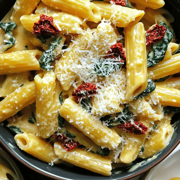 - Pasta options: - 12 oz (340g) penne pasta works great here. You can use any pasta shape you like, but penne holds the sauce well. - Fresh vegetables: - 1 cup sun-dried tomatoes in oil, drained and sliced adds a burst of flavor. - 3 cups fresh spinach gives color and nutrients to the dish. - Dairy and alternatives: - 1 cup heavy cream makes the sauce rich and creamy. Use a dairy-free alternative if you prefer. - ½ cup grated Parmesan cheese adds a cheesy finish. For vegan, try nutritional yeast. - Seasonings and oils: - 2 tablespoons olive oil is perfect for sautéing. - 1 teaspoon dried oregano and 1 teaspoon dried basil enhance the flavors. - Salt and pepper to taste bring everything together. - Broth and seasonings: - 4 cups vegetable broth provide the base for cooking the pasta. - Red pepper flakes are optional if you like a bit of heat. These ingredients blend to create a creamy delight that is quick and easy to make. You’ll love how they come together in one pot. Happy cooking! Start by heating olive oil in a large pot over medium heat. Add the diced onion and sauté for about 3-4 minutes. You want the onion to turn clear. Next, toss in the minced garlic for one more minute. Keep stirring so it won't burn. Now, add the sun-dried tomatoes, dried oregano, and dried basil. Cook this mix for about 2 minutes to let those flavors come together. The aroma will make your kitchen feel warm and inviting. Pour in the vegetable broth and bring it to a boil. Once it bubbles, add 12 ounces of penne pasta. Stir well so the pasta is fully covered. Lower the heat to a simmer and cook uncovered for 10-12 minutes. Stir occasionally to keep the pasta from sticking. You want it to be al dente, with some liquid still left in the pot. When the pasta is nearly done, add 3 cups of fresh spinach and 1 cup of heavy cream. Stir until the spinach wilts and the mixture turns creamy. This step adds a lovely color and richness to your dish. Season with salt, pepper, and red pepper flakes if you like heat. Stir in ½ cup of grated Parmesan cheese until it melts completely. Remove the pot from heat and let it sit for a few minutes to thicken. Taste and adjust seasoning if needed. Now, your creamy sun-dried tomato spinach pasta is ready to serve! Enjoy every bite of this one-pot delight. To make your pasta creamy, adjust the liquid. If it seems too thick, add a bit more broth or cream. The right balance ensures a smooth texture. For cream alternatives, you can use coconut cream or cashew cream. Both add a nice flavor without dairy. Spices and herbs can take your dish up a notch. Try adding garlic powder, thyme, or even a squeeze of lemon juice. They add depth to the taste. For serving, garnish with extra Parmesan cheese and fresh basil. A sprinkle of red pepper flakes gives it a nice kick, too. Timing is key for al dente pasta. Cook the penne for about 10-12 minutes. Stir occasionally to prevent sticking. This keeps your pasta from getting mushy. Stirring during cooking helps mix in the flavors. It also ensures an even cook. Enjoy the process and watch your dish come alive! {{image_2}} You can easily add protein to your creamy sun-dried tomato spinach pasta. If you want meat, try chicken or shrimp. Cook the chicken in cubes until golden brown. Then, add the sun-dried tomatoes and herbs. For shrimp, toss them in during the last few minutes of cooking. They cook quickly and add great flavor. If you prefer plant-based options, consider chickpeas or tofu. Cook cubed tofu until crispy, then mix it in. Chickpeas add nice texture and protein. They pair well with the creamy sauce. For a vegetarian dish, you can swap heavy cream for plant-based cream. Almond or coconut cream works great. It keeps the dish creamy while being dairy-free. If you're vegan, use nutritional yeast instead of Parmesan cheese. It adds a cheesy flavor without any dairy. Mix it in just before serving for the best taste. Feel free to switch pasta shapes. While penne is great, fusilli or farfalle also work well. These shapes hold the sauce nicely. You can also add different vegetables. Try bell peppers, zucchini, or mushrooms. They add color and nutrition. Just sauté them with the onions and garlic for extra flavor. To keep your creamy sun-dried tomato spinach pasta fresh, follow these tips: - Store leftovers in airtight containers. - Let the pasta cool before sealing. - Refrigerate within two hours of cooking. - Use leftovers within three days for best taste. If you want to save some for later, freezing is a great option: - Place cooled pasta in freezer-safe containers. - Leave a little space for expansion. - Label containers with the date. - Use within three months for best quality. When it's time to enjoy your pasta again, reheating is easy: - Heat in a pot over low heat. - Add a splash of vegetable broth or cream to keep it moist. - Stir often to avoid sticking. - For microwave reheating, cover with a lid to keep moisture in. By following these storage tips, your creamy sun-dried tomato spinach pasta will taste just as good the next time you serve it! This dish takes about 30 minutes total. You need about 10 minutes for prep. The cooking time is around 20 minutes. This includes the time to sauté, boil, and simmer everything in one pot. Yes, you can! Look for gluten-free penne or any pasta made from rice or lentils. Many brands offer tasty options that work well in this recipe. Just remember to check the cooking time on the package. Gluten-free pasta may need a bit longer to cook. If you can't find sun-dried tomatoes, try using fresh tomatoes. Chop them and sauté until soft. You can also use roasted red peppers for a different flavor. Both options will give your dish a nice taste. Yes, you can use frozen spinach! Just remember to thaw it first. Squeeze out excess water before adding it to the pot. It will blend well with the cream and other ingredients. This option saves time and still gives great flavor. This blog post covered how to make a delicious one-pot pasta dish. We explored the key ingredients, from fresh veggies to creamy options. I shared step-by-step instructions to create the base, cook the pasta, and finalize the dish. You also learned tips for perfect creaminess and flavor enhancements. With variations for protein and storage advice, you can customize your meal. Keep these ideas in mind for your next dinner. Enjoy cooking and delighting in your tasty creation!