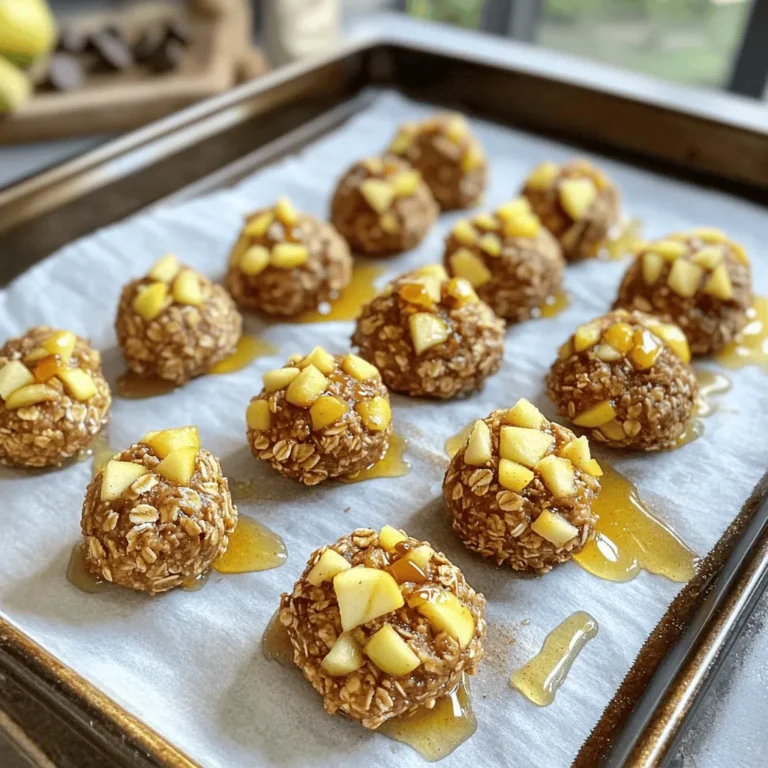To make these tasty caramel apple energy balls, you’ll need a few simple ingredients. Here's what you will gather: - 1 cup rolled oats - ½ cup almond butter - ½ cup unsweetened apple sauce - ¼ cup honey or maple syrup - 1 teaspoon cinnamon - ½ cup diced dried apples - ¼ cup mini chocolate chips (optional) - ¼ teaspoon sea salt Each ingredient plays a role in creating the perfect flavor and texture. The rolled oats give a hearty base. Almond butter adds creaminess and healthy fats. Unsweetened apple sauce brings natural sweetness and moisture. Honey or maple syrup provides extra sweetness. Cinnamon adds warmth and spice, making each bite feel cozy. Diced dried apples give bursts of fruity flavor and chewiness. If you choose to add mini chocolate chips, they offer a nice touch of sweetness. Lastly, a pinch of sea salt enhances all the flavors. Gather these ingredients before you start so you can easily whip up these delicious snacks. - Measuring and mixing the dry ingredients Start by gathering your ingredients. Measure 1 cup of rolled oats. Add this to a large mixing bowl. Next, add 1 teaspoon of cinnamon and ¼ teaspoon of sea salt. Mix these dry items well. This step gives the energy balls a nice flavor base. - Combining wet ingredients for the mixture In the same bowl, add ½ cup of almond butter and ½ cup of unsweetened apple sauce. If you like, you can use ¼ cup of honey or maple syrup for sweetness. Stir everything together until the mixture is smooth. Make sure there are no dry spots left. - Shaping the energy balls Now comes the fun part! Take about 1 tablespoon of the mixture. Roll it between your hands to form a ball. Place each ball on a parchment-lined baking sheet. You can make around 12 to 15 energy balls in total. Keep rolling until you use all the mixture. - Refrigeration process Place the baking sheet in the fridge. Let the energy balls chill for at least 30 minutes. This helps them firm up nicely. After they set, transfer the balls to an airtight container. They stay fresh in the fridge for up to a week. You can even freeze them for longer storage! - Ensuring proper mixing for texture: Mix the dry and wet ingredients well. This helps the balls hold together. If the texture feels too dry, add a little more apple sauce or almond butter. - Using fresh ingredients for optimal flavor: Fresh ingredients make a big difference. Use new rolled oats and fresh dried apples. This ensures each bite bursts with flavor. - How to easily roll the mixture into balls: Use your hands to scoop out a tablespoon of the mixture. Roll it gently into a ball. If your hands get sticky, wet them slightly. This makes rolling easier. - Ideas for pairing with fruits or yogurt: These energy balls go well with fresh fruit. Try them with apple slices or bananas. They also taste great with yogurt for a quick snack. - Packaging for on-the-go snacks: Store the energy balls in a small container. This makes them easy to grab when you're busy. You can also wrap them in parchment paper for a fun touch. {{image_2}} You can easily change the flavor of your caramel apple energy balls. Here are some fun ideas: - Substituting nut butter options: Try using peanut butter or cashew butter instead of almond butter. Each nut butter brings a different taste and texture. You can even mix two nut butters for more depth. - Adding spices like nutmeg or ginger: A pinch of nutmeg or ground ginger can add warmth. These spices pair well with apples and cinnamon. Don't be shy to experiment with your favorite spices! - Incorporating nuts for added crunch: You can add chopped walnuts or pecans for extra crunch. They also boost the protein in your snack. Just fold them into the mixture when you add the dried apples. These energy balls can fit various diets. Here’s how: - Vegan options by substituting honey: If you want a vegan snack, swap honey for maple syrup. This keeps the sweetness while making it plant-based. - Gluten-free alternatives with certified oats: Make sure to use certified gluten-free oats. This way, those with gluten sensitivities can enjoy these tasty bites without worry. After making your caramel apple energy balls, you should store them in the fridge. This keeps them fresh and tasty. I recommend using an airtight container. It helps to keep out air and moisture. This way, your energy balls stay firm and delicious for up to a week. If you want to keep your energy balls longer, freezing is a great option. Place the balls in a single layer on a baking sheet. Freeze them for about an hour. Once frozen, transfer them to a freezer-safe bag or container. They can last for up to three months in the freezer. When you’re ready to eat them, simply take out the number you need. Let them thaw at room temperature for about 15 minutes. You can also heat them in the microwave for a few seconds if you prefer. Enjoy your snack anytime! You can use sunflower seed butter or pumpkin seed butter. Both options work well. They add flavor and hold the mixture together. Just swap the almond butter for your choice. The rest of the recipe stays the same. Yes, you can replace honey with maple syrup. Maple syrup gives a sweet taste. It also keeps the energy balls soft. Just use the same amount as the honey. These energy balls last up to a week in the fridge. Store them in an airtight container. For longer storage, freeze them. Yes, you can freeze caramel apple energy balls. They freeze well for up to three months. Just place them in a single layer in a container. When you want to eat them, thaw them in the fridge overnight. You can use dried pears or dried apricots. Both add a nice chew and sweetness. Just chop them into small pieces, like the dried apples. You now have a simple and tasty recipe for energy balls. We covered ingredients, steps, and tips to make them shine. You can adapt flavors and even modify for dietary needs. Remember, using fresh ingredients ensures better taste and texture. Store them properly to enjoy longer. Feel free to experiment with different ingredients for fun new flavors. I hope you make these and love every bite!