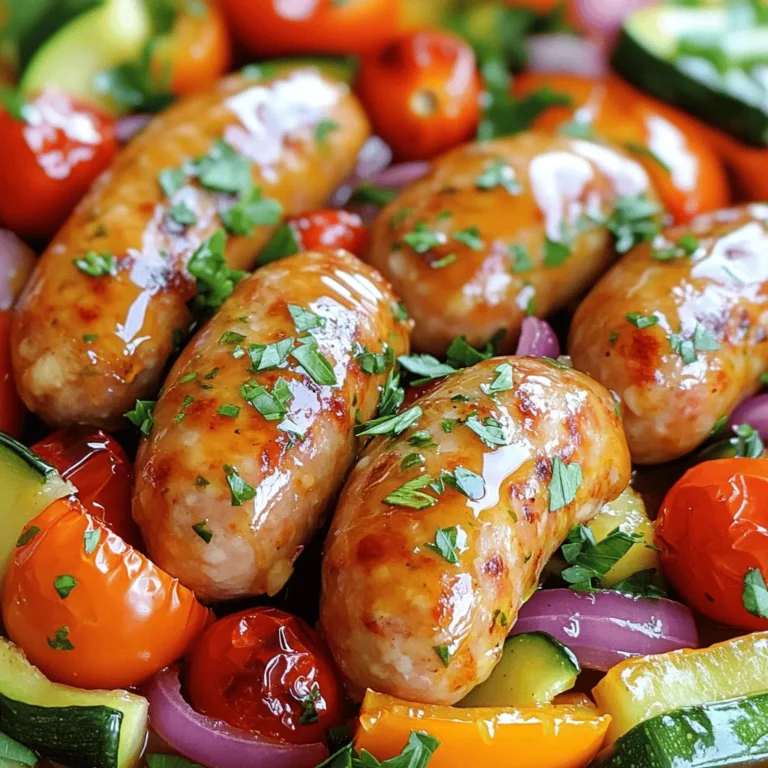 To make Honey Garlic Chicken Sausage Sheet Pan Delight, you will need these simple ingredients: - Chicken Sausages (4, choice of spicy or mild) - Honey (2 tablespoons) - Garlic (3 cloves, minced) - Soy Sauce (1 tablespoon, low-sodium) - Fresh Ginger (1 teaspoon, grated) - Bell Pepper (1, sliced) - Zucchini (1, sliced) - Red Onion (1, cut into wedges) - Cherry Tomatoes (1 cup) - Olive Oil (2 tablespoons) - Salt and Pepper (to taste) - Fresh Parsley (for garnish) These ingredients work well together. The chicken sausages give protein, while honey adds sweetness. Garlic and ginger bring a nice kick. Bell pepper, zucchini, and cherry tomatoes add color and nutrition. This mix not only tastes great but also looks good on the plate. Each ingredient has a role. The honey garlic sauce coats the chicken and veggies, making them juicy and flavorful. Use fresh garlic and ginger for the best taste. Feel free to pick your favorite bell pepper color. Gather these items, and you are ready to create a meal everyone will love! - Preheating the Oven Start by preheating your oven to 400°F (200°C). This step is key. A hot oven helps cook the sausages and veggies evenly. - Mixing the Honey Garlic Sauce In a small bowl, whisk together 2 tablespoons of honey, 3 minced garlic cloves, 1 tablespoon of low-sodium soy sauce, and 1 teaspoon of grated fresh ginger. Mix until smooth. This sauce adds a sweet and savory twist. - Arranging Ingredients on the Sheet Pan On a large sheet pan, place 4 chicken sausages. Add sliced bell pepper, zucchini, red onion wedges, and 1 cup of cherry tomatoes. Spread them out. Each bite should have a mix of flavors. - Drizzling Olive Oil and Seasoning Drizzle 2 tablespoons of olive oil over the vegetables and sausages. Sprinkle with salt and pepper to taste. Toss everything gently to coat. This will help the veggies roast perfectly. - Pouring the Sauce Over the Ingredients Pour the honey garlic mixture over the sausages and veggies. Make sure everything is well coated. This step makes the dish flavorful and sticky. - Baking Instructions Place the sheet pan in your preheated oven. Bake for 25-30 minutes. Check that the sausages are cooked through and the veggies are tender and caramelized. - Final Touches Post Baking Once done, take the sheet pan out of the oven. Let it cool for a few minutes. Garnish with freshly chopped parsley before serving. This adds a pop of color and freshness. - Ensuring Even Cooking of Ingredients Spread the vegetables and sausages in a single layer. This helps them cook evenly. If they are stacked or crowded, some may cook faster than others. - Adjusting Cooking Time for Different Ovens Ovens can vary in heat. Keep an eye on your dish. If your oven runs hot, check it a few minutes early. If it runs cool, you may need to add a few more minutes. - Garlic and Honey Ratio Tips For a stronger garlic flavor, use more minced garlic. If you want a sweeter dish, add a bit more honey. Find the balance that you love most. - Serving Style Suggestions Serve directly from the sheet pan for a fun family-style meal. For a more polished look, plate each serving on colorful dishes. - Adding Colorful Garnishes Fresh parsley adds a nice touch. Consider lemon wedges for a pop of color and a burst of flavor. - Pairing with Side Dishes This dish pairs well with rice, couscous, or a fresh salad. Choose sides that add different textures and flavors to the meal. {{image_2}} Alternative Sausages Options You can switch the chicken sausages for turkey or plant-based options. Each choice brings its own flavor. Look for spicy or mild versions to suit your taste. Vegetable Substitutes Feel free to swap out veggies based on what you have. Broccoli, asparagus, or carrots work great. Use seasonal vegetables for the best taste and freshness. Sauce Variations (using different sweeteners) If honey isn't your favorite, try maple syrup or agave nectar. Both will add a unique twist to the sauce. Each sweetener changes the flavor profile, making it interesting. Adding Spice with Chili Flakes Want some heat? Sprinkle chili flakes over the dish before baking. This adds a nice kick and balances the sweetness of the honey. Using Fresh Herbs for Extra Flavor Chop fresh herbs like basil or thyme to mix in before serving. This adds a burst of flavor and freshness to each bite. Incorporating Citrus Zest Grate some lemon or lime zest into the honey garlic sauce. The citrus enhances the dish and adds brightness. This small change makes a big difference! When it comes to storing leftovers, I recommend refrigerating the dish right away. Keep it in an airtight container. This way, it stays fresh for up to three days. Simply wait until the dish cools down before sealing it. If you want to save it longer, freezing is a great option. Portion the leftovers into smaller containers. This helps you defrost just what you need. You can freeze it for about three months. Just remember to label the containers with the date. When it's time to enjoy your leftovers, reheating them properly is key. The best method is to use the oven. Preheat your oven to 350°F (175°C). Place the dish in an oven-safe dish and cover it with foil. Heat for about 15-20 minutes or until it's warm throughout. If you're short on time, you can use the microwave. Place the food in a microwave-safe bowl. Cover it loosely with a lid or microwave-safe wrap. Heat it in 30-second bursts to avoid overcooking. Stir the dish between intervals to ensure even heating. By following these steps, your Honey Garlic Chicken Sausage will taste just as good as the first time! It takes about 25 to 30 minutes to cook chicken sausage in the oven. Make sure your oven is set to 400°F (200°C). This heat ensures the sausages cook through and the veggies become tender. Yes, you can use other types of sausage. Try pork, turkey, or even plant-based options. Just keep the cooking time the same, but check for doneness. No, you do not need to peel the zucchini. The skin adds color and nutrients. Just wash it well and slice it. To serve more people, simply double the ingredients. Use a bigger sheet pan or multiple pans. Make sure the sausages and veggies have space to cook evenly. This blog post shared a tasty recipe for chicken sausage and veggies. We covered all the ingredients needed, plus easy steps to prepare and cook everything. I also gave you tips for better cooking and fun variations to change up the flavors. Lastly, I shared how to store leftovers and reheat them properly. Cooking should be fun and creative, so don’t be afraid to try new things! Enjoy every bite of your delicious meal!
