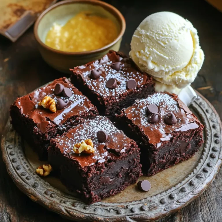 To make the best chocolate fudge brownies, you need these key ingredients: - 1 cup unsalted butter - 2 cups granulated sugar - 4 large eggs - 1 teaspoon vanilla extract - 1 cup all-purpose flour - 1 cup cocoa powder - 1/2 teaspoon baking powder - 1/2 teaspoon salt - 1 cup semi-sweet chocolate chips These ingredients work together to create a rich, fudgy texture that is pure bliss. You can add some optional ingredients to make your brownies even better: - 1/2 cup chopped walnuts - Different types of chocolate (like dark or white chocolate) - Sea salt for a touch of flavor Nuts give a nice crunch, while extra chocolate can boost the taste. If you don’t have certain ingredients, don’t worry! Here are some easy swaps: - Use margarine instead of butter. - Replace granulated sugar with brown sugar for a deeper flavor. - Swap all-purpose flour with almond flour for a gluten-free option. These substitutions can help you adapt the recipe to what you have on hand. Start by preheating your oven to 350°F (175°C). Grab a 9x13 inch baking pan. Grease it well with unsalted butter. Next, line the bottom with parchment paper. Leave some paper hanging over the sides. This helps you lift the brownies out later. In a medium saucepan, melt 1 cup of unsalted butter over low heat. Once it is melted, take it off the heat. Stir in 2 cups of granulated sugar until it is smooth. Let this mixture cool for a few minutes. Then, add 4 large eggs, one at a time. Mix well after each egg. Finally, stir in 1 teaspoon of vanilla extract for flavor. In a separate bowl, sift together 1 cup of all-purpose flour, 1 cup of cocoa powder, 1/2 teaspoon of baking powder, and 1/2 teaspoon of salt. This helps to mix the dry items well and removes any lumps. Gradually add this dry mix into your wet mixture. Fold it in gently until just combined. Be careful not to overmix; this keeps your brownies chewy. Now, it’s time to add some extras. Gently fold in 1 cup of semi-sweet chocolate chips. If you like nuts, add in 1/2 cup of chopped walnuts. Make sure they are evenly distributed in the batter. This adds a nice crunch and extra flavor. Pour the brownie batter into the prepared pan. Spread it evenly with a spatula. Bake it in your preheated oven for 20-25 minutes. When done, a toothpick should come out with a few moist crumbs. Once baked, take the pan out of the oven. Let it cool for about 10 minutes. Use the parchment paper to lift the brownies out onto a wire rack. Allow them to cool completely before cutting into squares. To get that rich, fudgy texture, follow a few key steps. First, use good quality unsweetened cocoa powder. It adds deep flavor. Next, do not overmix the batter. Mix just until combined to keep your brownies dense. Baking time is crucial too. Start checking for doneness at 20 minutes. A toothpick should come out with moist crumbs, not wet batter. This means your brownies will stay soft and chewy. Many people make simple mistakes when baking brownies. One common error is using cold eggs. Room-temperature eggs mix better and create a smoother batter. Another mistake is not greasing the pan properly. This can lead to brownies sticking and tearing. Finally, avoid opening the oven door too soon. Letting warm air out changes the baking time and texture. To serve your brownies, cut them into neat squares. A dusting of powdered sugar adds a nice touch. For extra indulgence, pair them with a scoop of vanilla ice cream. You can also drizzle warm chocolate sauce over the top. This adds richness and makes your dessert even more decadent. {{image_2}} You can make your brownies even richer by using various types of chocolate. Dark chocolate adds depth, while milk chocolate offers a sweeter taste. You can also mix in white chocolate chips for a fun twist. Just replace some of the semi-sweet chocolate chips with your favorite type. This way, you can create your own unique flavor profile. Adding nuts like walnuts or pecans gives a great crunch. You can also try mixed nuts for extra flavor. If you prefer a sweeter touch, fold in dried fruits like cherries or cranberries. For a fun twist, add swirls of peanut butter or caramel on top of the batter before baking. This makes each bite a surprise! If you need a gluten-free option, use almond flour or coconut flour instead of all-purpose flour. These flours can change the texture a bit, making them more cake-like. You may need to adjust the baking time slightly. Just keep an eye on the brownies as they bake; they should still be fudgy and delicious! To keep your chocolate fudge brownies fresh, store them in an airtight container. This will help prevent them from drying out. You can layer the brownies with parchment paper to keep them from sticking together. If you have leftover brownies, place them in the fridge for added freshness. They will stay good for about a week this way. You can freeze brownies for later enjoyment. First, cut the brownies into squares. Wrap each piece tightly in plastic wrap. Then place the wrapped brownies in a freezer-safe bag. They can last for up to three months in the freezer. To enjoy them later, just thaw them in the fridge overnight. Brownies taste best when fresh. They can stay at room temperature for four to five days. In the fridge, they last about a week. If frozen, they will maintain their taste and texture for three months. Just remember to check for any signs of freezer burn before enjoying them! To tell if brownies are done, use a toothpick. Stick it into the center of the brownies. If it comes out with a few moist crumbs, they are ready. If it has wet batter, they need more time. Bake them for 20-25 minutes. Every oven is a bit different, so keep an eye on them. Yes, you can use cocoa powder instead of melted chocolate. When using cocoa powder, it helps to add a bit more fat. You can add a bit more butter to keep them rich. The flavor will still be deep and tasty. Just remember, cocoa powder makes a slightly different texture. If your brownies turn out too cakey, check your mixing method. Overmixing can add too much air. This makes brownies light and cake-like. Next time, mix until just combined. If they are too dry, try adding a bit more butter or eggs. This will make them fudgier. To reheat brownies, use your oven for the best results. Preheat it to 350°F (175°C). Place the brownies on a baking sheet. Heat them for about 5-10 minutes. This will make them warm and gooey again. You can also use the microwave. Heat them for 10-15 seconds at a time. Enjoy them warm, maybe with ice cream! This blog covered how to make delicious chocolate fudge brownies. We looked at key ingredients, mixing methods, and tips for perfect texture. You can try many tasty variations, like adding fruits or making them gluten-free. We also shared storage tips to keep your brownies fresh. With these steps and ideas, you can bake brownies to impress anyone. Enjoy creating your sweet treats!