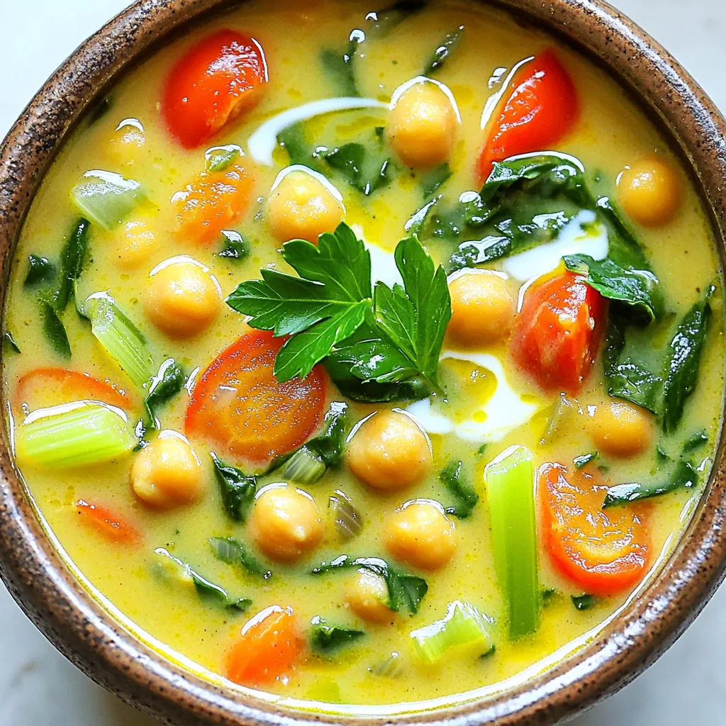 - 2 cans (15 oz each) chickpeas, drained and rinsed - 1 medium onion, diced - 3 cloves garlic, minced - 2 medium carrots, diced - 2 stalks celery, diced - 1 can (14 oz) diced tomatoes - 4 cups vegetable broth - 1 teaspoon dried basil - 1 teaspoon dried oregano - 1 teaspoon red pepper flakes (adjust to taste) - Salt and pepper to taste - 1 cup coconut milk or heavy cream - 2 cups fresh spinach - Juice of 1 lemon - Fresh parsley, chopped for garnish Gather these ingredients to make a rich, creamy soup. The chickpeas and legumes form the base. They provide protein and fiber. The vegetables add texture and flavor. Onions, garlic, carrots, and celery create a savory mix. Diced tomatoes bring in a splash of acidity. You will need vegetable broth to keep it hearty. The dried herbs, like basil and oregano, add depth. For a bit of heat, use red pepper flakes. Season with salt and pepper to enhance all the flavors. The creaminess of the soup comes from coconut milk or heavy cream. Fresh spinach adds a pop of color and nutrients. A squeeze of lemon juice brightens the taste. Finally, sprinkle fresh parsley on top for a lovely finish. With these ingredients, you will create a comforting bowl of soup. Each component plays a key role in the overall taste and feel. Enjoy the process of preparing this delightful dish! How to properly rinse and drain chickpeas Start by opening two cans of chickpeas. Pour the chickpeas into a colander. Rinse them under cool water for about a minute. This removes excess salt and improves flavor. Let the chickpeas drain well before using them in the soup. Dicing vegetables Next, take a medium onion and peel it. Cut it in half, then slice it into small pieces. For the carrots, peel them and chop into tiny cubes. Do the same with the celery. Aim for uniform sizes so they cook evenly. Mince three cloves of garlic finely. This will add a strong, rich flavor to your soup. Combining ingredients in the slow cooker In your slow cooker, add the rinsed chickpeas, diced onion, minced garlic, carrots, and celery. Pour in one can of diced tomatoes and four cups of vegetable broth. Sprinkle in one teaspoon each of dried basil and oregano. To add some heat, toss in red pepper flakes. Stir everything well to mix the flavors. Seasoning tips for best flavor Add salt and pepper to taste. Start with a small amount, as you can always add more later. Mix again and make sure all the ingredients are coated in the broth. Cover the slow cooker and set it to cook. For best results, cook it on low for 6 to 8 hours or on high for 3 to 4 hours. Adding cream and spinach About 30 minutes before you want to serve, take the lid off. Stir in one cup of coconut milk or heavy cream, depending on your preference. Then add two cups of fresh spinach. Stir until the spinach wilts down. This will give your soup a lovely creamy texture. Importance of lemon juice Before serving, squeeze the juice of one lemon into the soup. This adds a bright flavor that balances the creaminess. Taste the soup and adjust the seasoning if needed. Serve it hot, garnished with fresh chopped parsley for a pop of color and flavor. Enjoy your delicious creation! Cooking times depend on your slow cooker type. If you use a high setting, cook for 3 to 4 hours. On low, aim for 6 to 8 hours. Always check your soup for the right tenderness of veggies. If it seems watery, you can let it cook longer without the lid. This helps thicken the soup by letting some steam escape. If your slow cooker runs hot, reduce the cooking time to prevent overcooking. Seasoning is key to a great soup. Taste your soup before serving and adjust as needed. You can add more salt, pepper, or red pepper flakes for heat. Using fresh herbs makes a big difference. Fresh parsley adds bright notes, while dried herbs work well too. Just remember, dried herbs are stronger, so use less. Garnish your soup with fresh parsley for a pop of color. A drizzle of coconut milk or cream adds elegance. You can also sprinkle red pepper flakes on top for a spicy kick. Pair this soup with crusty bread or a green salad. These sides complement the creamy texture and rich flavors of the soup. {{image_2}} You can easily swap out the chickpeas for other beans. Try black beans or lentils. They add different flavors and textures. If you want a creamier soup, use navy beans instead. For dairy-free options, coconut milk works well. You can also use almond milk or cashew cream. These keep your soup rich and tasty. Do you like more heat? Add extra red pepper flakes or a pinch of cayenne. For milder soup, reduce the red pepper flakes. You can also try adding smoked paprika or cumin for a new taste. These spices provide warmth without too much heat. Incorporate seasonal veggies for a fresh twist. In spring, add peas or asparagus. In winter, try root vegetables like parsnips or sweet potatoes. You can also add protein. Shredded chicken or cooked sausage can boost the soup. This makes it heartier and more filling. To store your soup, use airtight containers. Glass containers work best. They keep the soup fresh and let you see what's inside. Make sure the soup cools down before sealing it. This helps prevent condensation, which can make the soup watery. Refrigerate the soup within two hours of cooking. It will stay fresh in the fridge for up to five days. If you plan to eat it later, it's best to freeze some. You can freeze the soup for later use. Pour the cooled soup into freezer-safe bags or containers. Leave some space at the top for expansion. When you want to enjoy the soup again, thaw it in the fridge overnight. For a quick thaw, place the bag in cold water. Reheat the soup in a pot on the stove or in the microwave until hot. Stir well to ensure even heating. In the fridge, your Slow Cooker Creamy Tuscan Chickpea Soup lasts about five days. In the freezer, it stays good for up to three months. Always check for signs of spoilage before eating. If it smells off or has changed color, it's best to toss it. Can I make this recipe without a slow cooker? Yes, you can make this soup on the stove. Use a large pot. Cook the veggies and spices on medium heat for about 10 minutes. Then add the chickpeas and broth. Simmer for 30 minutes. Stir in the cream and spinach last. How do I thicken the soup if desired? To thicken the soup, you have a few options. You can mash some chickpeas with a fork. This adds body to the soup. Another way is to stir in a cornstarch slurry. Mix equal parts cornstarch and water, then add it to the soup. What can I serve with this soup? This soup pairs well with crusty bread. You can also serve it with a fresh salad. A sprinkle of cheese on top adds a nice touch. Enjoy it with a glass of white wine for a special meal. Is Slow Cooker Creamy Tuscan Chickpea Soup vegan-friendly? Yes, this soup is vegan-friendly! Simply use coconut milk instead of heavy cream. All the other ingredients are plant-based. You can enjoy this soup without any animal products. In this blog post, we explored how to make Slow Cooker Creamy Tuscan Chickpea Soup. We covered the main ingredients, preparation steps, and cooking tips to bring out the best flavors. Remember to adjust seasonings and enjoy using seasonal veggies. Don’t forget the lemon juice for that fresh kick! This soup is easy to store and freeze, making it a great meal prep option. Try the variations and let your taste buds be adventurous. Enjoy your cooking journey and feel proud of your tasty creation!