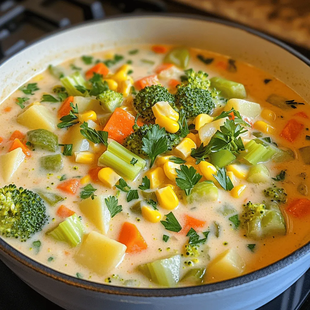 - 3 cups vegetable broth - 2 cups potatoes, diced - 1 cup carrots, diced - 1 cup celery, diced - 1 cup corn kernels (fresh or frozen) - 1 cup broccoli florets - 1 can (14 oz) coconut milk - 1 onion, finely chopped - 3 cloves garlic, minced - 2 teaspoons dried thyme - 1 teaspoon paprika - 2 tablespoons olive oil - Salt and pepper to taste - Fresh parsley for garnish (optional) Gather these fresh ingredients before you start. The vegetable broth is key for flavor. Potatoes add heartiness, while carrots and celery bring sweetness and crunch. Corn kernels add a pop of texture, and broccoli florets brighten the dish. Coconut milk gives it a creamy touch without dairy. Make sure the onion and garlic are finely chopped and minced. They will fill the chowder with rich aroma and taste. Dried thyme and paprika add warmth and depth. Olive oil is perfect for sautéing. Don’t forget to season with salt and pepper to suit your taste. Lastly, fresh parsley is optional but makes a lovely garnish. It adds a burst of color and freshness. With these ingredients, you are ready to create a delicious chowder that is both filling and comforting. Enjoy the process, and let your slow cooker do the magic! Heat 2 tablespoons of olive oil in a skillet over medium heat. Add 1 finely chopped onion and 3 minced garlic cloves. Cook them until the onion turns soft and clear, about 3 to 4 minutes. This step adds a tasty base to the chowder. You want to smell the garlic and onion mix in the air. Once the onions and garlic are ready, transfer them to your slow cooker. Add 2 cups of diced potatoes, 1 cup of diced carrots, 1 cup of diced celery, 1 cup of corn kernels, and 1 cup of broccoli florets. Then, sprinkle in 2 teaspoons of dried thyme and 1 teaspoon of paprika. This mix brings color and flavor to your chowder. Now, pour in 3 cups of vegetable broth. Season with salt and pepper to taste. Stir gently to combine all the ingredients. Make sure everything is mixed well so the flavors blend nicely. Cover the slow cooker and set it to cook. You can choose to cook on low for 6 to 8 hours or on high for 3 to 4 hours. The chowder is ready when the vegetables are tender. You can check by poking them with a fork; they should be soft. After your cooking time is up, add 1 can (14 oz) of coconut milk to the slow cooker. This gives the chowder a creamy texture. Stir it in and let it heat through for 15 to 30 minutes on low. The coconut milk adds richness and a nice flavor. Before serving, taste the chowder. Adjust the salt and pepper if needed. This is your chance to make it just right for your taste buds. A little tweak can make a big difference. Ladle the chowder into bowls. If you like, add fresh parsley on top for a pop of color. It adds a fresh taste and looks great in the bowl. Enjoy your warm, creamy veggie chowder! If your chowder feels too thick, add more broth. Start with a half cup. Stir well and check if the texture feels right. You want it creamy but not too heavy. Adjust until you find your perfect mix. Herbs and spices can elevate your chowder. I love adding fresh thyme or dill. A pinch of cayenne can give it a nice kick. You can also try adding lemon zest for brightness. Experiment to find what you enjoy most. Pair your chowder with fresh bread. A warm, crusty loaf is perfect for dipping. A side salad can add a nice crunch. Consider a light, crisp green salad to balance the creaminess. Enjoy your meal while it's warm for the best taste. {{image_2}} You can make this chowder more filling by adding protein. Beans are a great choice. Try using canned chickpeas or black beans. Just rinse them well before adding. If you prefer tofu, use firm tofu. Cut it into small cubes and add it in with the veggies. Both options blend well with the creamy texture. For those who need dairy-free or gluten-free choices, swaps are easy. Instead of regular broth, choose a gluten-free vegetable broth. Coconut milk already makes this chowder dairy-free. If you want a different flavor, try almond or cashew milk. Just ensure they are unsweetened. Using seasonal vegetables makes this chowder fresh and fun. In spring, add peas or asparagus for a bright taste. Summer is perfect for zucchini or bell peppers. In fall, sweet potatoes or butternut squash can add sweetness. Winter calls for hearty root veggies like parsnips or turnips. Always choose what’s fresh to keep flavors vibrant. To store leftovers, let the chowder cool first. Place it in an airtight container. It will stay fresh for up to five days. Always label your container with the date. This helps you keep track of freshness. When ready to enjoy, just open and heat! You can freeze this chowder for later use. First, let it cool completely. Pour the chowder into freezer-safe containers. Leave some space for expansion. Seal tightly and label with the date. It can last for about three months in the freezer. Thaw it overnight in the fridge before reheating. Reheat your chowder on the stove for best results. Pour it into a pot and heat over low to medium heat. Stir often to avoid sticking. You can also use a microwave. Place it in a microwave-safe bowl and cover with a lid. Heat in short bursts, stirring in between. Adjust seasoning if needed after reheating. Yes, you can make this chowder ahead of time. Store it in an airtight container. Let it cool first, then place it in the fridge. It can stay fresh for about 3 to 4 days. To reheat, warm it on the stove or in the microwave until hot. Stir well to mix the flavors again. If you want a different base, try almond milk or cashew cream. Both keep the chowder creamy and delicious. For a richer flavor, use soy milk or oat milk. Each option has a unique taste, so choose what you enjoy. This chowder stays good in the fridge for 3 to 4 days. Make sure to store it in a sealed container. If you want to keep it longer, consider freezing it. It can last in the freezer for up to 3 months. Yes, adding meat can give the chowder a hearty twist. Cooked chicken or turkey works well. You can also try diced ham or crumbled sausage. Stir it in right before serving for best flavor. This blog post covered how to make Slow Cooker Creamy Veggie Chowder. You learned the key ingredients, from broth to coconut milk. I provided step-by-step instructions for cooking it to perfection. We discussed tips for texture and flavor enhancements. You also found variations and storage tips for leftovers. Now you can enjoy this tasty chowder any day! Try new ingredients and make it your own. Happy cooking!