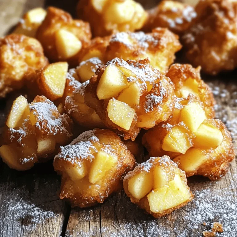 To make Air Fryer Apple Fritter Bites, gather the following items: - 2 medium apples (Granny Smith or Honeycrisp), peeled and diced - 1 cup all-purpose flour - 1 teaspoon baking powder - 1/2 teaspoon cinnamon - 1/4 teaspoon nutmeg - 1/4 teaspoon salt - 1/4 cup granulated sugar - 1/2 cup milk - 1 large egg - 1 teaspoon vanilla extract - 1 tablespoon lemon juice - Cooking spray - Optional: powdered sugar for dusting You can swap some ingredients if needed. Use any apple type you like. If you want gluten-free fritters, replace all-purpose flour with a gluten-free blend. You can also use almond milk or oat milk instead of regular milk. If you do not have nutmeg, use extra cinnamon. For a richer taste, use brown sugar instead of granulated sugar. Accurate measuring makes a big difference in baking. Use a dry measuring cup for flour and sugar. Spoon the ingredient into the cup, then level it off with a knife. For liquids, use a clear liquid measuring cup. Check the level at eye level for accuracy. When measuring sticky items like honey or syrup, spray the cup with cooking spray first. This helps them pour out easily. Start with two medium apples. I like Granny Smith or Honeycrisp for their crispness. First, peel them. Then, dice the apples into small pieces. This helps them cook well. After dicing, toss the apples with one tablespoon of lemon juice. This keeps them fresh and bright in flavor. Set the apples aside while you make the batter. In a large bowl, mix one cup of all-purpose flour, one teaspoon of baking powder, and half a teaspoon of cinnamon. Add a quarter teaspoon of nutmeg and a quarter teaspoon of salt. Whisk these dry ingredients until they blend well. In a separate bowl, combine half a cup of milk, one large egg, and one teaspoon of vanilla extract. Stir this mixture into the dry ingredients. Mix gently until everything just comes together. Be careful not to overmix. Finally, fold in the diced apples until they are evenly mixed throughout the batter. Preheat your air fryer to 350°F (175°C). Lightly spray the air fryer basket with cooking spray. Use a tablespoon to drop small rounds of batter into the basket. Leave enough space between each fritter; they will expand while cooking. Air fry the fritter bites for about 10 to 12 minutes. Flip them halfway through for even cooking. They should be golden brown when done. Once cooked, let them cool slightly. If you want, dust them with powdered sugar before serving. Enjoy your tasty air fryer apple fritter bites! To get the best texture, avoid overmixing the batter. When you mix the wet and dry ingredients, do it gently. This keeps the fritters soft and fluffy. Also, make sure your air fryer is preheated to 350°F (175°C). This step helps the fritters cook evenly. Flip them halfway for a golden crust all around. For a flavor boost, try adding a splash of vanilla extract. You can also mix in a bit of caramel sauce or chopped nuts. A sprinkle of sea salt on top right after cooking can enhance sweetness. If you love spice, consider adding more cinnamon or a pinch of ginger. These small tweaks can make a big difference. One common mistake is using apples that are too soft. Choose firm apples like Granny Smith or Honeycrisp for the best results. Also, don’t crowd the air fryer basket. Leave enough space between each fritter for air to circulate. This ensures they cook properly and stay crispy. Lastly, remember to let them cool slightly before serving. This helps them firm up just right. {{image_2}} To make a gluten-free version of these fritter bites, you can swap the all-purpose flour for a gluten-free blend. Look for a blend that works in baking. You can use oat flour or almond flour for a nice flavor. Just make sure to check for cross-contamination if you have gluten allergies. You can customize your apple fritters by adding mix-ins. Chopped nuts, like walnuts or pecans, give a great crunch. Raisins or dried cranberries add a sweet touch, too. Just fold them into the batter with the apples. Keep the amounts small, so they don’t overpower the apple flavor. For a fun twist, try adding flavors like caramel or chocolate. Drizzle melted caramel over the fritters after they cool. You can mix cocoa powder into the batter for chocolate fritters. Just replace a bit of the flour with cocoa. This will give you a rich, sweet treat that everyone will love! To keep your apple fritter bites fresh, place them in an airtight container. Make sure they cool completely first. Store them in the fridge for up to three days. If you want to keep them longer, consider freezing them. When you're ready to enjoy your leftovers, preheat your air fryer to 350°F (175°C). Place the fritter bites in the basket. Heat them for about 5 minutes or until warm. This keeps them crispy, just like when you first made them. You can freeze apple fritter bites if you want a quick treat later. After they cool, place them on a baking sheet in a single layer. Freeze them for two hours, then transfer them to a freezer bag. They can last up to two months in the freezer. To eat, just reheat from frozen as described earlier. Yes, you can use other apples. Granny Smith and Honeycrisp work best. You can also try Fuji or Gala apples for a sweeter taste. Just make sure they are firm and fresh. Softer apples may turn mushy in the fritters. This can change the texture and taste. You'll know the fritters are done when they are golden brown. They should look crisp on the outside. You can also insert a toothpick into a fritter. If it comes out clean, they are cooked. Another sign is the smell; they should smell sweet and inviting. Yes, you can make these fritters in a conventional oven. Preheat your oven to 375°F (190°C). Place the fritters on a lined baking sheet. Bake them for about 15-20 minutes. Flip them halfway for even cooking. They should reach the same golden color as in the air fryer. This guide walked you through making delicious fritters, from ingredients to storage. You learned how to prep apples, choose the right batter, and fry them perfectly. Plus, I shared tips to avoid common mistakes and enhance flavors. In the end, you can customize your fritters to fit your taste. Enjoy your cooking adventure and share these tasty treats with friends!