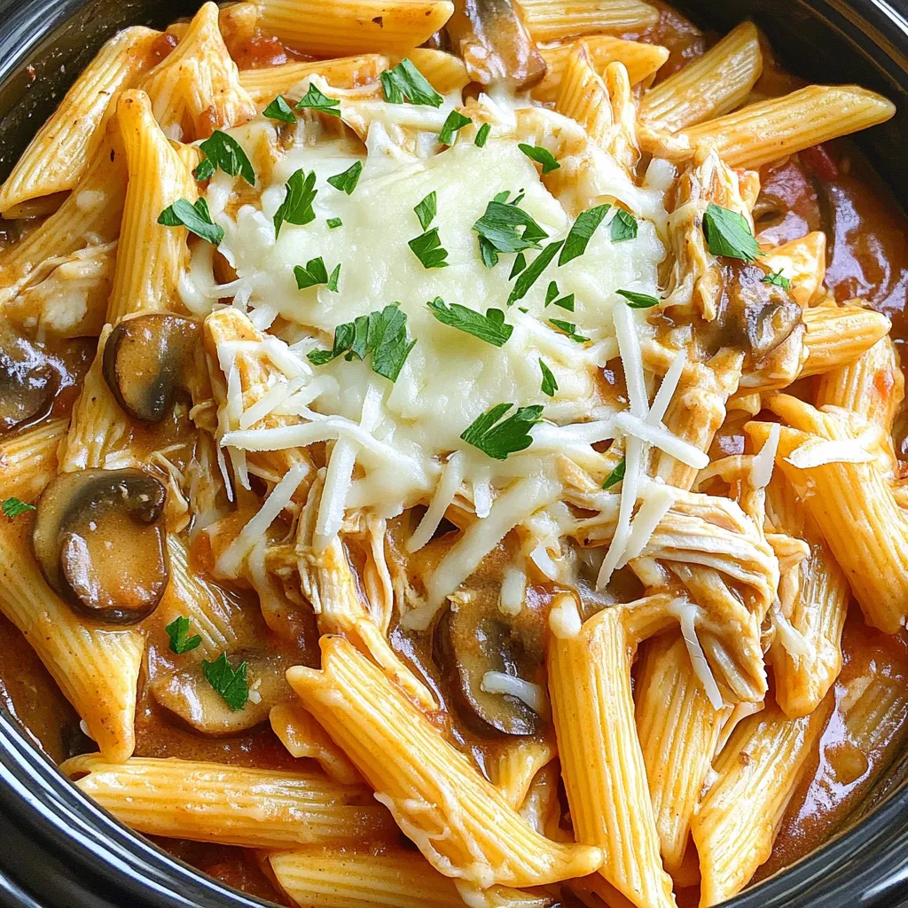- 1 lb (450g) boneless, skinless chicken breasts - 8 oz (225g) penne pasta - 2 cups (300g) mushrooms, sliced (any variety) - 1 medium onion, finely chopped - 3 cloves garlic, minced - 1 can (14 oz) diced tomatoes (with juices) - 1 cup (240ml) chicken broth - 1 teaspoon Italian seasoning - 1 teaspoon dried thyme - ½ teaspoon paprika - Salt and pepper to taste - 1 cup (100g) shredded mozzarella cheese - Fresh parsley, chopped (for garnish) Gather these ingredients before you start cooking. This dish is easy to make with simple components. The chicken gives protein, while the pasta adds heartiness. The mushrooms, onion, and garlic bring great flavor. Diced tomatoes add moisture and tang. Seasonings like Italian herbs and paprika enhance the taste. Finally, cheese and parsley make for a tasty topping. This recipe is perfect for busy days, and it feeds many people. Prepare to impress your family or friends with this delicious meal! Season the chicken with salt, pepper, and paprika. This gives it great flavor. Place the chicken at the bottom of the slow cooker. Make sure it sits flat for even cooking. Next, add the mushrooms, onion, and garlic on top of the chicken. The mushrooms will add a nice earthy taste. The onion and garlic give it a sweet, savory flavor. This layer makes the dish even better. Pour the can of diced tomatoes (with juices) over the chicken and vegetables. Then, add the chicken broth. Sprinkle in the Italian seasoning and thyme for a touch of warmth. Cover the slow cooker. Set it to low for 6-7 hours or high for 3-4 hours. Check the chicken until it’s tender and cooked through. About 30 minutes before serving, remove the chicken. You can shred it or leave it whole. Stir in the uncooked penne pasta into the slow cooker. If the pasta looks dry, add extra broth or water to cover it. This ensures even cooking. Once the pasta is cooked, return the shredded chicken to the slow cooker. Stir well to combine everything. Now, sprinkle shredded mozzarella cheese over the top. Cover it again and let it sit for about 5-10 minutes. This helps the cheese melt nicely. Before serving, garnish with fresh parsley. This adds a pop of color and fresh taste. Now, dig in and enjoy your tasty slow cooker mushroom chicken pasta! To make sure your chicken stays tender, season it well. Use salt, pepper, and paprika. Place it at the bottom of the slow cooker. This helps it cook evenly. For perfect pasta, add it 30 minutes before serving. Stir in uncooked penne pasta with some extra broth. This keeps the pasta from getting dry. Make sure the pasta is covered with liquid while it cooks. If you want to try other pasta, use fusilli or rigatoni. These shapes hold sauce well and add fun to your meal. For mushrooms, you can use cremini, shiitake, or button mushrooms. Each type adds its own flavor. Mix and match for a unique taste. Meal prep is easy with this dish. You can chop your veggies a day in advance. Store them in the fridge until you're ready to cook. For storage, let the dish cool first. Then, place it in an airtight container. This keeps it fresh for up to three days in the fridge. {{image_2}} You can easily make this dish gluten-free. Just swap the penne pasta for gluten-free pasta. Many brands offer great taste and texture. Cooked properly, they blend well with the sauce. Look for options made from brown rice, quinoa, or lentils. This way, everyone can enjoy the meal. Want to go meatless? Try using plant-based meat substitutes. Options like soy crumbles or lentils work well. They soak up the sauce and add protein. You can still keep the mushrooms for that earthy flavor. This version is great for vegetarians and tastes just as good. To make this dish even richer, consider adding cream. Stir in a half cup of heavy cream about 10 minutes before serving. It gives the sauce a silky texture. You can also spice it up with fresh herbs. Basil, oregano, or even a touch of rosemary can elevate the taste. Don't be afraid to experiment! To keep your Slow Cooker Mushroom Chicken Pasta fresh, cool it down first. Divide the dish into smaller portions. Store it in airtight containers. Make sure to refrigerate it within two hours. This helps to avoid bacteria growth. The pasta and chicken will stay good for up to three days. When you're ready to enjoy leftovers, use the microwave or a skillet. If using a microwave, heat in short bursts. Stir the pasta every minute to warm it evenly. If using a skillet, add a splash of water or broth. This keeps the pasta moist. Heat over medium until warm. Ensure the chicken is hot throughout. You can freeze Slow Cooker Mushroom Chicken Pasta for later. Allow it to cool completely. Use freezer-safe containers or bags for storage. Make sure to remove as much air as possible. This prevents freezer burn. It can last up to three months in the freezer. When ready to eat, thaw it overnight in the fridge. Then reheat it as described above. Cooking chicken in a slow cooker takes about 6 to 7 hours on low. If you set it to high, it takes about 3 to 4 hours. Always check that the chicken reaches an internal temperature of 165°F for safety. To keep it juicy, avoid lifting the lid too often. This helps the heat and steam stay inside. Yes, you can use frozen chicken breasts. Just add extra cooking time. When cooking from frozen, set your slow cooker to high for about 5 to 6 hours. Make sure the chicken is fully cooked before serving. If you can, thaw the chicken overnight for best results. This helps it cook evenly. You can pair this dish with a simple side salad. A green salad adds freshness to your meal. Garlic bread is also a great choice. It’s perfect for soaking up the sauce. For a healthy option, steamed vegetables like broccoli or green beans work well too. Yes, you can make this recipe dairy-free. Instead of mozzarella cheese, use a dairy-free cheese that melts well. You can also skip the cheese altogether for a lighter dish. For broth, choose a vegetable broth instead of chicken broth. This keeps the flavor rich without the dairy. This blog post covered making a tasty Slow Cooker Mushroom Chicken Pasta. We discussed the key ingredients, step-by-step instructions, and helpful tips for success. You learned about variations, storage, and answers to common questions. To sum up, this dish is easy, versatile, and perfect for any meal. Enjoy cooking and sharing this comforting meal with family and friends!