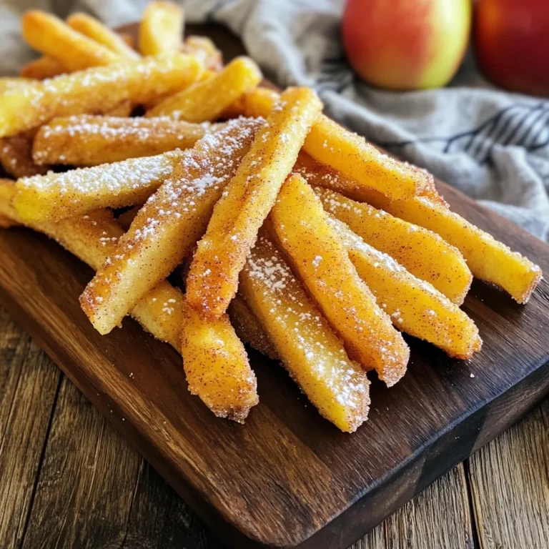 To make crispy cinnamon apple fries, gather these key ingredients: - 3 medium-sized apples (preferably Fuji or Honeycrisp), peeled and cut into fry shapes - 1 cup all-purpose flour - 1 teaspoon cinnamon - 1/2 teaspoon nutmeg - 1/2 teaspoon salt - 1/2 cup granulated sugar - 1 large egg - 1 tablespoon milk - 1 teaspoon vanilla extract - Cooking spray Choosing the right apple is key for flavor and texture. I recommend these varieties: - Fuji: Sweet and crisp, great for frying. - Honeycrisp: Juicy with a nice balance of sweet and tart. - Granny Smith: Tart and firm, adds a nice contrast. For added flair, consider these optional ingredients: - Powdered sugar for dusting: This adds a sweet finish. - A pinch of cayenne pepper: For a spicy kick. - Chopped nuts: Almonds or pecans can add crunch. Using these ingredients, you can create a treat that is both crispy and delicious. Start by preheating your air fryer to 375°F (190°C). This step is key for getting crispy apple fries. If your air fryer has a preheat setting, use it. If not, simply run it for about five minutes. This helps the fries cook evenly. In a shallow bowl, mix these dry ingredients: - 1 cup all-purpose flour - 1 teaspoon cinnamon - 1/2 teaspoon nutmeg - 1/2 teaspoon salt - 1/2 cup granulated sugar Stir these ingredients until they blend well. This mixture adds a sweet and spicy flavor to your fries. In another bowl, whisk together: - 1 large egg - 1 tablespoon milk - 1 teaspoon vanilla extract Now, take your apple fries and dip them into the egg mixture. Let any extra egg drip off. Then, roll each fry in the flour mixture. Make sure each piece gets a good coat. Place the coated fries on a plate. Spray the basket of your air fryer with cooking spray. This prevents sticking. Arrange the apple fries in a single layer. If your air fryer is small, cook in batches. Lightly spray the tops of the fries with more cooking spray. Cook them for about 12 to 15 minutes. Flip them halfway through. Look for a golden brown color and crisp texture. Once the apple fries are done, take them out and let them cool for a few minutes. For an extra sweet touch, dust them with powdered sugar before serving. Enjoy these tasty treats with a side of caramel or chocolate sauce for dipping! To get that perfect crispiness, spray your apple fries well with cooking spray. This adds a nice crunch. Make sure to cook them in a single layer. If you stack them, they will steam instead of fry. Cook at 375°F (190°C) for 12 to 15 minutes. Flip them halfway through for even cooking. The golden color means they are ready! Use firm apples like Fuji or Honeycrisp. These apples hold their shape well when cooked. Peel them for a smooth texture. Cut them into even fry shapes. This helps them cook evenly. A sharper knife makes the job easier. Keep the cuts thick enough to stay juicy but thin enough to crisp up nicely. Don’t skip the cooking spray. It is key for crispiness. Avoid overcrowding the air fryer basket. If they are too close, they won’t fry well. Another mistake is not flipping them. Flipping ensures they cook on all sides. Lastly, don’t skip dusting with powdered sugar. It adds a sweet touch that everyone loves! {{image_2}} You can easily make these apple fries gluten-free! Instead of all-purpose flour, use almond flour or gluten-free flour. These options will give you a nice texture while keeping it safe for those with gluten allergies. Just follow the same steps in the recipe, and you will still get those crispy fries. Want to jazz up your apple fries? Try adding some fun flavors! You can dip them in melted chocolate or drizzle caramel on top. Mix in a bit of cocoa powder with the flour for chocolatey goodness. You can even sprinkle some sea salt on the caramel for a sweet and salty treat. These changes will make your apple fries even more delicious! While apples are great, other fruits work too. Pears are a fantastic choice and have a nice sweetness. Try using peaches or even bananas for a fun twist. Just cut them into fry shapes and follow the same coating process. Each fruit will bring its unique flavor, so feel free to experiment! To keep your apple fries fresh, store them in an airtight container. Let them cool down first. Place a paper towel at the bottom of the container. This helps absorb any moisture. Keep the container in the fridge for up to three days. To reheat your apple fries, use the air fryer again. Preheat it to 375°F (190°C). Place the apple fries in the basket. Cook for about 5 minutes. This will help them regain their crispiness. Avoid using the microwave, as that can make them soggy. You can freeze apple fries for later. First, let them cool completely. Spread them on a baking sheet in a single layer. Freeze for 1-2 hours until solid. Then, transfer them to a freezer bag. Label the bag with the date. They will last for up to three months. When ready to eat, reheat from frozen in the air fryer. This keeps them tasty and crunchy! Yes, you can use different apples. Fuji and Honeycrisp work well because they are sweet and firm. Other options include Granny Smith for a tart taste or Gala for a mild flavor. Each type will give you a unique taste and texture, so feel free to experiment! To make these apple fries healthier, you can try a few easy swaps. Use whole wheat flour instead of all-purpose flour. You can also reduce the sugar or use a natural sweetener like honey. Instead of frying, bake them in the oven at a higher temperature for a crisp finish. Apple fries taste great with many sauces! A classic choice is caramel sauce. You can also try peanut butter or yogurt for a creamier option. For a fun twist, serve them with chocolate sauce or a sweet cream cheese dip. Each sauce adds a new layer of flavor! Yes, you can make apple fries without an air fryer! Use your oven instead. Preheat it to 375°F (190°C) and place the coated fries on a baking sheet. Bake for about 15-20 minutes, flipping halfway through. This method works well, but the apple fries may not be as crispy. Making apple fries is simple and fun. We covered the key ingredients, from choosing the best apples to optional extras that enhance flavor. I walked you through the easy steps, from prepping to cooking, so you can enjoy crispy fries. Remember to avoid common mistakes to get them just right. Explore different coatings and fruit options for variety. Now, you have all the tools to create great apple fries at home. Enjoy experimenting with flavors and impress your friends and family!