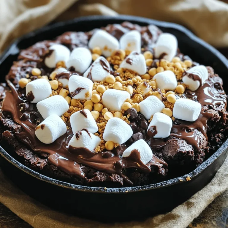 Let’s dive into the tasty ingredients for your S’mores Brownie Skillet. Each one brings flavor and joy to this dessert. Here’s what you need: - 1 cup unsalted butter (2 sticks) - 1 cup granulated sugar - 1 cup brown sugar, packed - 4 large eggs - 1 teaspoon vanilla extract - 1 cup all-purpose flour - 1 cup unsweetened cocoa powder - 1 teaspoon baking powder - 1/2 teaspoon salt - 1 cup mini marshmallows - 1 cup graham cracker crumbs - 1 cup chocolate chips These ingredients blend together to create a rich, gooey brownie base. You get the crunch from graham crackers and the sweet marshmallow topping. The chocolate chips add that extra chocolatey goodness. This dessert will surely impress your family and friends. Plus, it uses simple items you can find at any store. Enjoy gathering these ingredients before you start cooking! First, preheat your oven to 350°F (175°C). This is the perfect temperature for baking. Next, take a large oven-safe skillet. Place it on medium heat and add 1 cup of unsalted butter. Let it melt slowly. Once melted, take it off the heat and let it cool for a bit. In the cooled butter, mix in 1 cup of granulated sugar and 1 cup of brown sugar. Stir until well combined. Next, add 4 large eggs, one at a time. Make sure to mix each egg in well before adding the next. Finally, add 1 teaspoon of vanilla extract for flavor. In a separate bowl, whisk together 1 cup of all-purpose flour, 1 cup of unsweetened cocoa powder, 1 teaspoon of baking powder, and 1/2 teaspoon of salt. This dry mix adds structure to your brownies. Gradually mix this dry mixture into your wet ingredients. Stir until everything is well blended. Now it’s time to fold in 1 cup of chocolate chips and about half of the 1 cup of mini marshmallows. This adds richness and gooeyness. Pour the brownie batter into the greased skillet. Spread it evenly. Bake in your preheated oven for about 25-30 minutes. A toothpick should come out with a few moist crumbs. After baking, remove the skillet from the oven. Immediately top your brownies with the remaining mini marshmallows and 1 cup of graham cracker crumbs. Broil the skillet on high for 1-2 minutes. Keep a close eye on it until the marshmallows turn golden brown and toasted. Let the skillet cool for a few minutes. This makes it easier to serve. You can serve directly from the skillet. Pair it with extra graham crackers on the side for dipping. For an indulgent touch, drizzle with chocolate sauce. Enjoy your delicious creation! - Butter Alternatives: You can use coconut oil or applesauce instead of butter. These options give a different taste but work well. - Sugar Alternatives: Try using honey or maple syrup in place of sugar. Adjust the amount since these are sweeter. - Gluten-Free Flour: Use almond flour or a gluten-free blend instead of all-purpose flour. These flours can change the texture a bit, but they work great. - Signs That Brownies Are Done: Look for a shiny top and slight cracks. A toothpick should come out with a few moist crumbs. - Adjustments for Different Oven Types: If using a convection oven, reduce the baking time by 5 minutes. Always check early to avoid overbaking. - Serving with Graham Crackers: Serve the brownies straight from the skillet. Add extra graham crackers on the side for dipping. - Drizzling Chocolate Sauce: Melt some chocolate and drizzle it over the top. This adds a nice touch of flavor and looks great on the table. {{image_2}} You can make your S'mores Brownie Skillet even better with some fun add-ins. - Incorporating nuts for extra texture: Try adding chopped walnuts or pecans. They bring a nice crunch and flavor. Just fold them into the batter before baking. - Using different types of chocolate chips: Mix in white chocolate chips or dark chocolate chips. Each type adds a unique taste to your brownies. You can even use mint-flavored chips for a cool twist. Get creative with flavor twists that will surprise everyone. - Incorporating peanut butter chips or caramel: Add peanut butter chips for a rich, nutty flavor. You can also drizzle caramel on top before serving for a sweet touch. - Experimenting with flavored extracts: Swap vanilla extract for almond or coconut extract. These small changes can make your brownies taste different and special. If you want to serve just a few people, you can make mini skillets. - Making mini s’mores brownie skillets: Use small cast iron skillets or other oven-safe dishes. This way, each person gets their own serving of gooey goodness. - Using ramekins for single servings: Ramekins work great too. Fill them with the brownie batter and bake. This is a fun way to serve dessert at a party. These variations make your S'mores Brownie Skillet more exciting and personal. Try them all! To store your S’mores Brownie Skillet, let it cool first. Once cooled, cover the skillet with plastic wrap or aluminum foil. This keeps it fresh and moist. You can also transfer the brownies to an airtight container. Place them in the fridge for up to five days. When you're ready to enjoy leftovers, reheat them in the oven. Set your oven to 350°F (175°C). Warm the brownies for about 10 minutes until they are soft. You can also use the microwave. Heat in short bursts of 15 seconds, checking often. Freezing brownies is easy. Cut them into squares before freezing. Wrap each piece tightly in plastic wrap. Place them in a freezer-safe bag or container. They will keep well for up to three months. When you want to eat them, take them out of the freezer. Allow them to thaw overnight in the fridge. For the best texture, warm them in the oven at 350°F (175°C) for 10 minutes. This step makes the brownies taste fresh again. Yes, you can use many skillets. A cast iron skillet works well. Just make sure it’s oven-safe. You can also use an oven-safe pan if you don’t have a skillet. A baking dish is another good option. Just adjust the baking time if needed. To check if the brownies are done, use a toothpick. Insert it into the center. If it comes out with a few moist crumbs, they are ready. If it’s wet with batter, bake for a few more minutes. Keep an eye on them towards the end. Yes, you can prepare the brownie batter ahead. Just store it in the fridge for up to 24 hours. When you’re ready to bake, let it sit at room temperature for 15 minutes. This helps the batter spread evenly in the skillet. Store leftover brownies in an airtight container. Keep them at room temperature for up to three days. You can also refrigerate them for up to a week. Just make sure to let them come to room temp before serving. This helps keep them soft. You can use sugar substitutes, but results may vary. Try using stevia or monk fruit sweetener. Just check the package for the right amount to use. Some substitutes may change the taste or texture slightly. Always do a taste test before serving. In this guide, we explored the delicious world of s'mores brownie skillets. We covered the key ingredients, step-by-step baking instructions, and handy tips. Remember to play with flavors and toppings to make it your own. Enjoy every gooey bite straight from the skillet. Whether you share it or keep it for yourself, these brownies are a treat! Your kitchen will fill with sweet joy when you try this recipe.
