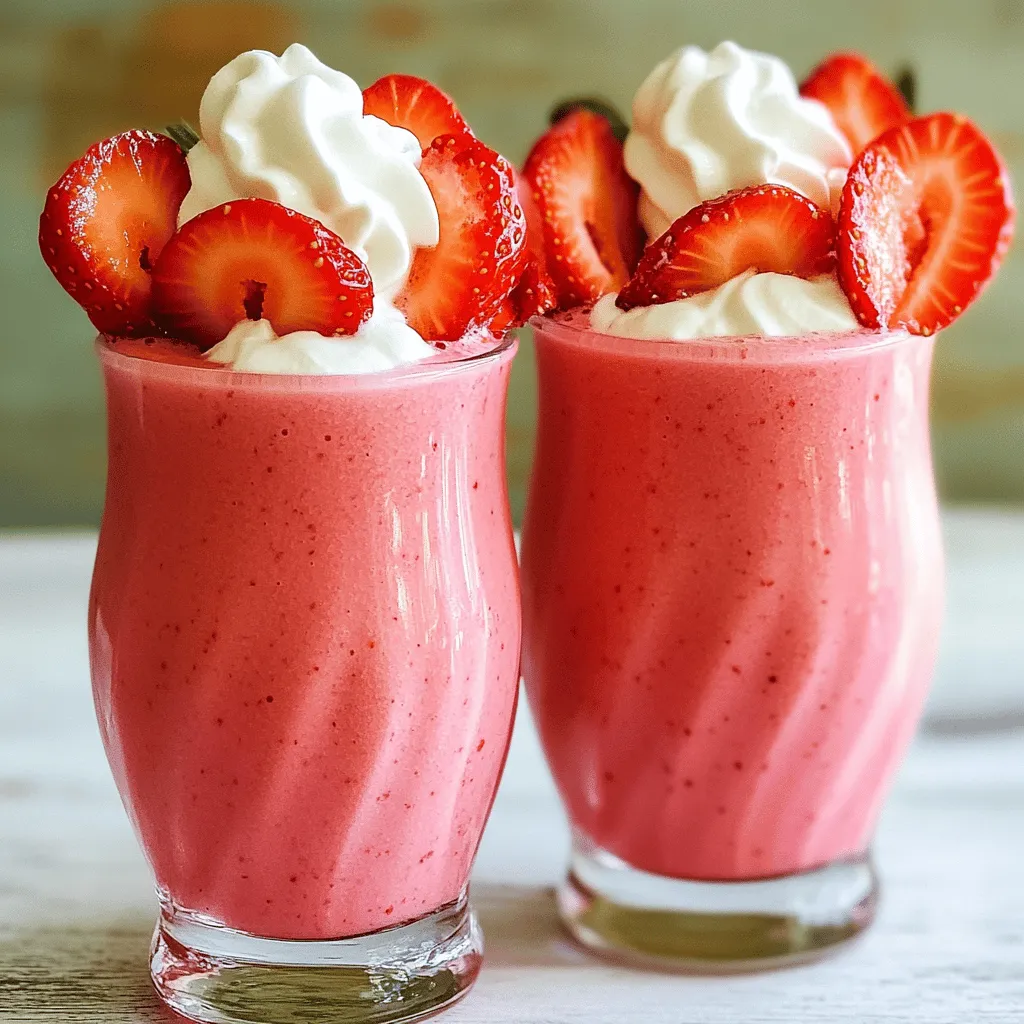 The main ingredients in this smoothie are fresh strawberries, Greek yogurt, and almond milk. Fresh strawberries bring a sweet and tangy flavor. Ripe strawberries are key. They offer the best taste and sweetness. Look for bright red berries with no green spots. This ensures a delicious smoothie. Greek yogurt and protein powder boost the protein in this drink. Greek yogurt adds creaminess and a nice tang. It also has probiotics, which are good for your gut. Protein powder gives you a quick protein boost. If you want other options, try plant-based yogurt or nut butter. These can also add great flavor and texture. For sweeteners, honey or maple syrup works well. They add natural sweetness without being too sugary. Cream cheese adds richness and a cheesecake flavor. Vanilla extract enhances the overall taste. A pinch of cinnamon adds warmth and depth. Together, these ingredients create a balanced flavor profile. To start, gather your ingredients. You'll need fresh strawberries, Greek yogurt, almond milk, vanilla protein powder, cream cheese, honey, vanilla extract, and a pinch of cinnamon. Place all these ingredients in a blender. Blend on high until the mix is smooth and creamy. This step is key for a great texture. If you blend too little, it may be chunky. If you want a thicker smoothie, add some ice cubes to the blender. Blend again until you reach the right thickness. For a thinner smoothie, just add more almond milk. This way, you can customize it to your liking. Once your smoothie is ready, pour it into clear glasses. This shows off its pretty pink color. For extra flair, add sliced strawberries on top or a dollop of whipped cream. A strawberry on the rim makes it look fancy. Presentation matters, as a good-looking dish can make it taste even better. Adding extra flavors can make your smoothie more fun. Here are some ideas: - Mint: A few fresh mint leaves can add a nice twist. - Chocolate: For a chocolatey taste, add a tablespoon of cocoa powder. You can also mix in other fruits. Try bananas or blueberries for a new flavor. Each fruit brings its own taste and texture. Getting ready in the morning can be rushed. Here are some simple tricks: - Prep Ahead: Chop your strawberries and measure your ingredients the night before. - Quick Blending: Keep your blender out for fast use. Blend your smoothie right when you wake up. This smoothie packs a lot of nutrition. Here are some benefits: - Protein Boost: Greek yogurt and protein powder help build muscle. - Vitamins and Antioxidants: Strawberries are high in vitamin C and antioxidants. This smoothie fits well into a balanced diet. It offers protein, healthy fats, and tasty fruits. Enjoy it for breakfast or a snack! {{image_2}} For a vegan version, substitute the Greek yogurt with coconut yogurt. This keeps a creamy texture. Use almond milk or oat milk instead of regular milk. For the cream cheese, try cashew cream or tofu blended smooth. To keep the flavor strong, add extra vanilla and a bit of lemon juice. This will help balance the sweetness and keep it tasty. To make a low-carb smoothie, swap honey for a low-carb sweetener like stevia or erythritol. You can use unsweetened almond milk to cut carbs even more. For the cream cheese, consider using full-fat cream cheese, as it has fewer carbs than other options. This way, you can still enjoy the cheesecake flavor without the added carbs. Make the smoothie fun for kids by adding a splash of fruit juice. Strawberry or apple juice works well. You can also mix in some banana for added sweetness. Kids love bright colors, so blend in a little spinach for green color without changing the taste. Top with whipped cream and sprinkles to make it look special! You can store your strawberry cheesecake smoothie in the fridge for up to two days. To keep it fresh, pour the smoothie into an airtight container. This helps maintain its taste and texture. If you notice separation, just give it a quick stir before drinking. Yes, you can freeze this smoothie! Pour it into freezer-safe containers, leaving some space for expansion. This way, you can enjoy it later. To thaw, place it in the fridge overnight. For a quicker method, use the microwave, but do so in short bursts to avoid heating it too much. You can refreeze it, but the texture may change slightly, so enjoy it fresh whenever possible. The best containers for storing smoothies are BPA-free plastic or glass jars. They keep your smoothie secure and fresh. Consider using silicone bags for an eco-friendly option. These bags are reusable and take up less space in your freezer. The best protein powder depends on your diet. Here are some options: - Whey protein: Great for muscle building and digestion. - Plant-based protein: Good for vegans and those with dairy issues. Look for pea or hemp protein. - Casein protein: Slower to digest, ideal for night time. - Egg white protein: A good choice if you want a dairy-free option. Choose a protein powder that fits your needs and tastes. Always check labels for added sugars. Yes, you can prepare this smoothie ahead of time. Follow these tips: - Make the smoothie and store it in an airtight container. - Keep it in the fridge for up to 24 hours. - Shake or stir well before drinking to mix any settled ingredients. - For the best taste, enjoy it fresh if possible. Each serving has about 200-250 calories. Here’s a breakdown: - Protein: Around 20 grams, thanks to Greek yogurt and protein powder. - Carbohydrates: About 30 grams from strawberries and honey. - Fats: Roughly 5-7 grams, mainly from cream cheese. This smoothie packs vitamins, calcium, and antioxidants. It fits well into a balanced diet, offering energy and nutrition. Using fresh ingredients is key to making a great smoothie. Greek yogurt gives it protein, while cream cheese and vanilla enhance the flavor. Blend carefully to get the right texture. Remember, you can adjust the thickness and make it look appealing. Try different flavors and save time by prepping ahead. We looked at vegan and low-carb options, too, so there’s something for everyone. Store your smoothie properly, whether in the fridge or freezer. Now you can enjoy a healthy, tasty smoothie that fits into your diet!