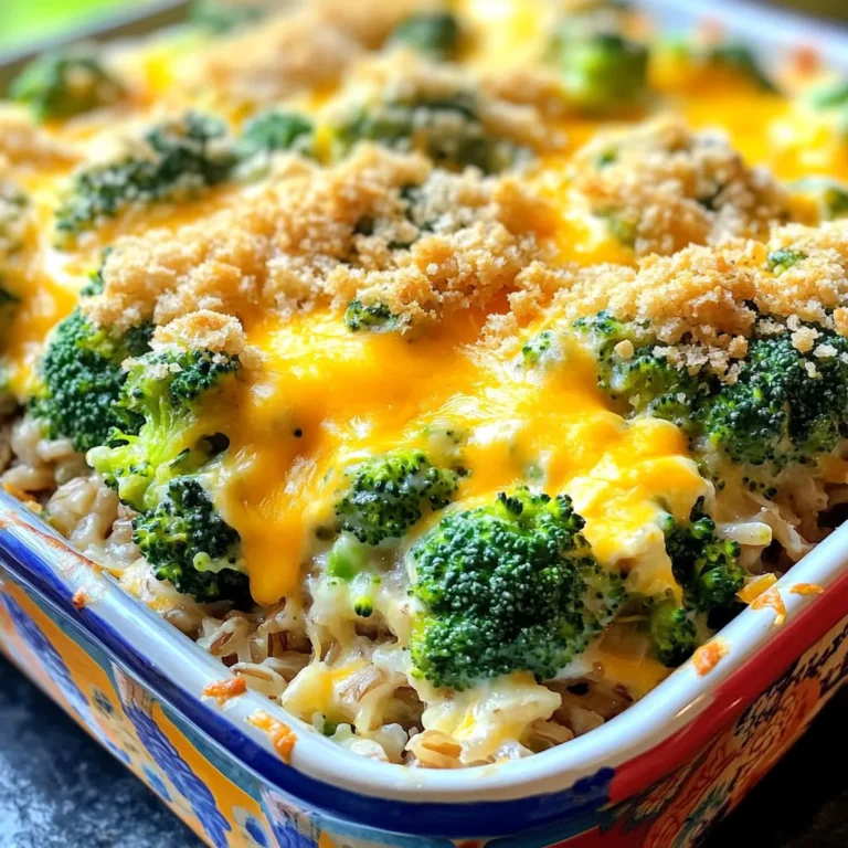 To make the Cheesy Broccoli Rice Casserole, you need: - 2 cups cooked brown rice - 2 cups broccoli florets (fresh or frozen) - 1 cup sharp cheddar cheese, grated - 1 cup mozzarella cheese, grated - 1 cup milk - 1/2 cup sour cream - 1/2 teaspoon garlic powder - 1/2 teaspoon onion powder - Salt and pepper to taste - 1/4 cup breadcrumbs (for topping) - 2 tablespoons olive oil - 1/4 cup grated Parmesan cheese (for topping) These ingredients blend to create a creamy, cheesy comfort dish. You can easily swap out some ingredients to fit your diet: - Rice: Use quinoa or cauliflower rice for a low-carb option. - Cheese: Try vegan cheese or nutritional yeast for a dairy-free dish. - Milk: Almond milk or coconut milk works well for a lactose-free version. - Sour Cream: Use Greek yogurt or a non-dairy alternative. These swaps keep the flavor while addressing dietary needs. Using fresh or frozen broccoli can change the dish a bit. - Fresh Broccoli: Wash and cut into small florets. It gives a nice crunch and bright color. - Frozen Broccoli: Thaw and drain it well before adding to the mix. It saves time and is just as healthy. Both options work, so choose what you have on hand. Fresh offers a crisp bite, while frozen is quick and easy. First, you need to preheat your oven to 350°F (175°C). This step is key for even cooking. Next, grab a large bowl. Combine the cooked brown rice, broccoli florets, sharp cheddar cheese, and mozzarella cheese. Add the milk and sour cream to the mix. Then, sprinkle in garlic powder, onion powder, salt, and pepper. Stir everything until it blends well. You want every bite to have great flavor. Now, grease a 9x13 inch baking dish with olive oil. Pour the rice and broccoli mixture into the dish. Spread it out evenly so it cooks well. In a small bowl, mix breadcrumbs and Parmesan cheese together. Sprinkle this topping over the casserole. Bake it in your preheated oven for 25-30 minutes. Keep an eye on it. The cheese should melt and bubble, and the top must turn golden brown. To get that perfect melt, use freshly grated cheese. Pre-shredded cheese contains anti-caking agents, which can affect texture. Mix both cheddar and mozzarella for great flavor and stretch. If you want a crispier top, broil the casserole for the last few minutes. Just watch it closely to prevent burning. Let the casserole cool for 5-10 minutes before serving. This helps the cheese set slightly for better slices. You can prepare this dish a day before. Just mix all the ingredients. Pour the mixture into the dish, cover it, and place it in the fridge. Bake it the next day. This saves time and still tastes great. Serve the casserole hot from the oven. For a pop of color, add fresh parsley on top. Pair it with a light salad or some crusty bread. This adds freshness and crunch to your meal. To boost nutrition, add more veggies like carrots or bell peppers. You can also mix in cooked chicken or beans for protein. Swapping in whole grain rice can increase fiber too. These simple swaps make the dish healthier and keep it tasty. {{image_2}} You can easily make this dish vegetarian. Just skip the cheese and use plant-based milk. Replace dairy sour cream with a vegan version or use blended tofu. For a cheesy flavor, try nutritional yeast. This adds a nice taste while keeping it dairy-free. Mixing cheeses can change the flavor of your casserole. Instead of cheddar, try gouda or pepper jack for a kick. Fontina melts well too, adding a creamy texture. Combining different cheeses gives you a unique taste with every bite. You can also try vegan cheeses if you want to keep it plant-based. Want more protein? Add cooked chicken or turkey to the mix. Use diced sausage for a hearty dish. If you prefer plant-based options, tofu works great. Just press and cube it before mixing it in. These options boost flavor and make your casserole more filling. To keep your Cheesy Broccoli Rice Casserole fresh, store it in an airtight container. Place it in the fridge within two hours of cooking. It will last for about 3-5 days. When storing, make sure it cools down first. This helps prevent sogginess. Always check for any signs of spoilage before reheating. You can freeze this casserole for later use. First, let it cool completely. Then, wrap it tightly in plastic wrap or aluminum foil. Place it in a freezer-safe container or bag. It can last for up to three months in the freezer. When ready to eat, thaw it overnight in the fridge before reheating. To reheat, use the oven for best results. Preheat your oven to 350°F (175°C). Cover the casserole with foil to keep it moist. Heat for about 20-25 minutes, or until hot. You can also use the microwave. Heat in short intervals, stirring in between. This ensures even heating. Enjoy your delicious casserole just like the first time! Yes, you can use white rice in this casserole. White rice cooks faster than brown rice. It also has a softer texture. If you choose white rice, make sure it is cooked before mixing it with the other ingredients. Use the same amount as the recipe states for brown rice. To make the casserole gluten-free, choose gluten-free breadcrumbs. You can find these at most grocery stores. Also, ensure your cheese and sour cream are gluten-free. Most brands are safe, but it's always good to check the labels. This way, you can enjoy the dish without worry. This casserole pairs well with many sides. Here are some great options: - Grilled chicken or fish - A fresh garden salad - Roasted vegetables - Garlic bread These sides add flavor and balance to the meal. Enjoy mixing and matching to find your favorite combination! This blog post covered all you need for a great Cheesy Broccoli Rice Casserole. We went through the key ingredients, helpful tips, and step-by-step instructions. You learned how to make it ahead and serve it with flair. Remember, you can change up the recipe with different veggies and proteins. With these tips, your casserole will shine at any meal. Enjoy your cooking adventure, and share this tasty dish with friends or family!