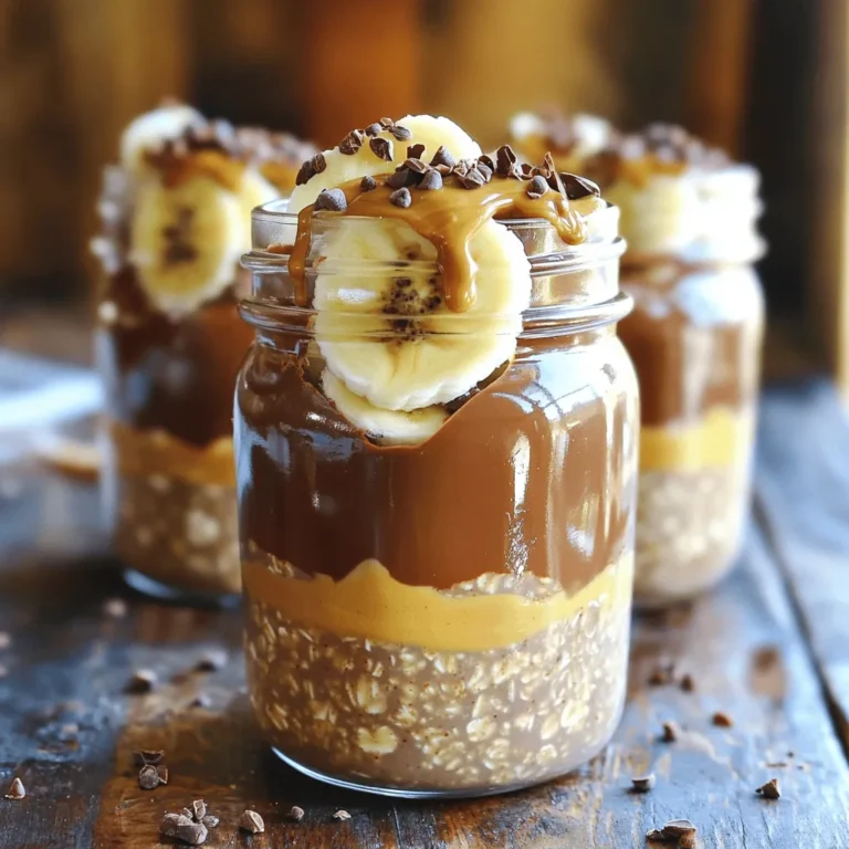 To make Protein Chocolate Peanut Butter Overnight Oats, you need a few simple ingredients. Here’s what you will need: - 1 cup rolled oats - 2 cups almond milk (or any milk of your choice) - 2 tablespoons unsweetened cocoa powder - 2 tablespoons peanut butter (or any nut butter) - 1 scoop protein powder (chocolate or vanilla flavor) - 1 tablespoon maple syrup (optional, for sweetness) - 1 small banana, sliced - 1 tablespoon chia seeds (optional) - A pinch of salt These ingredients come together to create a tasty and healthy breakfast. The oats provide fiber. The peanut butter adds healthy fats and protein. The cocoa powder gives a rich chocolate flavor. Each ingredient plays a vital role in making this dish both nutritious and delicious. Feel free to adjust the ingredients based on your taste. You can choose any milk you like or swap in different nut butters. If you want more sweetness, add a bit more maple syrup. It’s all about what you enjoy! - Combine dry ingredients: In a large bowl, mix 1 cup of rolled oats, 2 tablespoons of cocoa powder, and a pinch of salt. Stir until everything is even. - Mix wet ingredients: In another bowl, whisk together 2 cups of almond milk, 2 tablespoons of peanut butter, 1 scoop of protein powder, and 1 tablespoon of maple syrup. Make sure it is smooth and well mixed. - Combine dry and wet mixtures: Pour the wet mix over the dry oats. Stir well until all the oats are coated and everything is blended nicely. - Divide into jars: Take the oat mixture and scoop it into 2 to 4 jars. The number of jars depends on how much you want to serve. - Layer banana slices: Add sliced banana on top of the oat mixture in each jar. This adds flavor and sweetness. - Seal and refrigerate: Cover the jars with lids or wrap them with plastic. Place them in the fridge overnight or for at least 6 hours. This lets the oats soak up all the flavors. - Stir before serving: When you're ready to eat, give the oats a good stir. This helps mix everything well. - Add additional toppings: You can enhance your oats with extra banana slices, a drizzle of peanut butter, cacao nibs, or chopped nuts. These toppings add crunch and flavor. - Best type of oats to use: I recommend rolled oats for this recipe. They soak up the liquid well and create a creamy texture. Quick oats can become mushy, while steel-cut oats need longer to soften. Stick with rolled oats for the best result. - Adjusting sweetness levels: If you prefer sweeter oats, add more maple syrup or honey. Start with one tablespoon and taste. You can always add more. For a lower-calorie option, try a sugar substitute. Adjust based on your taste. - How long they last in the fridge: These oats last up to five days in the fridge. Store them in airtight jars. This keeps them fresh and tasty. If you make a batch for the week, you’ll have breakfast ready to go. - Freezing options: You can freeze these oats too! Just place them in a freezer-safe container. They can last up to three months. Thaw them overnight in the fridge. Give them a good stir before enjoying. - Pairing with fruits or nuts: Add fresh fruits like berries or apples for extra flavor. Nuts like almonds or walnuts give a nice crunch. You can also sprinkle some cacao nibs for a chocolate boost. - Breakfast on-the-go options: These oats are perfect for busy mornings. Just grab a jar and go. They are filling and packed with protein. You can enjoy them at home or take them to work. {{image_2}} You can switch up the nut butter for fresh tastes. Almond butter adds a sweet touch. Cashew butter gives a creamy feel. Each nut butter brings its own flavor and health benefits. You can also change the protein powder. Try vanilla for a sweet twist or a plant-based option for a vegan treat. This helps you stay on track with your diet while enjoying new flavors. Toppings make your dish pop! Fresh fruits like berries or peaches add color and sweetness. Nuts like almonds or walnuts give a nice crunch. You can sprinkle seeds like pumpkin or sunflower for extra nutrients. These toppings also boost the visual appeal, making every bite exciting. The options are endless, so mix and match to find your favorites! If you follow a vegan diet, use almond milk and a plant-based protein powder. This keeps your oats tasty and healthy. For gluten-free options, choose certified gluten-free oats. This way, you can enjoy your breakfast without worry. Making these adjustments allows everyone to enjoy this protein-rich treat! - Calories per serving: Each serving of Protein Chocolate Peanut Butter Overnight Oats has about 300-400 calories. This depends on the specific ingredients you use. Using almond milk and less peanut butter can lower this number. - Protein content: With one scoop of protein powder, there is about 20-25 grams of protein per serving. This makes it a great meal for muscle repair and growth. - Benefits of oats: Oats are high in fiber. They help keep you full and support digestion. They also provide steady energy levels. This makes them perfect for breakfast. - Advantages of protein and nut butter: Protein supports muscle health and gives you energy. Nut butter adds healthy fats. These fats help with heart health and keep you satisfied longer. - Number of servings per recipe: This recipe makes 2 to 4 servings. You can adjust how many jars you fill based on your needs. - Adjusting portion sizes: If you want a lighter breakfast, use smaller jars. For a bigger meal, fill larger jars. You can also double the recipe for meal prep. Can I make this recipe ahead of time? Yes, you can! This recipe is great for meal prep. Make it the night before and enjoy a quick breakfast the next day. How do I customize flavors? You can add spices like cinnamon or vanilla extract. Try swapping peanut butter for almond or cashew butter for a new twist. What types of milk can I use? Any milk works well. Almond milk, oat milk, or regular milk are all great choices. Choose what you like best! Is this recipe suitable for weight loss? Yes, it can be. The oats and protein keep you full. Just watch the added sweeteners. Can I add more protein? Absolutely! You can add extra protein powder or mix in Greek yogurt. This boosts the protein even more. How long do they last in the fridge? These oats last up to five days in the fridge. Just keep them sealed in jars or containers. Can I freeze overnight oats? Yes, you can freeze them! Just thaw in the fridge overnight before eating. This keeps them fresh and ready to enjoy. This blog post covered a simple, healthy recipe for overnight oats. You learned about ingredients like oats, almond milk, and nut butter. I shared easy steps for preparation and storage tips. You can mix flavors and toppings to suit your taste. Remember, this recipe is flexible and nutritious, supporting your dietary needs. With these tips, you can enjoy quick and tasty breakfasts that fuel your day. Embrace this healthy habit and feel good about what you eat!