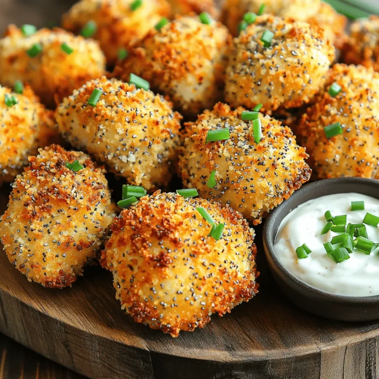 Here are the ingredients you need to make Air Fryer Everything Bagel Chicken Bites: - 1 pound chicken breast, cut into bite-sized pieces - 1 cup panko breadcrumbs - 2 tablespoons everything bagel seasoning - 1 teaspoon garlic powder - 1 teaspoon onion powder - 1/2 teaspoon black pepper - 1/2 teaspoon salt - 1 large egg, beaten - 2 tablespoons olive oil These ingredients come together to make a tasty dish. The chicken breast is the star, offering a lean protein base. Panko breadcrumbs add a nice crunch. Everything bagel seasoning gives it that familiar, flavorful twist. Garlic and onion powders enhance the taste. Black pepper and salt round it out, ensuring each bite is tasty. The egg acts as a binder, helping the breadcrumbs stick to the chicken. Olive oil helps with cooking and adds flavor. Each ingredient plays a key role, making these bites crispy and delicious. Enjoy each step of gathering these ingredients. It's all part of the fun! - In a large bowl, combine the panko breadcrumbs, everything bagel seasoning, garlic powder, onion powder, black pepper, and salt. Mix well. This mix gives your chicken a tasty crust. - Take your chicken pieces and dip each one in a beaten egg. Then, coat it in the panko mix. Press gently to help the crumbs stick. - Preheat your air fryer to 400°F (200°C) for about 5 minutes. This step helps the chicken cook evenly. - Spray the air fryer basket lightly with olive oil. This keeps the chicken from sticking. - Place the coated chicken bites in a single layer in the basket. Make sure they don’t touch. This helps them cook well. You might need to cook in batches. - Lightly spray the tops of the chicken bites with olive oil before cooking. This adds crispiness. - Flip the chicken bites halfway through cooking. This step ensures they get golden and crispy on both sides. - Check that each bite reaches an internal temperature of 165°F (75°C). This means they are safe to eat. To get that perfect coating, make sure to press the panko mixture onto the chicken. This helps it stick better. I recommend using a clean hand for the egg and the other for the panko. It keeps things tidy and easy. Set your air fryer to 400°F (200°C). Preheat it for about 5 minutes. This ensures even cooking and crispiness. Want to boost the flavor? Try adding smoked paprika or cayenne pepper for some heat. If you like dips, serve with a yogurt-based dip or cream cheese. These pair well with the everything bagel seasoning. You can also switch up your breadcrumbs. Use seasoned breadcrumbs or even crushed crackers for a new twist. For a great look, serve the chicken bites on a colorful platter. Add a small bowl of dip for fun. Garnish with fresh chives or parsley to make it pop. This not only adds color but also gives a fresh taste. Use small cups or ramekins for dipping sauces. They look nice and keep things neat. {{image_2}} You can change the flavor of your chicken bites easily. Try using taco seasoning, lemon pepper, or smoked paprika for a twist. You can mix and match spices to fit your taste. For a spicy kick, add cayenne pepper or chili powder. If you like herbs, fresh dill and parsley can add a nice touch. You can also use different blends, like ranch seasoning or Italian herbs, for new flavors. Chicken is great, but you can use other meats too. Try pork tenderloin or turkey for a different taste. If you want a plant-based option, use firm tofu or tempeh. Make sure to change the cooking time based on the protein you choose. For pork, cook it for about 15 minutes. Turkey may need around 12-14 minutes, while tofu can cook in 8-10 minutes. Always check for doneness with a meat thermometer. These chicken bites pair well with many sides. Serve them with fresh veggies, like carrots and celery, or a side salad. You can also enjoy them with dipping sauces, such as ranch, honey mustard, or barbecue sauce. For a fun appetizer, stack them on toothpicks with cherry tomatoes and mozzarella balls. You can make a platter with assorted dips to entice your guests. To keep your chicken bites fresh, store them in an airtight container. This helps maintain their crispiness. Place the container in the fridge right after they cool down. They will last for about 3 to 4 days. If you want to enjoy them longer, freezing is a great option. To freeze your chicken bites, let them cool completely first. Arrange them in a single layer on a baking sheet. Place them in the freezer until they are firm. Then, transfer them to a freezer bag or container. They can stay in the freezer for up to 3 months. When you're ready to eat, reheat them in the air fryer at 350°F (175°C) for about 8-10 minutes. This helps them regain their crunch. Incorporate these chicken bites into your weekly meal prep with ease. You can add them to salads, wraps, or grain bowls. They also make a quick snack. Serve them with dips like yogurt or ranch. These bites are not just tasty; they’re versatile too! Use leftovers in a fun way during the week to keep meals exciting. Can I use fresh chicken instead of frozen? Yes, fresh chicken works great. Just cut it into bite-sized pieces. Fresh chicken cooks faster than frozen, so keep an eye on it. What can I substitute for panko breadcrumbs? You can use regular breadcrumbs, crushed crackers, or even ground oats. These will give a different texture but still taste good. How do I know when the chicken is fully cooked? Check the internal temperature with a meat thermometer. It should reach 165°F (75°C). The chicken should be golden brown and no longer pink inside. Can I make this recipe gluten-free? Yes, use gluten-free breadcrumbs instead of panko. Ensure your everything bagel seasoning is also gluten-free. How to adjust the recipe for larger servings? Simply double or triple the ingredients. Make sure not to overcrowd the air fryer basket. Cook in batches if needed. What type of air fryer is best for this recipe? Any air fryer works well, but one with a basket is ideal. It helps with air circulation for even cooking. Do I need any special tools to prepare Air Fryer Everything Bagel Chicken Bites? You’ll need a mixing bowl, a whisk for the egg, and a meat thermometer to check the chicken’s doneness. This blog post shows how to make tasty air fryer everything bagel chicken bites. We discussed the key ingredients, step-by-step cooking instructions, and helpful tips. You can customize flavors and learn storage methods. For easy meal prep, these chicken bites fit perfectly into many meals. Try different proteins and presentations to keep it exciting. Enjoy experimenting with this fun recipe and make it your own!
