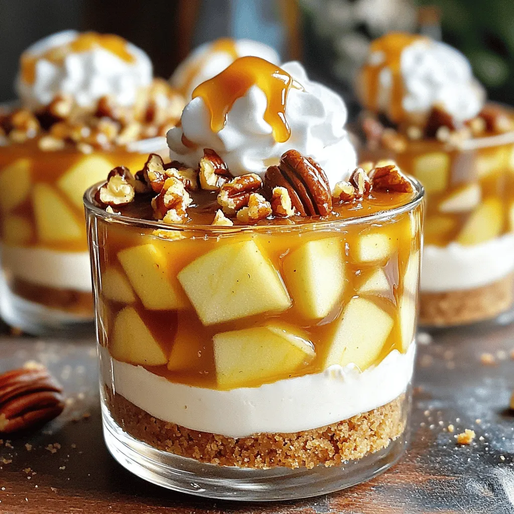 For these delightful Caramel Apple Pecan Pie Cheesecake Cups, gather the following: - 1 cup graham cracker crumbs - 1/4 cup melted butter - 2 cups cream cheese, softened - 1/2 cup granulated sugar - 1/2 cup brown sugar - 1 teaspoon vanilla extract - 2 large eggs - 2 cups diced apples (preferably Granny Smith) - 1/2 teaspoon cinnamon - 1 cup pecans, chopped - 1 cup caramel sauce (store-bought or homemade) - Whipped cream (for topping) You can easily swap some ingredients if needed. Here are a few ideas: - Use almond flour instead of graham cracker crumbs for a gluten-free crust. - Replace butter with coconut oil for a dairy-free option. - If you don’t have cream cheese, try mascarpone cheese for a rich flavor. - You can use any sweet apple if Granny Smith is not available. - For a nut-free option, simply omit the pecans or use sunflower seeds. Selecting fresh ingredients makes a big difference in taste. Here’s how to pick the best apples and pecans: - Apples: Choose firm apples with smooth skin. Look for a shiny surface. Avoid soft or bruised ones. Granny Smith apples are tart and hold their shape well when baked. - Pecans: Opt for pecans that smell fresh and nutty. Check for any signs of moisture or mold. Buy whole pecans for better flavor. Chop them right before using for a fresher crunch. These tips ensure your Caramel Apple Pecan Pie Cheesecake Cups are a hit! First, preheat your oven to 325°F (160°C). In a mixing bowl, combine 1 cup of graham cracker crumbs and 1/4 cup of melted butter. Mix well until the crumbs soak up the butter. Next, press this mixture evenly into the bottom of each muffin cup. This forms the crust base. Bake for 10 minutes, then remove and let cool. In a separate bowl, beat together 2 cups of softened cream cheese, 1/2 cup of granulated sugar, 1/2 cup of brown sugar, and 1 teaspoon of vanilla extract. Mix until the blend is smooth and creamy. Now, add 2 large eggs, one at a time. Mix thoroughly after each addition. Gently fold in 2 cups of diced Granny Smith apples and 1/2 teaspoon of cinnamon into the cream cheese mixture. Pour the cream cheese filling evenly into the muffin cups, over the cooled graham cracker crust. Fill each cup about 2/3 full. Next, sprinkle 1 cup of chopped pecans on top of the batter in each cup. Bake these in the preheated oven for 20-25 minutes. Watch closely to avoid overbaking. The edges should be set, and the center should jiggle slightly but remain firm. Once baked, remove them from the oven and cool to room temperature. Refrigerate for at least two hours before serving. When ready to enjoy, drizzle caramel sauce over each cheesecake cup and add a dollop of whipped cream if you like! To get a creamy cheesecake, start with softened cream cheese. This helps mix smoothly. Beat the cream cheese and sugars well until they are light and fluffy. Avoid overmixing after adding eggs. This keeps air bubbles from forming, which can cause cracks. Baking at the right temperature is key. Preheat your oven to 325°F (160°C). Bake the cheesecake cups until the edges are set, but the center should still jiggle a bit. This means they are done but not overcooked. Keep a close watch during the last few minutes. Serve your cheesecake cups in clear cups to show off those lovely layers. Drizzle warm caramel sauce over each cup just before serving. Add a dollop of whipped cream on top. For extra flair, sprinkle chopped pecans on each cup. This not only looks great but adds a nice crunch. {{image_2}} You can switch up the fruit in these cheesecake cups. Try using pears or peaches. Both add a sweet twist. For a berry option, use fresh blueberries or strawberries. They bring a nice tartness. You can mix fruits too! Combine apples with raspberries for a fun flavor. To make these cheesecake cups gluten-free, use gluten-free graham crackers. Check the label for safe grains. For a dairy-free option, swap cream cheese for a dairy-free version. Use coconut cream or cashew cream as a base. These swaps keep the taste close while meeting dietary needs. When autumn comes, add pumpkin spice to the mix. Just a pinch of nutmeg can bring warmth. In spring, use lemon zest for a fresh flavor. For summer, top with fresh berries and a mint leaf. Each season has fruits that can make these cups special for any event. Store your caramel apple pecan pie cheesecake cups in the fridge. Use an airtight container to keep them fresh. This helps maintain their creamy texture and flavor. If you have leftover whipped cream, store it separately. This keeps it fluffy and light. Always place a layer of plastic wrap over the top to prevent drying out. These cheesecake cups last about five days in the fridge. After that, the quality may drop. You might notice the crust getting soggy. If they smell off or look different, it’s best to toss them. Always use your best judgment when it comes to food safety. You can freeze these cheesecake cups for up to three months. Just make sure they are fully chilled first. Use a freezer-safe container or plastic wrap to prevent ice crystals. When ready to eat, thaw them in the fridge overnight. This way, they stay creamy and delicious. Always add fresh whipped cream and caramel sauce before serving for the best taste. Yes, you can make these cheesecake cups ahead of time. Prepare them a day before your event. Once they cool, chill them in the fridge for at least two hours. They will taste just as good, if not better, after a night in the fridge. Just wait to add the caramel sauce and whipped cream until serving time. If you do not have caramel sauce, you can use butterscotch sauce. It adds a similar sweet flavor. You can also make a simple maple syrup topping. Just warm maple syrup and drizzle it over the cheesecake cups. For a fun twist, try a chocolate sauce instead for a different taste. Check the edges of the cups. They should look set and firm. The center may still jiggle slightly. If the edges are golden brown, it’s a good sign. Bake for 20-25 minutes to avoid overcooking. Remove them from the oven and let them cool to firm up. This blog post covered everything you need for caramel apple pecan pie cheesecake cups. We explored ingredients, including fresh apples and pecans, and discussed substitutions. I shared step-by-step instructions for the crust, filling, and assembly. You learned tips to get the right texture and how to serve them nicely. Variations and storage tips were included as well. With these insights, you can create tasty treats for any occasion. Enjoy making your cheesecake cups and share your delicious results!