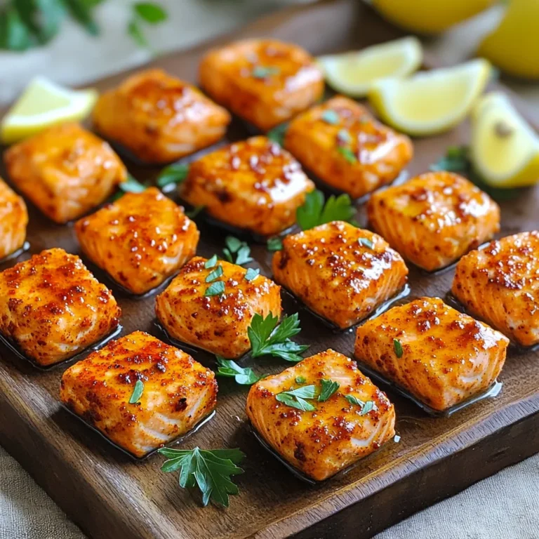 - 1 pound salmon fillet - 2 tablespoons olive oil - 1 tablespoon Cajun seasoning - 1 teaspoon garlic powder - 1 teaspoon onion powder - 1/2 teaspoon smoked paprika - 1/2 teaspoon salt - 1/4 teaspoon black pepper - Fresh parsley - Lemon wedges To make the air fryer crispy Cajun salmon bites, start with fresh salmon fillets. You want one pound, skin removed, and cut into bite-sized pieces. The salmon gives a rich flavor that pairs well with the spices. Next, you need olive oil. Two tablespoons will help the spices stick to the salmon and make it crispy. Cajun seasoning is key. One tablespoon adds a spicy kick. For the seasoning mix, get garlic powder and onion powder. Each needs one teaspoon. These add depth to the flavor. Smoked paprika adds a nice touch with half a teaspoon. Don't forget half a teaspoon of salt and a quarter teaspoon of black pepper for balance. For a beautiful finish, I suggest fresh parsley for garnish. It adds color and freshness. Serve with lemon wedges on the side. Squeezing lemon over the salmon elevates the taste. This simple combination of ingredients creates a flavorful dish that’s easy to prepare. You can impress your family and friends with these crispy bites! First, take a medium bowl and add the salmon pieces. Next, pour in the olive oil. Then, sprinkle the Cajun seasoning, garlic powder, onion powder, smoked paprika, salt, and black pepper. Mix everything well until the salmon is coated evenly in the spice mix. This step gives your salmon a bold flavor that will shine through. Now, it's time to preheat your air fryer. Set it to 400°F (200°C) and let it warm up for about 5 minutes. Preheating helps the salmon cook evenly and become crispy. Once the air fryer is hot, lightly spray the basket with cooking spray. Carefully arrange the seasoned salmon bites in a single layer. Make sure not to overcrowd the basket; this helps them cook well. Cook the salmon bites for 8-10 minutes. Remember to shake the basket halfway through to ensure even cooking. You want them to be golden brown and crispy on the outside, while still flaky inside. To get those perfect crispy salmon bites, use cooking spray. A quick spray in the air fryer basket helps the bites crisp up nicely. You should also avoid overcrowding the basket. If the pieces touch, they won’t cook evenly. Cook in batches if needed for the best results. If you want to mix things up, try different seasonings. You can use lemon pepper or a spicy chili blend instead of Cajun seasoning. Different types of salmon work well too. Fresh salmon is great, but you can also use sockeye or even canned salmon for this recipe. Pair these salmon bites with tasty side dishes. Think about serving them with a crisp salad or some sweet potato fries. Dipping sauces can elevate the flavors too. A zesty tartar sauce or a creamy garlic dip works wonders. Don't forget some lemon wedges for a fresh squeeze! {{image_2}} You can change the flavor of your salmon bites easily. Try spicy options for a kick. Add cayenne pepper or chili powder for heat. Blend a little paprika with your Cajun spice for extra depth. You can also explore herb-infused variations. Mix in dried oregano or thyme for a fresh taste. These herbs add a lovely fragrance to the salmon. If you want to try cooking methods beyond the air fryer, oven-baking is an option. Preheat your oven to 425°F (220°C). Place the seasoned salmon bites on a baking sheet lined with parchment paper. Bake them for about 12-15 minutes, flipping halfway for even cooking. Grilling is another fun method. Preheat your grill to medium heat. Place the salmon bites on skewers for easy handling. Grill for 8-10 minutes, turning them until they are cooked through and have nice grill marks. For low-carb modifications, skip the olive oil and use a light spray. This cuts down on calories and still gives a nice crisp. You can also use almond flour instead of breadcrumbs for coating. If you need gluten-free options, ensure your Cajun seasoning is gluten-free. Many store-bought blends are safe, but check the labels. Make the dish fit your diet while enjoying the flavors! To keep your salmon bites fresh, use airtight containers. Glass containers work best. They keep flavors locked in. Store leftovers in the fridge. They will stay good for about 2-3 days. Make sure the bites cool down before sealing them. This helps avoid moisture build-up. The best way to reheat salmon bites is in the air fryer. Set it to 350°F (175°C). Heat for about 5 minutes. This keeps them crispy. You can also use a microwave, but it may make them soft. If using the microwave, cover the plate with a damp paper towel. This helps keep some moisture. To freeze salmon bites, let them cool completely. Place them in a single layer on a baking sheet. Freeze for an hour, then transfer to a freezer bag. Remove as much air as possible to prevent freezer burn. They can stay frozen for up to 3 months. To thaw, place them in the fridge overnight. You can also use the microwave’s defrost setting. This keeps them tasting fresh. It takes about 8 to 10 minutes to cook salmon bites in an air fryer. This time can vary based on the thickness of your salmon pieces. I recommend checking for doneness around the 8-minute mark. You want them golden brown and crispy outside. Yes, you can use frozen salmon for this recipe. However, it’s best to thaw the salmon first. Thaw it in the fridge overnight or place it in cold water for quicker results. This helps the seasoning stick better and ensures even cooking. Crispy Cajun salmon bites pair well with many sides. Some great options include: - Steamed vegetables - Rice or quinoa - A fresh salad - Sweet potato fries These sides balance the flavors and add nutrition to your meal. To know if your salmon is fully cooked, check its color and texture. The salmon should be opaque and flake easily with a fork. You can also use a meat thermometer. The internal temperature should reach 145°F (63°C) for safe eating. In this post, we explored how to make delicious Cajun salmon bites. We covered the main ingredients, seasonings, and serving ideas. You learned step-by-step instructions for preparing, cooking, and storing your salmon. With tips for crispiness and substitutions, you can customize the recipe. Final thoughts: Enjoy experimenting with variations! Cajun salmon bites make a fun and tasty meal. Happy cooking!