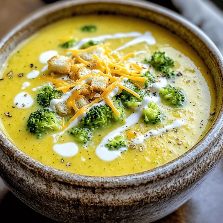 For this creamy broccoli cheddar soup, gather these fresh and simple ingredients: - 4 cups fresh broccoli florets - 1 medium onion, diced - 3 cloves garlic, minced - 4 cups vegetable broth - 2 cups sharp cheddar cheese, shredded - 1 cup heavy cream (or full-fat coconut milk for a lighter option) - 1 teaspoon Dijon mustard - 1 teaspoon dried thyme - Salt and pepper to taste - 2 tablespoons olive oil To make your soup even better, try these tasty toppings: - Croutons for crunch - Extra cheese for richness You can swap ingredients to fit your needs: - Use chicken broth instead of vegetable broth for a different flavor. - Swap heavy cream with full-fat coconut milk for a lighter soup. - If you want it spicy, add a pinch of cayenne pepper. - For a vegetarian option, skip the cheese or use plant-based cheese. By mixing and matching these options, you can create a soup that fits your taste and diet. First, we need to build great flavor. Heat the olive oil in a skillet over medium heat. Add the diced onion. Sauté it for about five minutes. You want the onion to turn translucent. Next, stir in the minced garlic. Cook it for one more minute. The garlic should smell amazing! Now, transfer the onion and garlic mix to the slow cooker. Add the fresh broccoli florets next. Pour in the vegetable broth, then add the Dijon mustard and dried thyme. Don't forget to season with salt and pepper. Stir everything together well. Cover the slow cooker and set it to cook. Choose low for four to five hours, or high for two to three hours. The broccoli should be tender when done. Once the broccoli is soft, it's time to blend. Use an immersion blender to mix the soup until smooth. If you don't have one, you can use a regular blender in batches. After blending, stir in the heavy cream and shredded cheddar cheese. Mix until the cheese melts and the soup is creamy. Taste it and adjust the seasoning if needed. Now your soup is ready to serve! To keep your broccoli bright and firm, cook it just right. Set your slow cooker to low and let the soup simmer for 4 to 5 hours. If you are in a hurry, you can set it to high for 2 to 3 hours. Check the broccoli at the 2-hour mark if on high. The goal is tender but not mushy. Overcooked broccoli loses its flavor and nutrients. Remember, it will continue to cook a bit after blending. For that rich, creamy texture, use heavy cream or full-fat coconut milk. Stir it in after blending the soup. This step helps to mix the cream fully. If you prefer a lighter soup, coconut milk works well. You can adjust the cream based on your preference. If you want a thicker soup, add more cheese slowly as you blend. This will give your soup a velvety finish that is hard to resist. To make this soup gluten-free, ensure your vegetable broth is certified gluten-free. For a dairy-free version, swap heavy cream for full-fat coconut milk and use dairy-free cheese. Many brands offer delicious options that melt well. This way, you can enjoy the same creamy delight while sticking to your diet. Adjust the seasoning slightly, as dairy-free cheese can vary in taste. Enjoy your dish without worry! {{image_2}} You can make this soup heartier by adding proteins. Chicken and bacon are great choices. For chicken, use cooked, shredded chicken. Stir it in during the last 30 minutes of cooking. If you like bacon, cook it crispy first. Crumble it and add it just before serving. This adds a nice crunch and smoky flavor. Spices and herbs can really boost the taste of your soup. Try adding a pinch of cayenne pepper for heat. It gives your soup a nice kick. Fresh herbs like parsley or chives make it bright. You can also sprinkle some nutmeg for a warm flavor. Just remember, start small. You can always add more, but you can’t take it out! Cheese is key to a great broccoli cheddar soup. While sharp cheddar is my go-to, other cheeses can work too. Gruyère adds a nutty taste, while Monterey Jack gives a creamy texture. You could even mix different cheeses for a fun twist. Just make sure they melt well for that creamy delight! Storing leftover soup is simple and smart. First, let the soup cool to room temperature. Then, pour it into airtight containers. Make sure to leave some space at the top, as soup can expand when frozen. Label the container with the date. This way, you can enjoy your creamy delight later! You can freeze broccoli cheddar soup for up to three months. To freeze, use freezer-safe containers. Again, leave some space at the top. You can also use freezer bags. Just press out the air before sealing them. When you’re ready to enjoy it, take it out of the freezer and let it thaw in the fridge overnight. Reheating your soup is easy. You can use the stovetop or microwave. For the stovetop, pour the soup into a pot. Heat it over medium heat, stirring often until warm. If you use a microwave, place the soup in a microwave-safe bowl. Heat it in short bursts, stirring in between until hot. Always taste and adjust the seasoning if needed. Enjoy your creamy soup warm! Yes, you can make this soup ahead of time. I often prepare it the day before. Just store it in the fridge after it cools. When you are ready to eat, reheat it gently on the stove. This way, the flavors meld and deepen overnight. To thicken slow cooker soup, you can use a few methods. One simple way is to blend a portion of the soup. Use an immersion blender or a regular blender. This gives it a creamy texture. Another option is to add a cornstarch slurry. Mix one tablespoon of cornstarch with two tablespoons of cold water. Stir it into the soup and cook for a few more minutes. Broccoli cheddar soup pairs well with a few sides. I love to serve it with crusty bread or a fresh salad. You can also add croutons on top for some crunch. A grilled cheese sandwich makes a great match too. This combo warms you up on chilly days. In this blog post, we explored the key ingredients for broccoli cheddar soup and offered tips for perfecting your dish. You learned how to sauté aromatics, combine ingredients, and achieve a creamy texture. We also shared variations, storage info, and answered common questions. Embrace your creativity with this simple soup. Experiment with toppings and flavors. You can make this dish your own while enjoying the comforting taste it offers. Enjoy cooking and sharing each delicious bite!