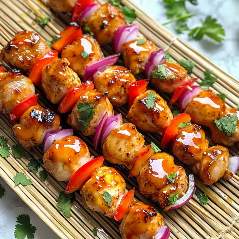 - 1 pound boneless, skinless chicken thighs, cut into 1-inch pieces - 1/4 cup sweet chili sauce - 2 tablespoons soy sauce - 1 tablespoon honey - 1 tablespoon sesame oil - 2 cloves garlic, minced - 1 teaspoon grated ginger - 1 bell pepper, cut into chunks (red or yellow for color) - 1 red onion, cut into wedges - Skewers (wooden or metal) The marinade is what makes these skewers shine. Sweet chili sauce adds a sweet and spicy kick. Soy sauce gives a salty depth. Honey brings more sweetness and helps with browning. Sesame oil adds a nutty flavor. Garlic and ginger give it a fresh, zesty taste. You can mix things up with different veggies or proteins. Try zucchini or mushrooms for added flavor. Shrimp or tofu are great options too. Keep it colorful to make your dish pop. Having a variety will excite your taste buds and make the meal more fun! To start, gather your ingredients for the marinade. You need: - 1/4 cup sweet chili sauce - 2 tablespoons soy sauce - 1 tablespoon honey - 1 tablespoon sesame oil - 2 cloves garlic, minced - 1 teaspoon grated ginger In a bowl, whisk these ingredients together. Make sure they blend well. This mix will add a tasty kick to your chicken. Next, cut your chicken thighs into 1-inch pieces. This size helps them cook evenly. Place the chicken pieces in the bowl with the marinade. Stir until the chicken is well-coated. Cover the bowl and refrigerate it for at least 30 minutes. This step lets the flavors soak into the chicken. While the chicken marinates, prepare your skewers. If you use wooden skewers, soak them in water for 20-30 minutes. This helps prevent burning. Once the chicken is ready, take it out of the fridge. Begin threading the marinated chicken onto the skewers. Alternate with chunks of bell pepper and onion. This adds color and flavor to your skewers. Now it’s time to cook! Preheat your air fryer to 400°F (200°C) for about 5 minutes. Place the skewers in the air fryer basket. Make sure they are not too crowded. Depending on your air fryer size, you might need to cook in batches. Cook the skewers for 10-12 minutes. Flip them halfway through so they cook evenly. When done, the chicken should be cooked through and have a nice char. Let the skewers rest for a few minutes before serving. Enjoy the burst of flavors! Marinating is key to great flavor. I recommend using a mix of sweet chili sauce, soy sauce, honey, sesame oil, garlic, and ginger. This blend adds depth to your chicken. Make sure to coat all the chicken pieces. Cover it well and chill for at least 30 minutes. For best results, marinate for a few hours or overnight. This allows the flavors to really sink in. If you use wooden skewers, soak them in water for 20-30 minutes. This step helps prevent burning in the air fryer. Just fill a bowl with water and submerge the skewers. You want them to absorb enough water to stay moist during cooking. This simple task can make a big difference in your final dish. To get a great char, preheat your air fryer to 400°F (200°C). This step is important for even cooking. Cook the skewers for about 10-12 minutes. Flip them halfway through for even browning. Keep an eye on them as they cook. You want them golden brown and slightly crispy, not dry. Let them rest for a few minutes before serving for the best flavor. {{image_2}} You can swap chicken for other proteins. Try shrimp for a quick cook. Pork tenderloin also works well. It adds a nice flavor and texture. If you prefer beef, use sirloin cut into cubes. These proteins absorb the marinade nicely. They all bring their unique taste to the skewers. Don’t forget about veggies! They add color and crunch. Bell peppers are great, but try zucchini too. Cherry tomatoes bring sweetness. You can use mushrooms for a meaty bite. Onions also add flavor. Mix and match to your taste! Feel free to switch the sauce. A teriyaki sauce gives a sweet twist. You can also try a spicy sriracha mix for heat. Adding lime juice creates a fresh zing. Experiment with herbs like basil or cilantro. Each sauce changes the dish completely and can surprise your guests. After enjoying your Air Fryer Sweet Chili Chicken Skewers, store any leftovers in an airtight container. They will stay fresh for up to three days in the fridge. Make sure the skewers cool down before sealing the container. This helps keep the chicken juicy and tasty. If you want to keep your skewers longer, freezing is a great option. First, let the cooked skewers cool completely. Place them in a freezer-safe bag or container. Remove as much air as possible to prevent freezer burn. You can store them for up to two months. When you're ready to eat, just thaw them in the fridge overnight. To reheat your chicken skewers, use an air fryer for the best results. Preheat the air fryer to 350°F (175°C). Place the skewers in the basket and heat for about 5-7 minutes. This will make them crispy again. You can also use a microwave, but the texture won’t be as nice. Heat them for 1-2 minutes, checking often to avoid overcooking. To keep the chicken moist, use boneless, skinless chicken thighs. They have more fat compared to chicken breasts, which helps maintain moisture. Marinate the chicken for at least 30 minutes. This allows the meat to soak up flavor and moisture. Make sure not to overcook the chicken in the air fryer. Cooking it for 10-12 minutes at 400°F gives great results. Always check for doneness with a meat thermometer. The chicken should reach 165°F for safety. Yes, you can use frozen chicken thighs for these skewers. However, you must thaw them first. The best way to thaw chicken is in the fridge overnight. You can also use the microwave for quick thawing. Once thawed, pat the chicken dry before marinating. This helps the marinade stick better. Make sure to marinate the chicken for at least 30 minutes for the best taste. These skewers taste great with a variety of dipping sauces. Some popular choices include: - Extra sweet chili sauce - Soy sauce mixed with garlic - Peanut sauce for a unique twist - A creamy ranch for a cool touch Feel free to mix and match to find your favorite! You can store marinated chicken in the fridge for up to 2 days. Make sure to keep it in an airtight container. This helps prevent any unwanted smells or flavors. If you want to store it longer, consider freezing the marinated chicken. You can freeze it for up to 3 months. Just remember to thaw it in the fridge before cooking. This blog post covered all you need for making tasty skewers. We explored the key ingredients and how to prepare a delicious marinade. You learned the step-by-step instructions for marinating, skewering, and cooking. Plus, I shared tips for getting that perfect char and safe storage. Experimenting with different proteins and sauces can bring new flavors to your skewers. Enjoy your cooking and make every meal a fun creation.