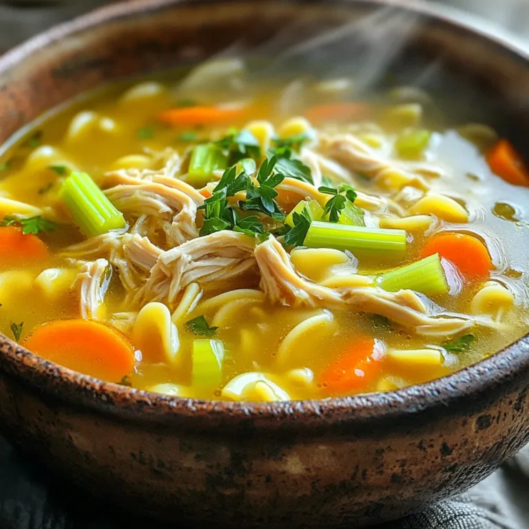 - 1.5 lbs boneless skinless chicken breasts - 4 cups low-sodium chicken broth - 2 cups water - 2 cups carrots, sliced - 1 cup celery, diced - 1 medium onion, chopped - 3 cloves garlic, minced For this soup, I love using boneless skinless chicken breasts. They cook well and stay tender. Low-sodium chicken broth and water create a rich base. Fresh veggies like carrots, celery, and onion add color and flavor. Garlic gives it a nice kick. - 1 teaspoon dried thyme - 1 teaspoon dried oregano - 1 bay leaf - Salt and pepper to taste - Fresh parsley for garnish I use dried thyme and oregano for a warm taste. A bay leaf adds depth to the soup. Salt and pepper help balance the flavors. Finally, fresh parsley on top makes the dish pop. It’s easy to prepare, and the flavors blend beautifully as it cooks. - Start by placing the chicken breasts at the bottom of your slow cooker. - Next, pour in the low-sodium chicken broth and water. - Add the sliced carrots, diced celery, chopped onion, and minced garlic. - Sprinkle in the dried thyme and oregano. Season with salt and pepper. - Toss in the bay leaf for added flavor. - Gently stir the mixture to combine, ensuring the chicken is covered by the liquid. - Now, cover the slow cooker. You can set it to low for 6-8 hours or high for 3-4 hours. - Once the chicken is cooked and tender, remove it from the pot. - Shred the chicken using two forks and return it to the slow cooker. - Stir in the egg noodles and let them cook on high for 20-30 minutes until soft. - Taste the soup and adjust the seasoning if needed. Remember to remove the bay leaf before serving. To make your soup shine, adjust the seasonings. I like to add a bit more thyme and oregano. Taste the broth before serving. If it needs more salt or pepper, add it then. Shredding chicken can be tricky. I suggest using two forks. Hold one fork in each hand. Pull the chicken apart while it is warm. The pieces will come apart easily. Prep your ingredients the night before. Chop the vegetables and store them in the fridge. This way, you can toss everything in the slow cooker in no time. Using frozen vegetables is a smart trick. They save time and cut down on waste. Just add them to the slow cooker with the other ingredients. They will cook perfectly while the soup simmers. {{image_2}} You can switch out chicken for turkey. Ground turkey works well and tastes great. You can also use rotisserie chicken for fast prep. For veggies, try using sweet potatoes or peas. You can mix and match your favorites. This soup is flexible, so have fun with it! Fresh herbs can add a lot of flavor. I love adding rosemary for a nice touch. You can also sprinkle in some red pepper flakes for heat. If you like a kick, cayenne pepper is a great choice, too. Try adding lemon juice for a bright finish. These simple changes can make your soup unique and exciting! To store leftovers, let the soup cool to room temp. Then, transfer it to airtight containers. Make sure to leave some space at the top, as the soup may expand when it freezes. Place the containers in the fridge. This soup will last for about three to four days. If you want to freeze the soup, follow these tips. First, let it cool completely. Pour the soup into freezer-safe bags or containers. Try to remove excess air from the bags. Label each bag with the date. This soup can last for up to three months in the freezer. To reheat, take the soup out the night before and put it in the fridge. When ready, heat it on the stove over medium heat. Stir often until it warms up. If frozen, thaw it overnight in the fridge first. You can also use a microwave if you're in a hurry, but stir it halfway through to help it heat evenly. Yes, you can use frozen chicken. Just add about 1-2 hours to the cooking time. If you use frozen chicken, set the slow cooker to high for 4-5 hours. Make sure the chicken reaches 165°F for safe eating. To make this soup gluten-free, swap egg noodles for gluten-free pasta. You can also use rice or quinoa as a tasty base. Just cook them separately and add them in before serving. Yes, you can. Use the sauté function to cook the veggies and add the chicken. Then, add broth and seasonings. Cook on high pressure for about 10-12 minutes. Quick release the pressure and shred the chicken before adding noodles. Cook the noodles using the sauté function until tender. This blog post covered a simple slow cooker chicken soup. We explored the main ingredients, including chicken, broth, and fresh veggies. You learned how to layer the cooker, adjust seasonings, and add noodles. I shared tips for flavor and time-saving ideas. You also found variations to enhance your soup and storage methods for leftovers. Now, you can enjoy a warm bowl of chicken soup anytime. Happy cooking!