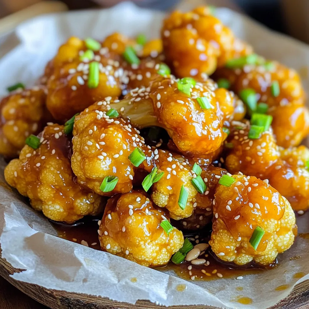 - 1 medium cauliflower, cut into florets - 1 cup all-purpose flour or gluten-free alternative - 1 cup unsweetened plant-based milk - 1 teaspoon garlic powder - 1 teaspoon onion powder - 1 teaspoon smoked paprika - Salt and pepper to taste - 1 teaspoon cayenne pepper, adjust for heat - 1/2 cup honey - 4 cloves garlic, minced - 2 tablespoons soy sauce - 1 tablespoon apple cider vinegar - Optional: 1 tablespoon sriracha for extra heat - Garnish: Chopped green onions and sesame seeds Gather these ingredients to create a tasty dish. The cauliflower serves as a great base. It has a mild flavor that pairs well with seasonings. The batter gives a crunchy coating that makes these wings fun to eat. The spices add depth to the flavor. Garlic powder and onion powder bring a savory touch. Smoked paprika gives a slight smokiness. Adjust the cayenne pepper to control the heat level. Honey and minced garlic in the sauce create a sweet and savory balance. Soy sauce and apple cider vinegar add umami and tang. If you want extra heat, add the sriracha. Finally, garnish with green onions and sesame seeds for a fresh touch. This mix of ingredients ensures you have a delicious and satisfying meal. - Preheat your oven to 450°F (230°C). - In a large bowl, mix 1 cup of flour, 1 cup of plant-based milk, 1 teaspoon of garlic powder, 1 teaspoon of onion powder, and 1 teaspoon of smoked paprika. Add salt, pepper, and 1 teaspoon of cayenne pepper. Whisk until smooth. - Take each cauliflower floret and dip it into the batter. Make sure it gets fully coated. Shake off any extra batter. - Place the coated florets on a baking sheet lined with parchment paper. Bake for 20 minutes, flipping halfway through. They should look crispy and golden. - In a small saucepan, combine 1/2 cup of honey, 4 cloves of minced garlic, 2 tablespoons of soy sauce, 1 tablespoon of apple cider vinegar, and 1 tablespoon of sriracha if you want extra heat. - Heat over medium heat until it simmers. Then, lower the heat and let it thicken for about 5 minutes. Stir it occasionally. - Once the cauliflower wings are done, take them out of the oven. Place them in a large bowl. Pour the sauce over the wings and toss until they are fully coated. - Return the coated wings to the baking sheet and bake for another 10 minutes. This helps caramelize the sauce and boosts the flavor. To get your cauliflower wings crispy, focus on the batter. You need the right mix of flour and milk. A thick batter sticks better to the florets. Make sure to dip each floret well, then shake off the extra. This helps create a crisp layer. Baking technique is key too. Preheat your oven to 450°F (230°C). This high heat creates a nice crunch. Bake the wings for 20 minutes. Flip them halfway through to cook evenly. After the first bake, coat them in sauce and bake again for 10 minutes. This will caramelize the sauce and keep the wings crispy. Want to change the heat? You can easily adjust the cayenne pepper and sriracha. If you prefer milder wings, cut the cayenne in half. You can also skip the sriracha. For extra heat, add more cayenne or sriracha. Test the sauce before tossing it with the wings. This way, you can find your perfect spice level. These wings pair great with side dishes. Try serving them with a fresh salad or vegetable sticks. They also go well with crispy fries or sweet potato wedges. For dipping, ranch and blue cheese dressing work wonders. You can even make a yogurt dip for a lighter twist. Serve your wings on a platter for a great presentation. Don’t forget to add chopped green onions and sesame seeds on top for a nice touch! {{image_2}} If you want to make these wings gluten-free, use a gluten-free flour mix instead of all-purpose flour. Some good options include almond flour, coconut flour, or a gluten-free all-purpose blend. When making the batter, check the thickness. It should be smooth but not too runny. You want it to stick well to the cauliflower. To make this recipe vegan, choose a dairy-free milk. Almond milk, soy milk, or oat milk work well. Instead of honey, you can use maple syrup or agave nectar. Both give a nice sweetness and match the flavors well. You can switch up the sauce for fun. Try adding lime juice for a tangy twist. If you want a smoky flavor, consider adding chipotle powder. You can also mix in sesame oil for a rich taste. For extra heat, toss in chili flakes or more sriracha. Get creative and find your favorite flavor! After you enjoy your spicy honey garlic cauliflower wings, you can store them well. First, let the wings cool down to room temperature. Then, place them in an airtight container. This helps keep them fresh. They will stay good in the fridge for about 3 days. If you want to keep them longer, you can freeze them. Just use a freezer-safe bag or container. Frozen wings can last up to 2 months. When you want to eat them again, just thaw in the fridge overnight before reheating. To reheat your wings and make them crispy again, the oven works best. Preheat your oven to 375°F (190°C). Spread the wings on a baking sheet and bake for about 10-15 minutes. This helps to crisp them up. If you use a microwave, the wings may get soft. To avoid this, place them on a microwave-safe plate. Cover them with a damp paper towel to keep them moist. Heat in short bursts of 30 seconds until warm. But remember, the oven gives a better result for crispiness. Enjoy your wings! Yes, you can prep these wings ahead. Start by preparing the batter and coating the cauliflower. Place the coated florets on a baking sheet. Cover and refrigerate them for up to 24 hours. When ready to bake, just take them out and follow the normal baking steps. This saves time and makes them easy to serve. These wings pair well with many sides. You can serve them with: - Fresh veggie sticks (carrots, celery, and cucumbers) - Creamy ranch dressing or blue cheese dip - A crisp side salad with a light vinaigrette - Sweet potato fries for a tasty crunch These sides complement the spicy wings nicely and make a complete meal. You can easily tweak this recipe to fit your taste. Here are some ideas: - Add more cayenne for extra heat or skip it for a milder flavor. - Mix in different spices like cumin or chili powder for a unique twist. - Try using maple syrup instead of honey for a vegan option. - Toss in some sesame oil for a richer flavor in the sauce. Feel free to get creative and adjust to your liking! This post detailed how to make delicious spicy honey garlic cauliflower wings. We covered key ingredients, step-by-step instructions, and helpful tips. From achieving the perfect crispiness to making vegan and gluten-free versions, you have options to fit your needs. Transforming simple cauliflower into a tasty snack is fun and easy. Serve these wings with your favorite dip for a great treat. Enjoy cooking and explore your flavor options!