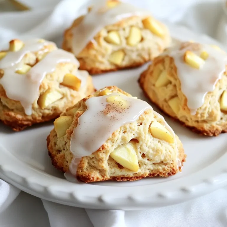 To make the best cinnamon apple scones, gather these ingredients: - 2 cups all-purpose flour - 1/4 cup granulated sugar - 1 tablespoon baking powder - 1/2 teaspoon salt - 1 teaspoon ground cinnamon - 1/2 cup unsalted cold butter, cubed - 1 medium apple, peeled and diced (about 1 cup) - 1/2 cup heavy cream - 1 large egg - 1 teaspoon vanilla extract - 1/2 cup powdered sugar (for glaze) - 1-2 tablespoons milk (for glaze) You can enhance your scones with these optional ingredients: - 1/2 cup chopped nuts, like walnuts or pecans - 1/4 cup raisins or dried cranberries - 1/2 teaspoon nutmeg for a warm spice touch - A pinch of sea salt for a flavor boost If you want to make adjustments, consider these alternatives: - Substitute whole wheat flour for all-purpose flour for added fiber. - Use coconut sugar instead of granulated sugar for a lower glycemic index. - Swap in almond milk or oat milk for heavy cream to make it dairy-free. - Replace the apple with pears or peaches for a fruity twist. These options allow you to customize your scones while keeping them delicious! Start by preheating your oven to 400°F (200°C). This step is key for even baking. While the oven heats, line a baking sheet with parchment paper. This keeps the scones from sticking and makes cleanup easy. In a large mixing bowl, whisk together 2 cups of all-purpose flour, 1/4 cup of granulated sugar, 1 tablespoon of baking powder, 1/2 teaspoon of salt, and 1 teaspoon of ground cinnamon. This mix gives the scones their base and flavor. Make sure there are no lumps. Next, add 1/2 cup of cold, cubed unsalted butter to the flour mix. Use a pastry cutter or your fingertips to blend it in. You want the mix to look like coarse crumbs. Then, fold in 1 medium apple, peeled and diced into about 1 cup. This adds sweetness and texture. In another bowl, whisk together 1/2 cup of heavy cream, 1 large egg, and 1 teaspoon of vanilla extract. This mixture adds moisture and flavor to the scones. Pour it into the dry mix and stir gently. It’s okay if there are small lumps; don’t overmix. Turn the dough out onto a lightly floured surface. Gently knead it a few times to bring it together. Pat the dough into a circle about 1 inch thick. Cut it into 8 wedges and place them on your prepared baking sheet. Space them about 1 inch apart. Bake for 15-18 minutes until golden brown on top. Let them cool for a few minutes before moving them to a wire rack. For the glaze, mix 1/2 cup of powdered sugar with 1-2 tablespoons of milk in a small bowl. Stir until smooth. If the glaze is too thick, add a little more milk. Drizzle this over the warm scones for a sweet finish. To make scones that are light and flaky, you need cold butter. Use unsalted butter and cube it before adding it to the flour. This keeps the butter from melting too fast. Mix the butter with the flour until it looks like coarse crumbs. Do not overmix the dough. Some lumps are okay. This helps keep the scones tender. If you want to swap ingredients, here are some great ideas. You can use whole wheat flour instead of all-purpose flour for a nutty taste. For a dairy-free option, replace heavy cream with coconut cream. Use maple syrup in place of granulated sugar for a unique flavor. You can also try using different apples, like Granny Smith or Honeycrisp, for varied sweetness. To keep your scones fresh, store them in an airtight container. This helps them stay soft. If you have leftovers, you can freeze them. Wrap each scone in plastic wrap, then place them in a freezer bag. When you're ready to eat, reheat them in the oven at 350°F (175°C) for about 10 minutes. This warms them up and makes them taste fresh again. {{image_2}} You can change the flavor of your scones by adding nuts or other fruits. Walnuts or pecans give a nice crunch. Chopped nuts mix well with the sweet apple. If you want a fruity twist, try adding dried cranberries or raisins. Use about 1/2 cup of your choice. Mix them in when you add the diced apple. This adds flavor and texture to your scones. For a cozy fall flavor, add warm spices to your scones. You can mix in nutmeg, cloves, or allspice. Use about 1/4 teaspoon of each spice for a nice balance. This will give your scones a comforting taste. It’s perfect for chilly mornings with a cup of tea or coffee. Just add these spices when you mix your dry ingredients. If you need a gluten-free option, swap regular flour for gluten-free flour. Many brands offer a 1:1 blend that works well. Make sure to check the package for the right amount. You might also want to add a bit of xanthan gum to help your scones rise. Use about 1/2 teaspoon per cup of flour. This way, everyone can enjoy these tasty scones. To keep your scones fresh, store them in an airtight container. This helps maintain moisture and flavor. Place a sheet of parchment paper between layers of scones to avoid sticking. Keep the container at room temperature for the best results. Avoid the fridge, as cold air can dry them out. Freezing scones is easy and a great way to save leftovers. Start by letting the baked scones cool completely. Wrap each scone tightly in plastic wrap. Then, place them in a freezer-safe bag or container. They can last up to three months in the freezer. When you’re ready to enjoy, thaw them at room temperature or warm them in the oven. Fresh scones are best enjoyed within two days. After that, they may start to lose their softness. If stored properly, scones can stay good for about a week at room temperature. Always check for any signs of spoilage before consuming. Proper storage keeps your cinnamon apple scones tasty and delightful! Yes, you can use other apples for these scones. I like using Granny Smith for a tart flavor. Honeycrisp is also great for sweetness. You can even mix different apples for fun tastes. Just make sure they are firm to hold their shape when baked. To make these scones dairy-free, swap out the butter for a dairy-free option like coconut oil or vegan butter. Use almond or oat milk instead of heavy cream. These swaps work well and keep the scones tasty and fluff. Cinnamon apple scones pair well with many things. You can serve them with fresh fruit or yogurt. A cup of tea or coffee makes a great match too! If you want a sweet touch, try adding a smear of jam or clotted cream. Absolutely! You can make the dough and chill it for up to 24 hours. Wrap it well in plastic wrap to keep it fresh. When you are ready, just slice and bake. This makes it easy to enjoy warm scones anytime! Cinnamon apple scones are easy and fun to make. We covered ingredients, steps, tips, and variations to help you bake the perfect scone. Remember, you can customize these to suit your taste. Use different apples, add nuts, or even go gluten-free. Don’t forget to store them well, so they stay fresh longer. I hope you enjoy baking and sharing these tasty treats!